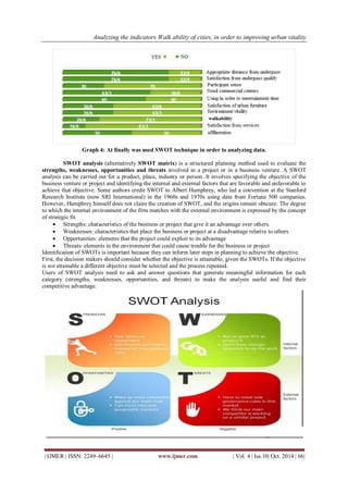 Analyzing the indicators Walk ability of cities, in order to improving urban vitality 
| IJMER | ISSN: 2249–6645 | www.ijmer.com | Vol. 4 | Iss.10| Oct. 2014 | 66| 
Graph 4: At finally was used SWOT technique in order to analyzing data. 
SWOT analysis (alternatively SWOT matrix) is a structured planning method used to evaluate the strengths, weaknesses, opportunities and threats involved in a project or in a business venture. A SWOT analysis can be carried out for a product, place, industry or person. It involves specifying the objective of the business venture or project and identifying the internal and external factors that are favorable and unfavorable to achieve that objective. Some authors credit SWOT to Albert Humphrey, who led a convention at the Stanford Research Institute (now SRI International) in the 1960s and 1970s using data from Fortune 500 companies. However, Humphrey himself does not claim the creation of SWOT, and the origins remain obscure. The degree to which the internal environment of the firm matches with the external environment is expressed by the concept of strategic fit. 
 Strengths: characteristics of the business or project that give it an advantage over others. 
 Weaknesses: characteristics that place the business or project at a disadvantage relative to others 
 Opportunities: elements that the project could exploit to its advantage 
 Threats: elements in the environment that could cause trouble for the business or project 
Identification of SWOTs is important because they can inform later steps in planning to achieve the objective. First, the decision makers should consider whether the objective is attainable, given the SWOTs. If the objective is not attainable a different objective must be selected and the process repeated. Users of SWOT analysis need to ask and answer questions that generate meaningful information for each category (strengths, weaknesses, opportunities, and threats) to make the analysis useful and find their competitive advantage. 
 