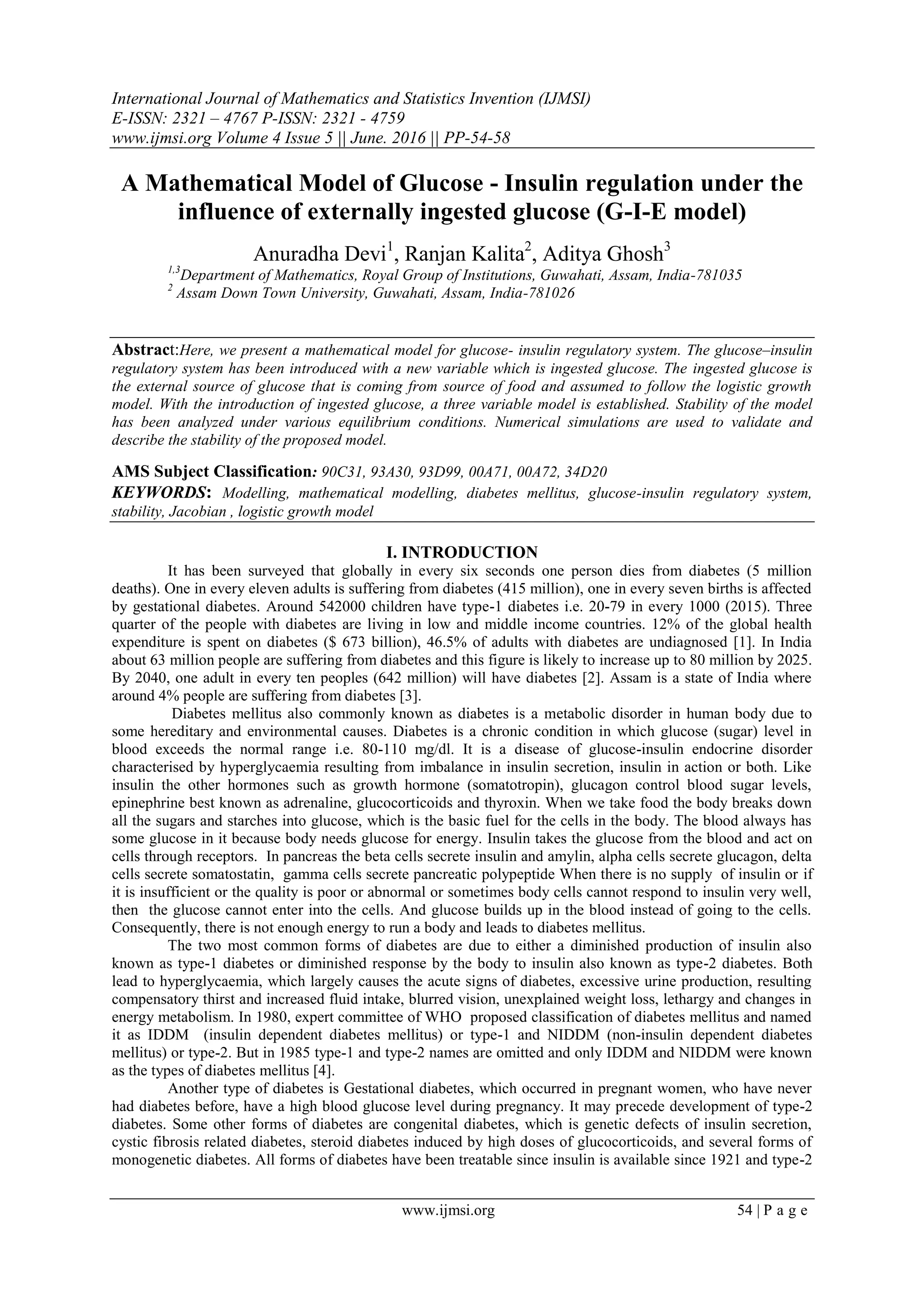 A Mathematical Model of Glucose - Insulin regulation under the ...