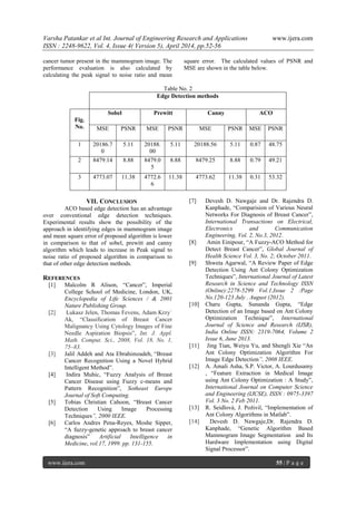 Varsha Patankar et al Int. Journal of Engineering Research and Applications www.ijera.com
ISSN : 2248-9622, Vol. 4, Issue 4( Version 5), April 2014, pp.52-56
www.ijera.com 55 | P a g e
cancer tumor present in the mammogram image. The
performance evaluation is also calculated by
calculating the peak signal to noise ratio and mean
square error. The calculated values of PSNR and
MSE are shown in the table below.
Table No. 2
Edge Detection methods
Fig.
No.
Sobel Prewitt Canny ACO
MSE PSNR MSE PSNR MSE PSNR MSE PSNR
1 20186.7
0
5.11 20188.
00
5.11 20188.56 5.11 0.87 48.75
2 8479.14 8.88 8479.0
5
8.88 8479.25 8.88 0.79 49.21
3 4773.07 11.38 4772.6
6
11.38 4773.62 11.38 0.31 53.32
VII. CONCLUSION
ACO based edge detection has an advantage
over conventional edge detection techniques.
Experimental results show the possibility of the
approach in identifying edges in mammogram image
and mean square error of proposed algorithm is lower
in comparison to that of sobel, prewitt and canny
algorithm which leads to increase in Peak signal to
noise ratio of proposed algorithm in comparison to
that of other edge detection methods.
REFERENCES
[1] Malcolm R Alison, “Cancer”, Imperial
College School of Medicine, London, UK,
Encyclopedia of Life Sciences / & 2001
Nature Publishing Group.
[2] Lukasz Jelen, Thomas Fevens, Adam Krzy˙
Ak, “Classification of Breast Cancer
Malignancy Using Cytology Images of Fine
Needle Aspiration Biopsis”, Int. J. Appl.
Math. Comput. Sci., 2008, Vol. 18, No. 1,
75–83.
[3] Jalil Addeh and Ata Ebrahimzadeh, “Breast
Cancer Recognition Using a Novel Hybrid
Intelligent Method”.
[4] Indira Muhic, “Fuzzy Analysis of Breast
Cancer Disease using Fuzzy c-means and
Pattern Recognition”, Sotheast Europe
Journal of Soft Computing.
[5] Tobias Christian Cahoon, “Breast Cancer
Detection Using Image Processing
Techniques”, 2000 IEEE.
[6] Carlos Andres Pena-Reyes, Moshe Sipper,
“A fuzzy-genetic approach to breast cancer
diagnosis” Artificial Intelligence in
Medicine, vol.17, 1999. pp. 131-155.
[7] Devesh D. Nawgaje and Dr. Rajendra D.
Kanphade, “Comparision of Various Neural
Networks For Diagnosis of Breast Cancer”,
International Transactions on Electrical,
Electronics and Communication
Engineering, Vol. 2, No.3, 2012.
[8] Amin Einipour, “A Fuzzy-ACO Method for
Detect Breast Cancer”, Global Journal of
Health Science Vol. 3, No. 2; October 2011.
[9] Shweta Agarwal, “A Review Paper of Edge
Detection Using Ant Colony Optimization
Techniques”, International Journal of Latest
Research in Science and Technology ISSN
(Online):2278-5299 Vol.1,Issue 2 :Page
No.120-123 July . August (2012).
[10] Charu Gupta, Sunanda Gupta, “Edge
Detection of an Image based on Ant Colony
Optimization Technique”, International
Journal of Science and Research (IJSR),
India Online ISSN: 2319-7064, Volume 2
Issue 6, June 2013.
[11] Jing Tian, Weiyu Yu, and Shengli Xie “An
Ant Colony Optimization Algorithm For
Image Edge Detection”, 2008 IEEE.
[12] A. Amali Asha, S.P. Victor, A. Lourdusamy
, “Feature Extraction in Medical Image
using Ant Colony Optimization : A Study”,
International Journal on Computer Science
and Engineering (IJCSE), ISSN : 0975-3397
Vol. 3 No. 2 Feb 2011.
[13] R. Seidlová, J. Poživil, “Implementation of
Ant Colony Algorithms in Matlab”.
[14] Devesh D. Nawgaje,Dr. Rajendra D.
Kanphade, “Genetic Algorithm Based
Mammogram Image Segmentation and Its
Hardware Implementation using Digital
Signal Processor”.
 