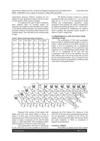 Syed Anwar Ahmed et al Int. Journal of Engineering Research and Applications www.ijera.com
ISSN : 2248-9622, Vol. 4, Issue 5( Version 7), May 2014, pp.56-61
www.ijera.com 59 | P a g e
requirements decrease. Radix-8 recoding [5], [7]
applies the same algorithm as radix-4, but now in this
we take quartets of bits instead of triplets.
To implement the radix-4 table in hardware
three different types of encoded signals are
generated, this signals are then provided as an inputs
to the partial product generator, thus partial product
generator produces the partial product based on the
encoded signals. The truth table can be realized using
k-maps.
Table 2. Radix-4 booth encoding in hardware
Yn+1 Yn Yn-1 Zn X_a X_b neg
0 0 0 0 0 0 0
0 0 1 1 1 0 0
0 1 0 1 1 0 0
0 1 1 2 0 1 0
1 0 0 -2 0 1 1
1 0 1 -1 1 0 1
1 1 0 -1 1 0 1
1 1 1 0 0 0 0
The Booth-3 scheme is based on a radix-8
encoding to reduce this number to n’ = [(n+1)/3]. All
digit sets {0, ±1, ±2, ±3, ±4} are obtained by simple
shifting and complementary operations, except
generation of the multiple 3X, which is computed by
an adding and shifting operation, 3X = 2X+X and -
3X can be generated by complement 3X. Radix-4
booth encoding that generates partial products is
shown in Table 1 respectively.
3.4 PROPOSED CSA AND ACCUMULATOR
ARCHITECTURE
The architecture of CSA and accumulator
based on radix-4 modified booth encoder is shown in
Figure 3 which performs 8×8 bit MAC operation. In
Figure 3, Ni is to compensate the 1′s complement
number into 2′s complement, Si is to specify the sign
expansion of the corresponding partial product and
(~Si) is 1′s complement of Si. S[i] and C[i]
corresponds to the ith bit of the feedback sum and
carry whereas Z[i] is the ith bit of the sum of lower
bits for each partial product. S′[i], C′[i] and Z′[i] are
the previous result for accumulation. In addition, Pj[i]
is the ith bit of jth partial product.
Proposed CSA consists of full adders, half
adders and carry look ahead adders as shown in
Figure 3. In this, series of CLA adders are used to
generate the lower 8-bits of the final result. The white
square in Figure 3 represents an FA and the black
square is a half adder (HA). The rectangular symbol
with five inputs is a 2-bit CLA with a carry input.
The critical path in this CSA is determined
by the 2-bit CLA. It is also possible to use FAs to
implement the CSA without CLA. However, if the
lower bits of the previously generated partial product
are not processed in advance by the CLAs, the
number of bits for the final adder will increase. When
the entire multiplier or MAC is considered, it
degrades the performance.
3.5 FINAL ADDER
Final adders are digital circuits that compute
 