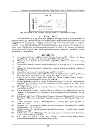 Clustering Approach in Route Selection Using Mobile Agent in Mobile Ad-Hoc Network

                                                                         Chart Title

                                                       200




                               attempts to be the CH
                                Number of MN's that
                                                       150                              lowest ID
                                                       100                              b,e,m-clustering

                                                       50                               LDVP

                                                         0                              Max connect

                                                             25   50   75 100 125 150


            Fig.6 Number of MNs that Attempted to become the CH as a function of Node Degree.

                                                             V.         CONCLUSIONS
          The main objective is to use mobile agent technology for route selection in ad-hoc networks with
purpose to improve over traditional schemes in terms of performance, scalability and stability of clusters. A new
clustering approach that makes use of intelligent mobility prediction and location information in new long-term
MANETs was proposed in this paper. [1]This clustering approach is to enable the development of an
automated, intelligent[3],efficient and robust management architecture. To facilitate this, we introduced the
virtual cluster concept. in the network management perspective, it results in the following uniquebenefit:
[4] We could predict a specific MN‟s future positions and continue managerial              operations     without
interruptions in a proactive way

                                                                   REFERENCES
[1].     S.Sivavakeesar, G.Pavlou, and Liotta, “Stable Clustering Through Mobility Prediction for Large-
         Scale Multihop Intelligent Ad Hoc Networks|”, IEEE WCNC 2004, in press.
[2].     Muhammad Arshad ,Nasrullah Armi, Nidal Kamel and N. M.Saad.“Mobile data collector based routing
         protocol for
[3].     wireless sensor networks”.Scientific Research and Essays Vol. 6(29), pp. 6162-6175, 30 November,
         2011.
[4].     G.Santhi and Alamelu Nachiappan ,”Adaptive QoS Multicast Routing with Mobility Prediction in
         MANET” ,Int.
[5].     Journal of Ad hoc, Sensor & Ubiquitous Computing, 2010,vol.1,No.3
[6].     Bita Safarzadeh, ShahramJamali, HamedAlimohammadi, “ A High Performance Scalable QoS Routing
         Protocol for Mobile Ad Hoc Network”, Int. J. Comp. Tech. Appl. ,vol 2 (2), 332-339.
[7].     P.Basu, N.Khan, F. Znati, “Mobility Based Metric for Clustering in Mobile Ad Hoc Networks”,
         Workshop on Distributed Computing System, 2001,pp.413-418.
[8].     Barolli L, Koyama A, Shiratori N, “ A QoS Routing Method for Ad-Hoc Networks Based on Genetic
         Algorithm”, In: Proceeding of the 14th international workshop ondatabase and expert system
         applications,2003, pp.175-179.
[9].     Du X,”QoS Routing Based on Multi-Class Nodes for Mobile Ad Hoc Networks”, Ad Hoc
         Network,2004,pp.241-254.
[10].    Sun H, Hughes HD, “Adaptive QoS Routing Based on Prediction of Local Performance in Ad Hoc
         Network”, In: Proceeding of IEEE conference on wireless communication and networking ,2003, pp.
         1191-1195
[11].    B.McDonald, and F.Znati, “A Mobility-Based Framework for AdaptiveClustering in Wireless Ad Hoc
         Networks”, IEEE Journal on SelectedAreas in Communications, vol. 17, August 1999, pp 1466 –
         1487.
[12].    XiangbinZhu,Wenjuan Zhang.“A MobileAgent-based Clustering Data FusionAlgorithm in
         WSN”,IJECE-2010.
[13].    McDonald et al., “Path availability model for wireless ad hoc networks” Proceeding of IEEE wireless
         communications, 1999, (WCNC ‟99).
[14].    Jiang Shengming et al., “A prediction based link availability estimation for mobile ad-hoc networks”
         IEEE Infocom, 2001.
[15].    SuW.Lee Sung-Ju et al., “ Mobility predictin and routing in ad-hoc wireless networks”» International
         Journal of Network Management, 2001.
[16].    C.-C. Chiang, H.-K. Wu, W. Liu, M. Gerla, “Routing in Clustered Multihop, Mobile Wireless
         Networks with Fading Channel,” Proceedings of SICON 1997.



                                                                             73
 