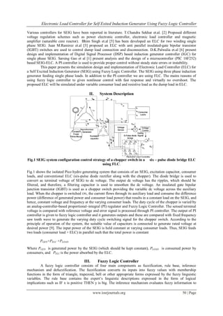 Electronic Load Controller for Self Exited Induction Generator Using Fuzzy Logic Controller
www.iosrjournals.org 50 | Page
Various controllers for SEIG have been reported in literature. T.Chandra Sekhar et.al. [2] Proposed different
voltage regulation schemes such as power electronic controller, electronic load controller and magnetic
amplifier (saturable core reactor). Bhim Singh et.al [5] has been developed an ELC for two winding single
phase SEIG. Juan M.Ramirez et.al [3] proposed an ELC with anti parallel insulated-gate bipolar transistor
(IGBT) switches are used to control dump load connection and disconnection. D.K.Palwalia et.al [6] present
design and implementation of Digital Signal Processor (DSP) based induction generator controller (IGC) for
single phase SEIG. Sarsing Gao et al [1] present analysis and the design of a microcontroller (PIC 18F252)
based SEIG-ELC. A PI controller is used to provide proper control without steady state errors or instability.
This paper presents the simulation design and implementation of Electronic Load Controller (ELC) for
a Self Excited Induction Generator (SEIG) using Fuzzy Logic Controller. The SEIG using three phase induction
generator feeding single phase loads. In addition to the PI controller we are using FLC. The mains reasons of
using fuzzy logic controller to gives nonlinear control with fast response and virtually no overshoot. The
proposed ELC will be simulated under variable consumer load and resistive load as the dump load in ELC.
II. System Description
Fig.1 SEIG system configuration control strategy of a chopper switch in a six – pulse diode bridge ELC
using FLC.
Fig.1 shows the isolated Pico hydro generating system that consists of an SEIG, excitation capacitor, consumer
loads, and conventional ELC (six-pulse diode rectifier along with the chopper). The diode bridge is used to
convert ac terminal voltage of SEIG to dc voltage. The output dc voltage has the ripples, which should be
filtered, and therefore, a filtering capacitor is used to smoothen the dc voltage. An insulated gate bipolar
junction transistor (IGBT) is used as a chopper switch providing the variable dc voltage across the auxiliary
load. When the chopper is switched ON, the current flows through its auxiliary load and consume the difference
power (difference of generated power and consumer load power) that results in a constant load on the SEIG, and
hence, constant voltage and frequency at the varying consumer loads. The duty cycle of the chopper is varied by
an analog-controller-based proportional–integral (PI) regulator and Fuzzy Logic Controller. The sensed terminal
voltage is compared with reference voltage and error signal is processed through PI controller. The output of PI
controller is given to fuzzy logic controller and it generates outputs and these are compared with fixed frequency
saw tooth wave to generate the varying duty cycle switching signal for the chopper switch. According to the
principle of operation of the system, the suitable value of capacitors is connected to generate rated voltage at
desired power [9]. The input power of the SEIG is held constant at varying consumer loads. Thus, SEIG feeds
two loads (consumer load + ELC) in parallel such that the total power is constant
PGEN=PELC +PLOAD
Where PGEN is generated power by the SEIG (which should be kept constant), PLOAD is consumed power by
consumers, and PELC is the power absorbed by the ELC.
III. Fuzzy Logic Controller
A fuzzy logic controller consists of four main components as fuzzification, rule base, inference
mechanism and defuzzification. The fuzzification converts its inputs into fuzzy values with membership
functions in the form of triangle, trapezoid, bell or other appropriate forms expressed by the fuzzy linguistic
variables. The rule base contains the expert’s linguistic descriptions expressed in the form of logical
implications such as IF x is positive THEN y is big. The inference mechanism evaluates fuzzy information to
 