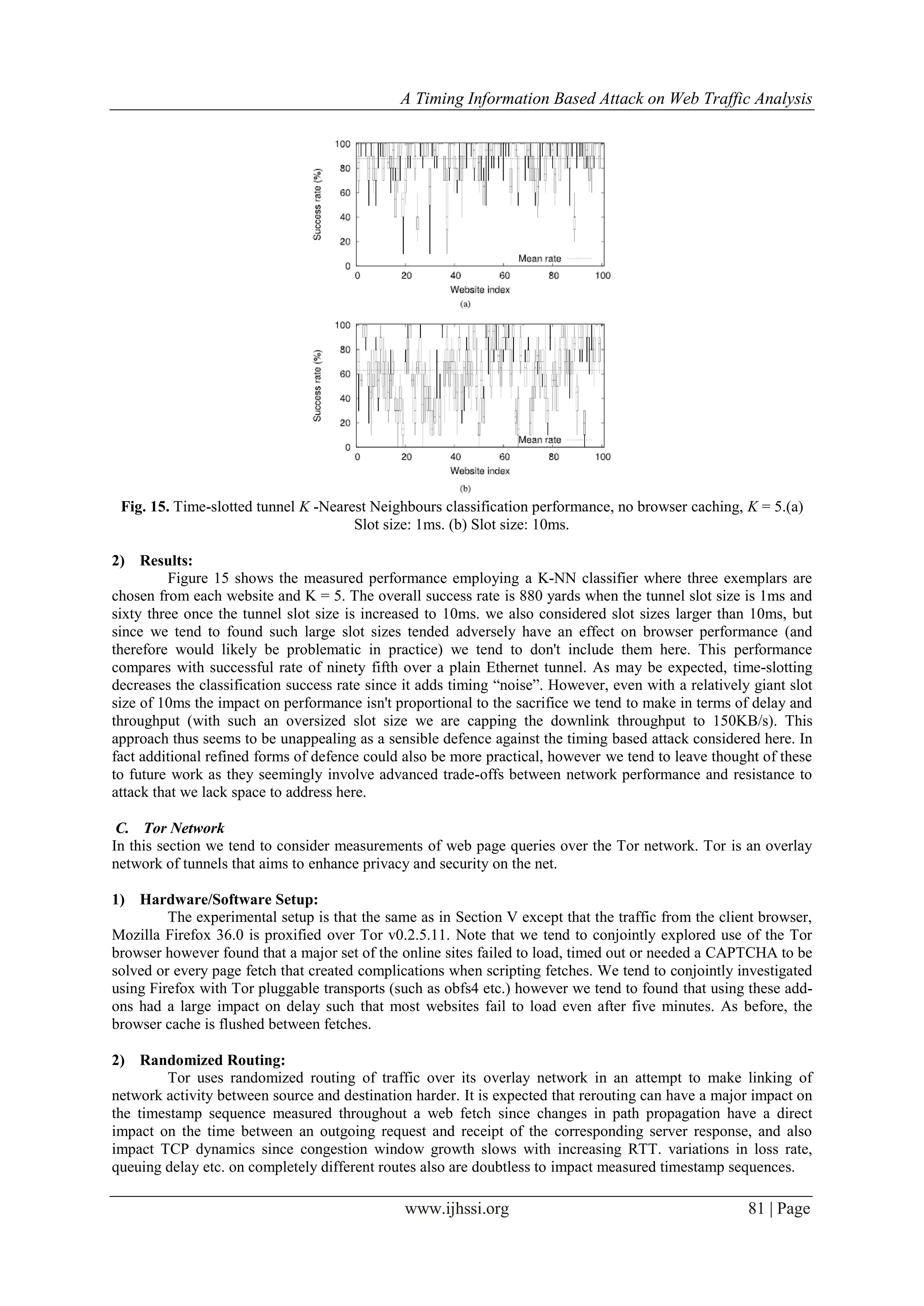 A Timing Information Based Attack on Web Traffic Analysis
www.ijhssi.org 81 | Page
Fig. 15. Time-slotted tunnel K -Nearest Neighbours classification performance, no browser caching, K = 5.(a)
Slot size: 1ms. (b) Slot size: 10ms.
2) Results:
Figure 15 shows the measured performance employing a K-NN classifier where three exemplars are
chosen from each website and K = 5. The overall success rate is 880 yards when the tunnel slot size is 1ms and
sixty three once the tunnel slot size is increased to 10ms. we also considered slot sizes larger than 10ms, but
since we tend to found such large slot sizes tended adversely have an effect on browser performance (and
therefore would likely be problematic in practice) we tend to don't include them here. This performance
compares with successful rate of ninety fifth over a plain Ethernet tunnel. As may be expected, time-slotting
decreases the classification success rate since it adds timing “noise”. However, even with a relatively giant slot
size of 10ms the impact on performance isn't proportional to the sacrifice we tend to make in terms of delay and
throughput (with such an oversized slot size we are capping the downlink throughput to 150KB/s). This
approach thus seems to be unappealing as a sensible defence against the timing based attack considered here. In
fact additional refined forms of defence could also be more practical, however we tend to leave thought of these
to future work as they seemingly involve advanced trade-offs between network performance and resistance to
attack that we lack space to address here.
C. Tor Network
In this section we tend to consider measurements of web page queries over the Tor network. Tor is an overlay
network of tunnels that aims to enhance privacy and security on the net.
1) Hardware/Software Setup:
The experimental setup is that the same as in Section V except that the traffic from the client browser,
Mozilla Firefox 36.0 is proxified over Tor v0.2.5.11. Note that we tend to conjointly explored use of the Tor
browser however found that a major set of the online sites failed to load, timed out or needed a CAPTCHA to be
solved or every page fetch that created complications when scripting fetches. We tend to conjointly investigated
using Firefox with Tor pluggable transports (such as obfs4 etc.) however we tend to found that using these add-
ons had a large impact on delay such that most websites fail to load even after five minutes. As before, the
browser cache is flushed between fetches.
2) Randomized Routing:
Tor uses randomized routing of traffic over its overlay network in an attempt to make linking of
network activity between source and destination harder. It is expected that rerouting can have a major impact on
the timestamp sequence measured throughout a web fetch since changes in path propagation have a direct
impact on the time between an outgoing request and receipt of the corresponding server response, and also
impact TCP dynamics since congestion window growth slows with increasing RTT. variations in loss rate,
queuing delay etc. on completely different routes also are doubtless to impact measured timestamp sequences.
 
