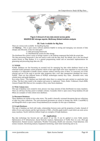 An Comprehensive Study Of Big Data…
www.ijceronline.com Open Access Journal Page 64
Figure 3:Amount of new data stored across globe
SOURCE:IDC storage reports; McKinsey Global Institute analysis
III. Tools Available for Big Data
There are various tools available for handling big data
3.1 Hadoop.: This is open source software platform helpful in storing and managing vast amounts of data
cheaply and efficiently. It has two main parts –
i) Data processing framework
ii) Distributed file system for data storage.
The distributed file system is array of storage clusters i,e the Hadoop component that holds the actual data
The data processing framework is the tool used to work with the data itself. By default, this is the Java-based
system known as Map Reduce. It is a general programming model and an associated implementation for
generating and processing large data sets. [8]
3.2 NOSQL
NoSQL databases are fast becoming an essential tool for managing big data while databases based on the
relational model guarantee certain properties which at first sight might seem more important or even necessary
nowadays it is impossible to handle certain volumes without relaxing some of them. It is precisely out of this
relaxing and out of the need to provide other properties that a new data management paradigm has arisen:
NoSQL. There are four different forms of NOSQL technologies namely Key value , document store, wide
column stores and graph databases.
Key-values Stores : This database uses hash table where there is a unique key and a pointer to a particular item
of data. The Key/value model is the simplest and easiest to implement. Tokyo, Redis, Voldemort, Oracle BDB,
Amazon Simple DB, Riak are few examples of Key value Stores databases.
3.3 Wide Column store
This type of database were created to store, process very large amounts of data distributed over many machines.
There are still keys but they point to multiple columns. Cassandra which is open source Nosql database [9] and
Hbase are examples of wide column store databases.
3.4 Document Databases
These databases are similar to key-value stores. The model is basically versioned documents that are collections
of other key-value collections. The semi-structured documents are stored in formats like JSON. CouchDB[12]
and MongoDb which is open source Nosql database[9] are examples for this type of databases.
3.5 Graph Databases
This type of database are built with nodes, relationships between notes and the properties of nodes. Instead of
tables of rows and columns and the rigid structure of SQL, a flexible graph model is used which can scale across
many machines. Neo4J, InfoGrid, Infinite Graph are examples of Graph databases.
IV .Applications
Big data technology has become part and parcel of our life. It can be applied in every fields namely
Optimization of IT Infrastructure ,Social Network Analysis, Optimization of Traffic flow in a city ,Web app
Optimization, Natural resource exploration, Weather Forecasting ,Health care outcomes, Fraud detection, Life
science research, Advertising analysis, Equipment monitoring, smart meter monitoring and so on.
 