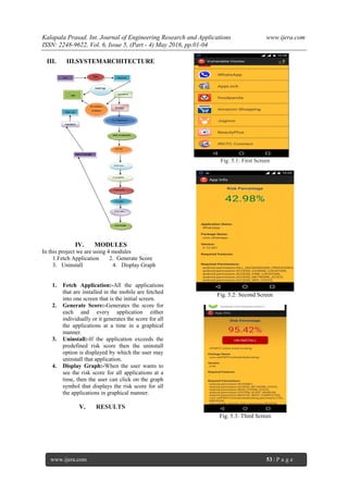 Kalapala Prasad. Int. Journal of Engineering Research and Applications www.ijera.com
ISSN: 2248-9622, Vol. 6, Issue 5, (Part - 4) May 2016, pp.01-04
www.ijera.com 53 | P a g e
III. III.SYSTEMARCHITECTURE
IV. MODULES
In this project we are using 4 modules
1.Fetch Application 2. Generate Score
3. Uninstall 4. Display Graph
1. Fetch Application:-All the applications
that are installed in the mobile are fetched
into one screen that is the initial screen.
2. Generate Score:-Generates the score for
each and every application either
individually or it generates the score for all
the applications at a time in a graphical
manner.
3. Uninstall:-If the application exceeds the
predefined risk score then the uninstall
option is displayed by which the user may
uninstall that application.
4. Display Graph:-When the user wants to
see the risk score for all applications at a
time, then the user can click on the graph
symbol that displays the risk score for all
the applications in graphical manner.
V. RESULTS
Fig. 5.1: First Screen
Fig. 5.2: Second Screen
Fig. 5.3: Third Screen
 