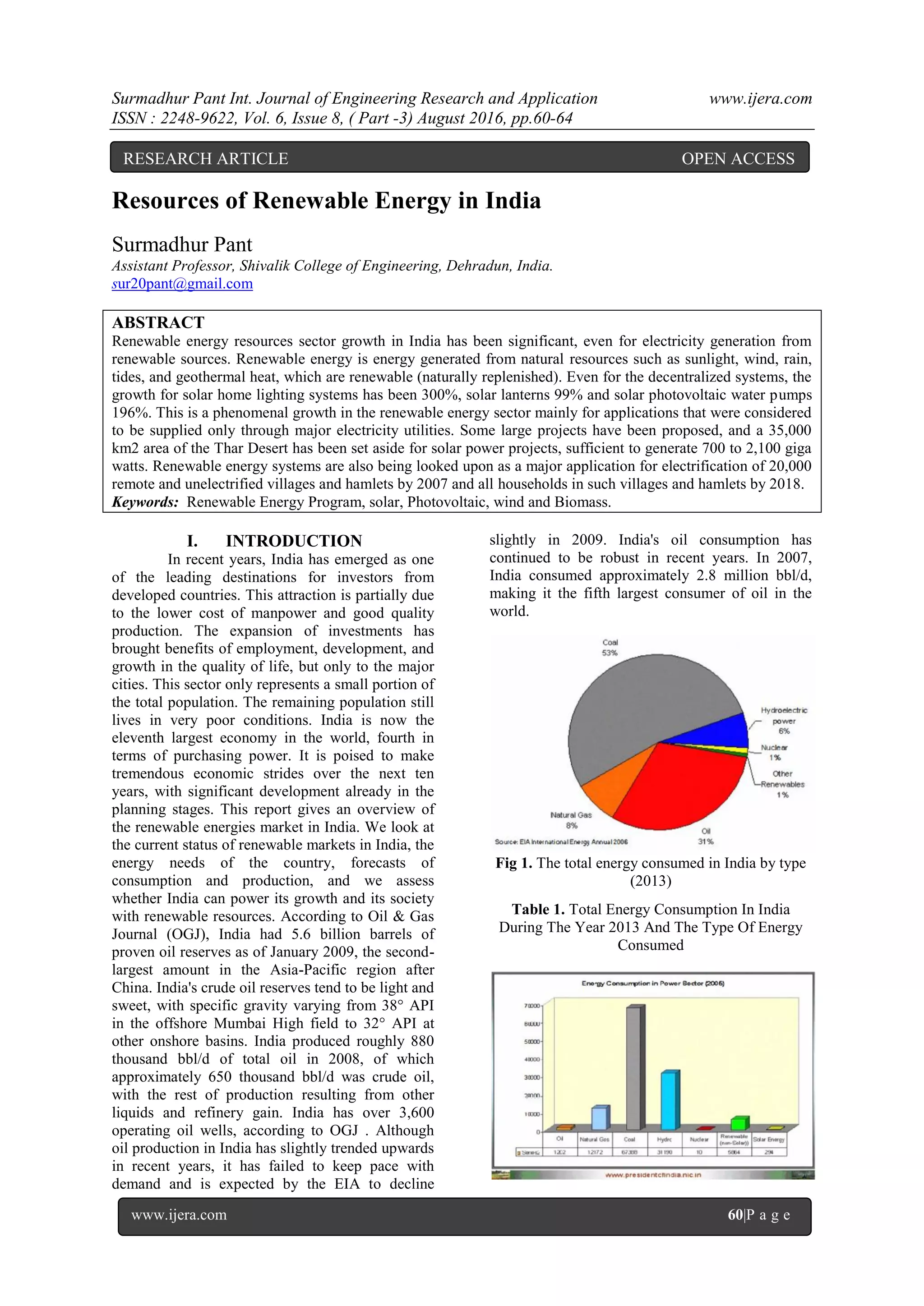 Resources of Renewable Energy in India | PDF