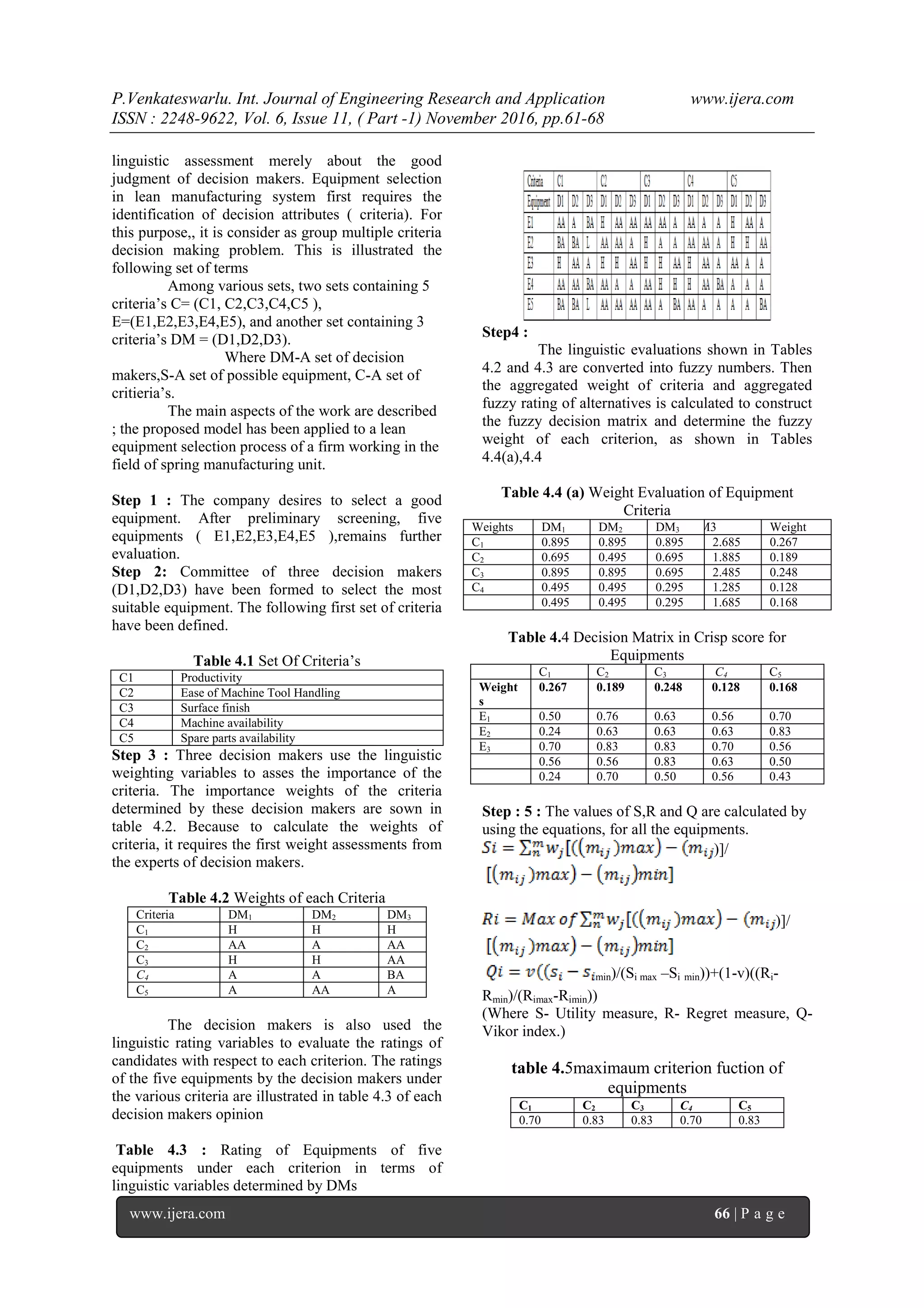 P.Venkateswarlu. Int. Journal of Engineering Research and Application www.ijera.com
ISSN : 2248-9622, Vol. 6, Issue 11, ( Part -1) November 2016, pp.61-68
www.ijera.com 66 | P a g e
linguistic assessment merely about the good
judgment of decision makers. Equipment selection
in lean manufacturing system first requires the
identification of decision attributes ( criteria). For
this purpose,, it is consider as group multiple criteria
decision making problem. This is illustrated the
following set of terms
Among various sets, two sets containing 5
criteria’s C= (C1, C2,C3,C4,C5 ),
E=(E1,E2,E3,E4,E5), and another set containing 3
criteria’s DM = (D1,D2,D3).
Where DM-A set of decision
makers,S-A set of possible equipment, C-A set of
critieria’s.
The main aspects of the work are described
; the proposed model has been applied to a lean
equipment selection process of a firm working in the
field of spring manufacturing unit.
Step 1 : The company desires to select a good
equipment. After preliminary screening, five
equipments ( E1,E2,E3,E4,E5 ),remains further
evaluation.
Step 2: Committee of three decision makers
(D1,D2,D3) have been formed to select the most
suitable equipment. The following first set of criteria
have been defined.
Table 4.1 Set Of Criteria’s
C1 Productivity
C2 Ease of Machine Tool Handling
C3 Surface finish
C4 Machine availability
C5 Spare parts availability
Step 3 : Three decision makers use the linguistic
weighting variables to asses the importance of the
criteria. The importance weights of the criteria
determined by these decision makers are sown in
table 4.2. Because to calculate the weights of
criteria, it requires the first weight assessments from
the experts of decision makers.
Table 4.2 Weights of each Criteria
Criteria DM1 DM2 DM3
C1 H H H
C2 AA A AA
C3 H H AA
C4 A A BA
C5 A AA A
The decision makers is also used the
linguistic rating variables to evaluate the ratings of
candidates with respect to each criterion. The ratings
of the five equipments by the decision makers under
the various criteria are illustrated in table 4.3 of each
decision makers opinion
Table 4.3 : Rating of Equipments of five
equipments under each criterion in terms of
linguistic variables determined by DMs
Step4 :
The linguistic evaluations shown in Tables
4.2 and 4.3 are converted into fuzzy numbers. Then
the aggregated weight of criteria and aggregated
fuzzy rating of alternatives is calculated to construct
the fuzzy decision matrix and determine the fuzzy
weight of each criterion, as shown in Tables
4.4(a),4.4
Table 4.4 (a) Weight Evaluation of Equipment
Criteria
Weights DM1 DM2 DM3 DM3 Weight
C1 0.895 0.895 0.895 2.685 0.267
C2 0.695 0.495 0.695 1.885 0.189
C3 0.895 0.895 0.695 2.485 0.248
C4 0.495 0.495 0.295 1.285 0.128
C5 0.495 0.495 0.295 1.685 0.168
Table 4.4 Decision Matrix in Crisp score for
Equipments
C1 C2 C3 C4 C5
Weight
s
0.267 0.189 0.248 0.128 0.168
E1 0.50 0.76 0.63 0.56 0.70
E2 0.24 0.63 0.63 0.63 0.83
E3 0.70 0.83 0.83 0.70 0.56
E4 0.56 0.56 0.83 0.63 0.50
E5 0.24 0.70 0.50 0.56 0.43
Step : 5 : The values of S,R and Q are calculated by
using the equations, for all the equipments.
)]/
)]/
min)/(Si max –Si min))+(1-v)((Ri-
Rmin)/(Rimax-Rimin))
(Where S- Utility measure, R- Regret measure, Q-
Vikor index.)
table 4.5maximaum criterion fuction of
equipments
C1 C2 C3 C4 C5
0.70 0.83 0.83 0.70 0.83
 