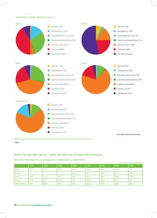 COMPOSIÇÃO DA MATRIZ ENERGÉTICA EM 2011
RÚSSIA
Carvão e Turfa 15,8%
Petróleo 21,6%
Gás Natural 53,4%
Nuclear 6,2%
Hidroelétrica 1,9%
Biocombustível e lixo 1%
Geotérmica/Solar/Eólica 0,1%
BRASIL
Carvão e Turfa 5,8%
Petróleo 40,8%
Gás Natural 8,6%
Nuclear 1,5%
Hidroelétrica 13,8%
Biocombustível e lixo 29,2%
Geotérmica/Solar/Eólica 0,3%
AFRICA DO SUL
CHINA
Carvão e Turfa 68,2%
Petróleo 16,2%
Gás Natural 3,9%
Nuclear 0,8%
Hidroelétrica 2,2%
Biocombustível e lixo 7,9%
Geotérmica/Solar/Eólica 0,8%
INDIA
Carvão e Turfa 43,5%
Petróleo 22,1%
Gás Natural 6,7%
Nuclear 1,2%
Hidroelétrica 1,5%
Biocombustível e lixo 24,7%
Geotérmica/Solar/Eólica 0,3%
Carvão e Turfa 69,4%
Petróleo 14,9%
Gás Natural 2,7%
Nuclear 2,5%
Hidroelétrica 0,1%
Biocombustível e lixo 10,3%
Geotérmica/Solar/Eólica 0,1%
Fonte: Agência Intenacional de Energia
58 | SUSTENTABILIDADE SOCIOAMBIENTAL NOS BRICS
7
Idem.
PERFIL DE EMISSÕES DE CO2
– SÉRIE HISTÓRICA DE SETORES SELECIONADOS
EMISSÕES PROVENIENTES DA GERAÇÃO DE ELETRICIDADE (% COMBUSTÃO)
1975 1980 1985 1990 1995 2000 2005 2010
Brasil 10,7 11,3 14,1 14,3 13,3 16,5 18,2 18
Rússia 55,9 60 60,9 61,6 56,6
Índia 27,7 31,4 37,7 43,4 51,2 56,7 58,9 57,6
China 17,9 25 25,9 32,2 39,3 48,8 52,7 53
África do Sul 48,1 46,6 54,4 56,3 60,6 63,5 63,8 69,2
Fonte: Agência Internacional de Energia
 