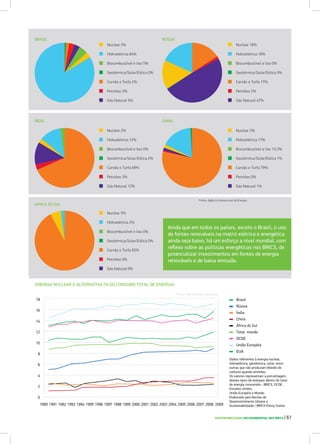 SUSTENTABILIDADE SOCIOAMBIENTAL NOS BRICS | 61
Fonte: Agência Intenacional de Energia
AFRICA DO SUL
Carvão e Turfa 93%
Petróleo 0%
Gás Natural 0%
Nuclear 5%
Hidroelétrica 2%
Biocombustível e lixo 0%
Geotérmica/Solar/Eólica 0%
BRASIL
Carvão e Turfa 2%
Petróleo 3%
Gás Natural 3%
Nuclear 3%
Hidroelétrica 84%
Biocombustível e lixo 5%
Geotérmica/Solar/Eólica 0%
RÚSSIA
Carvão e Turfa 17%
Petróleo 2%
Gás Natural 47%
Nuclear 16%
Hidroelétrica 18%
Biocombustível e lixo 0%
Geotérmica/Solar/Eólica 0%
ÍNDIA
Carvão e Turfa 69%
Petróleo 3%
Gás Natural 12%
Nuclear 2%
Hidroelétrica 12%
Biocombustível e lixo 0%
Geotérmica/Solar/Eólica 2%
CHINA
Carvão e Turfa 79%
Petróleo 0%
Gás Natural 1%
Nuclear 2%
Hidroelétrica 17%
Biocombustível e lixo 10,3%
Geotérmica/Solar/Eólica 1%
Ainda que em todos os países, exceto o Brasil, o uso
de fontes renováveis na matriz elétrica e energética
ainda seja baixo, há um esforço a nível mundial, com
reflexo sobre as políticas energéticas nos BRICS, de
potencializar investimentos em fontes de energia
renováveis e de baixa emissão.
ENERGIA NUCLEAR E ALTERNATIVA (% DO CONSUMO TOTAL DE ENERGIA)
Brasil
Rússia
África do Sul
OCDE
União Européia
EUA
Índia
China
Total mundo
14
16
18
12
10
8
4
2
6
0
1990 1991 1992 1993 1994 1995 1996 1997 1998 1999 2000 2001 2002 2003 2004 2005 2006 2007 2008 2009
Fonte: World Bank Databank
Dados referentes à energia nuclear,
hidroelétrica, geotérmica, solar, entre
outras que não produzam dióxido de
carbono quando emitidas.
Os valores representam a porcentagem
desses tipos de energias dentro do total
de energia consumida - BRICS, OCDE,
Estados Unidos,
União Européia e Mundo.
Elaborado pelo Núcleo de
Desenvolvimento Urbano e
Sustentabilidade / BRICS Policy Center.
 