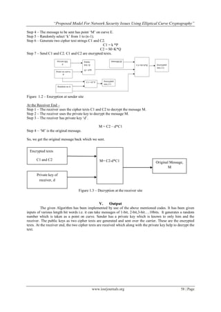 “Proposed Model For Network Security Issues Using Elliptical Curve Cryptography”
www.iosrjournals.org 58 | Page
Step 4 – The message to be sent has point „M‟ on curve E.
Step 5 – Randomly select „k‟ from 1 to (n-1).
Step 6 – Generate two cipher text strings C1 and C2.
C1 = k *P
C2 = M+K*Q
Step 7 – Send C1 and C2. C1 and C2 are encrypted texts.
Figure 1.2 – Encryption at sender site
At the Receiver End –
Step 1 – The receiver uses the cipher texts C1 and C2 to decrypt the message M.
Step 2 – The receiver uses the private key to decrypt the message M.
Step 3 – The receiver has private key „d‟.
M = C2 – d*C1
Step 4 – „M‟ is the original message.
So, we get the original message back which we sent.
Figure 1.3 – Decryption at the receiver site
V. Output
The given Algorithm has been implemented by use of the above mentioned codes. It has been given
inputs of various length bit words i.e. it can take messages of 1-bit, 2-bit,3-bit….10bits. It generates a random
number which is taken as a point on curve. Sender has a private key which is known to only him and the
receiver. The public keys as two cipher texts are generated and sent over the carrier. These are the encrypted
texts. At the receiver end, the two cipher texts are received which along with the private key help to decrypt the
text.
Encrypted texts
C1 and C2
Private key of
receiver, d
M= C2-d*C1 Original Message,
M
 