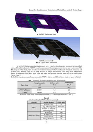 Towards a Ship Structural Optimisation Methodology at Early Design Stage

a) AVEVA Marine case study

b) FORAN case study
Fig. 3. Typical mesh generations
In AVEVA Marine model, the displacements in x-, y- and z- directions were suppressed at fore and aft
sides, while all boundaries in FORAN model were restrained from displacements in x-, y- and z- directions. The
FE analyses, in this study, were made based on a lateral pressure that acts on the deck plate (with plate side, not
stiffener side), with the value of 0.02 MPa. In order to analyse the structural cases study in the optimisation
loops, the maximum Von Mises stress value was taken into account from the inner part of the models (see
Tables 6 and 8).
In the following, a summary of materials used in AVEVA Marine and FORAN cases study are given in Table 1.
Table 1 Summary of material properties used in cases study
Yield strength
Poisson ratio
Young’s modulus
( )
(Y )
(E)
Case study
MPa

MPa

206000

AVEVA Marine

0.3

235

FORAN
200000
0.3
250
According to the initial scantlings provided for AVEVA Marine case study (Table 2),
Table 2
Initial scantling for AVEVA Marine case study
Member
Deck

Transversal frame

Design variable
Plate thickness
Long. stiffener profile
Numbers of stiffeners
(between girders)
Web height
Web thickness
Flange breadth
Flange thickness

78

Value (mm)
14
HP100x8
9
300
5
100
10

 
