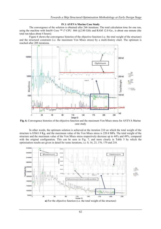 Towards a Ship Structural Optimisation Methodology at Early Design Stage
IV.1 AVEVA Marine Case Study
The convergence of the solution is obtained after 246 iterations. The total calculation time for one run,
using the machine with Intel® Core ™ i7 CPU 860 @2.80 GHz and RAM 12.0 Go., is about one minute (the
total run takes about 4 hours).
Figure 6 shows the convergence histories of the objective function (i.e. the total weight of the structure)
and the structural constraint (i.e. the maximum Von Mises stress) by a multi-history chart. The optimum is
reached after 209 iterations.

Fig. 6. Convergence histories of the objective function and the maximum Von Mises stress for AVEVA Marine
case study
In other words, the optimum solution is achieved at the iteration 210 on which the total weight of the
structure is 83661.9 Kg, and the maximum value of the Von Mises stress is 220.4 MPa. The total weight of the
structure and the maximum value of the Von Mises stress respectively decrease up to 44% and 49%, compared
with the original configuration. This can be seen in Fig. 7, and more clearly in Table 5 by which the
optimisation results are given in detail for some iterations, i.e. 0, 16, 23, 176, 179 and 210.

a) For the objective function (i.e. the total weight of the structure)

82

 