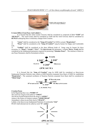 PEACE BEGINS WITH “J”?...(A New theory on philosophy of word “AMEN”)
(C)

f) Amen Differs From Peace And Lullaby?...
It is focused that the entire Cosmo Universe shall be considered as composed of Both “GOD” and
“HUMAN”. The word Cosmo shall be considered as GOD and the word Universe shall be considered as
HUMAN undergoing three evolutionary changes from Creation.
1)
“Amen” shall be considered as the “Song of Creation” by GOD to actuate “Respiration”.
2)
“Peace” shall be considered as the “Song of Comfort” sung by human for Happy and Comfortable
Life.
3)
“Lullaby” shall be considered as the three different kinds of Songs sung by human for three
occasions, i.e. “Sleep”, “Awake”, “Live”. The three-in-one life parameters as Love, Mercy, Truth shall be
considered as the fundamental parameters required for promoting “Absolute Peace”. The structure of three-inone Peace Parameters shall be formulated as below.

It is focused that the “Song of Creation” sung by GOD shall be considered as three-in-one
fundamental Neutrino Particles (also called as GOD Particles) emanated from Heart of GOD for establishing
“Respiration”. The sustained oscillation of Neutrino Particles emanated from Heart shall be considered as
“Silent Song”.

Creation Poem:
In the Beginning there was a WORD “J”
The word was sung by God called as “AMEN”
The Divine Sound Produced from the Song is “AMMU”
Ammu is the Source of creation contains “AMMUTHAM”
Ammutham is three-in-one Holy food of “PEACE”.
Lullaby is the three-in-one fundamental Nutrients of comfortable “Life”
PEACE shall alternatively be called as word “J”. Author

61

 