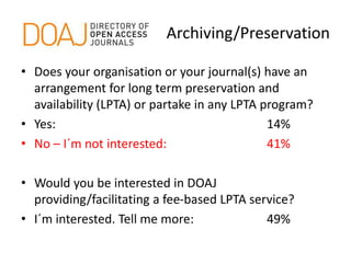 Archiving/Preservation
• Does your organisation or your journal(s) have an
arrangement for long term preservation and
availability (LPTA) or partake in any LPTA program?
• Yes: 14%
• No – I´m not interested: 41%
• Would you be interested in DOAJ
providing/facilitating a fee-based LPTA service?
• I´m interested. Tell me more: 49%
 