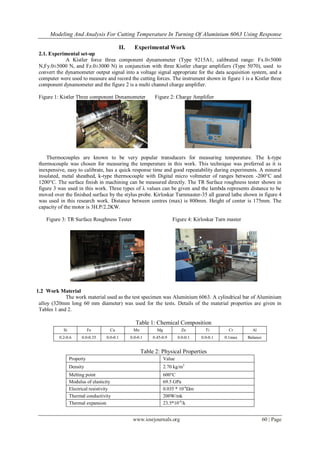 Modeling And Analysis For Cutting Temperature In Turning Of Aluminium 6063 Using Response
www.iosrjournals.org 60 | Page
II. Experimental Work
2.1. Experimental set-up
A Kistler force three component dynamometer (Type 9215A1, calibrated range: Fx.0±5000
N,Fy.0±5000 N, and Fz.0±3000 N) in conjunction with three Kistler charge amplifiers (Type 5070), used to
convert the dynamometer output signal into a voltage signal appropriate for the data acquisition system, and a
computer were used to measure and record the cutting forces. The instrument shown in figure 1 is a Kistler three
component dynamometer and the figure 2 is a multi channel charge amplifier.
Figure 1: Kistler Three component Dynamometer Figure 2: Charge Amplifier
Thermocouples are known to be very popular transducers for measuring temperature. The k-type
thermocouple was chosen for measuring the temperature in this work. This technique was preferred as it is
inexpensive, easy to calibrate, has a quick response time and good repeatability during experiments. A mineral
insulated, metal sheathed, k-type thermocouple with Digital micro voltmeter of ranges between -200°C and
1200°C. The surface finish in machining can be measured directly. The TR Surface roughness tester shown in
figure 3 was used in this work. Three types of λ values can be given and the lambda represents distance to be
moved over the finished surface by the stylus probe. Kirloskar Turnmaster-35 all geared lathe shown in figure 4
was used in this research work. Distance between centres (max) is 800mm. Height of center is 175mm. The
capacity of the motor is 3H.P/2.2KW.
Figure 3: TR Surface Roughness Tester Figure 4: Kirloskar Turn master
1.2 Work Material
The work material used as the test specimen was Aluminium 6063. A cylindrical bar of Aluminium
alloy (320mm long 60 mm diameter) was used for the tests. Details of the material properties are given in
Tables 1 and 2.
Table 1: Chemical Composition
Si Fe Cu Mn Mg Zn Ti Cr Al
0.2-0.6 0.0-0.35 0.0-0.1 0.0-0.1 0.45-0.9 0.0-0.1 0.0-0.1 0.1max Balance
Table 2: Physical Properties
Property Value
Density 2.70 kg/m3
Melting point 600°C
Modulus of elasticity 69.5 GPa
Electrical resistivity 0.035 * 10-6
Ωm
Thermal conductivity 200W/mk
Thermal expansion 23.5*10-6
/k
 