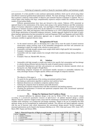 Tailoring of composite cantilever beam for maximum stiffness and minimum weight
www.iosrjournals.org 66 | Page
and constraints. It is then possible to state nonlinear optimization problems which can be solved using robust
and efficient numerical gradient-based optimization methods. The main advantage of these type of methods is
that in general a relatively small number of objective and constraint function evaluations is required. This is a
critical aspect when dealing with large, computationally expensive analysis models like nonlinear aero-elastic
models of wind turbine blades.
Different parameterizations have been put forward in this context. Pedersen (1991) presented an
approach based on the minimization of the elastic strain energy in the optimal thickness and fiber orientations
design of structures subjected to in-plane loads. Tsai and Pagano (1968) introduced the concept of lamination
parameters or laminate invariants which allow for the definition of a convex design space in maximum stiffness
design problems. Later, Miki and Sugiyama (1993) and Hammer et al. (1997) employed lamination parameters
in the design optimization of laminated composite structures. Another approach inspired by the ideas of multi-
phase topology optimization has been presented by Lund and Stegmann (2005) and Stegmann and Lund (2005).
The so-called discrete material optimization approach uses a material interpolation model to force the
continuous variables to approach discrete values.
III. Recognization Of Need:
• As the natural resources goes on decreasing now a days and to meet the needs of natural resources
conservation, energy economy most of the automobile manufacturers and their sub contractors are
attempting to reduce the weight of the vehicles in recent years.[7]
• Automobile with high strength contains more weight which leads to high specific fuel consumption.
• Examples: Ambassador, Innova etc.,
• Automobile with less weight contains low strength which leads complete damage during collisions or
accidents.
• Examples: Nano car, Maruthi 800, Also etc.,
IV. Solution:
• Automobile with high strength to weight ratio leads to low specific fuel consumption and less damage
to vehicles during collisions and also meets the needs of natural resource conservation.
• Automobile Manufacturers and their sub-contractors are searching for alternate materials which are
having low cost, High strength to Weight Ratio.
• Substituting composite structures for conventional metallic structures in automobile industries has
many advantages because of higher specific stiffness and strength of composite materials.
V. Objective:
The objective of this paper is
• To search for the specifications of the existing conventional cantilever beam.
• Developing an optimization algorithm to optimize steel cantilever beam.
• Optimum dimensions are extended to composite cantilever beam.
• Tailoring the composite beam by thickness and width directions.
• Optimizing the tailored composite beam with fiber orientations and stacking sequence.
• Checking the performance of tailored and optimized composite beam with conventional/ optimized
steel cantilever beam.
VI. Design For Optimum Steel Cantilever Beam
A classical definition for optimum design is the one by Wilde (1978) “the best feasible design
according to a preselected quantitative measure of effectiveness”. In optimal structural design a certain
objective function, (structure weight in many cases) must be minimized or maximized by modifying the design
variables while satisfying a set of behaviour and design constraints. Thanks to the use of computers the final
optimum design can be accomplished by mathematical methods. This efficient and logical approach contrasts
with the use of heuristic rules which characterizes the conventional design process. Several examples of
structural optimization can be found in the literature (McGhee et al. 1991; Cohn and Lounis 1993; Arora 1997;
Burns 2002; Negrao and Simoes 2004).
Table 1: Material Properties of High-strength-lowalloy structural steel(ASTM-A913 Grade 450)
Sl. No Properties Notation Unit Value
1 Modulus of Elasticity E GPa 200
2 Yield Strength σy MPa 550
3 Ultimate tensile strength UTS MPa 450
4 Density ρ Kg/m3
7860
 