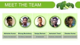 MEET THE TEAM
Abhishek Kumar
PRODUCTION MANAGER
Bihung Muchahary
TECHNICAL MANAGER
Sanjay Barman
HR MANAGER
Ashutosh Tiwari
FINANCIAL MANAGER
Diwakar Kumar
ADMINISTRATION MANAGER
 