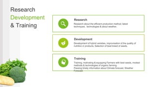Research
Development
& Training
Research
Research about the efficient production method, latest
techniques, technologies & about weather.
Development
Development of hybrid varieties, improvisation of the quality of
nutrition in products, Selection of best breed of seeds.
Training
Training, motivating & equipping Farmers with best seeds, modest
methods & technologies of organic farming.
Passing timely information about Climate forecast, Weather
Forecast.
 