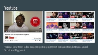 Youtube
Various long form video content split into different content strands (Hero, Social,
Serial and Hygiene)
 