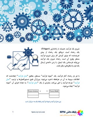 1 bpms.rayvarz.com
‫شروع‬‫ی‬‫ک‬‫فرآ‬‫ی‬،‫ند‬‫هم‬‫ی‬‫شه‬‫راه‬ ‫با‬‫انداز‬‫ی‬(Trigger)
‫ی‬‫ک‬‫درواقع‬ ،‫است‬ ‫رخداد‬‫ی‬‫ک‬‫پ‬ ‫از‬ ‫رخداد‬‫ی‬‫ش‬
‫تعر‬‫ی‬‫ف‬‫شده‬‫برا‬ ‫کار‬ ‫گردش‬ ‫موتور‬ ‫که‬‫ی‬‫فرآ‬ ‫شروع‬‫ی‬‫ند‬
‫شروع‬ ‫رخداد‬ .‫است‬ ‫آن‬ ‫وقوع‬ ‫منتظر‬‫ی‬‫ک‬‫فرآ‬‫ی‬‫ند‬
‫م‬‫ی‬‫تواند‬‫فرستادن‬‫ی‬‫ک‬‫ا‬‫ی‬‫م‬‫ی‬،‫ل‬‫ی‬‫ا‬‫دکمه‬ ‫زدن‬‫ی‬‫ارسال‬
‫ی‬‫ک‬‫فرم‬‫ی‬‫ا‬‫شکل‬‫ها‬‫ی‬‫د‬‫ی‬‫گر‬‫باشد‬.
‫با‬‫فرآ‬ ‫آغاز‬ ‫رخداد‬ ‫بار‬ ‫هر‬‫ی‬،‫ند‬‫ی‬‫ک‬"‫فرآ‬ ‫نمونه‬‫ی‬‫ند‬"‫مطابق‬ ،‫مستقل‬"‫فرآ‬ ‫مدل‬‫ی‬‫ند‬"‫ا‬‫ی‬‫جادشده‬‫که‬
‫ذخ‬ ‫هرلحظه‬ ‫در‬ ‫آن‬ ‫به‬ ‫مربوط‬ ‫اطالعات‬‫ی‬‫ره‬‫م‬‫ی‬‫شود؛‬‫پس‬‫دستورالعمل‬ ‫طبق‬ ‫ازآن‬‫ترت‬ ‫و‬ ‫ها‬‫ی‬‫ب‬"‫مدل‬
‫فرآ‬‫ی‬‫ند‬"‫فرآ‬ ‫چرخه‬‫ی‬‫ند‬‫ط‬ ‫را‬‫ی‬‫م‬‫ی‬،‫کند‬‫بنابرا‬‫ی‬‫ن‬‫از‬‫ی‬‫ک‬"‫فرآ‬ ‫مدل‬‫ی‬‫ند‬"‫اجرا‬ ‫تعداد‬ ‫به‬ ،‫ی‬‫آن‬"‫نمونه‬
‫فرآ‬‫ی‬‫ند‬"‫ا‬‫ی‬‫جاد‬‫م‬‫ی‬‫شود‬.
 