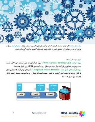 2 bpms.rayvarz.com
‫ی‬‫ک‬:‫ساده‬ ‫مثال‬‫ک‬ ‫اگر‬‫ی‬‫ک‬‫را‬ ‫کردن‬ ‫درست‬‫ی‬‫ک‬‫فرآ‬‫ی‬‫ند‬‫بگ‬ ‫نظر‬ ‫در‬‫ی‬‫ر‬‫ی‬،‫م‬،‫پخت‬ ‫دستور‬‫فرآ‬ ‫مدل‬‫ی‬‫ند‬‫و‬ ‫است‬
‫فرد‬ ‫که‬ ‫بار‬ ‫هر‬‫ی‬‫ک‬ ،)‫(مدل‬ ‫دستور‬ ‫آن‬ ‫مطابق‬‫ی‬‫ک‬‫ته‬‫ی‬‫ه‬‫کند‬‫ی‬‫ک‬"‫فرآ‬ ‫نمونه‬‫ی‬‫ند‬"‫رخ‬‫است‬ ‫داده‬.
‫انواع‬‫فرآ‬ ‫نمونه‬‫ی‬‫ندها‬:
‫نمونه‬‫فرآ‬‫ی‬‫ند‬‫فعال‬"Active process Instance":‫فرآ‬ ‫نمونه‬‫ی‬‫ند‬‫ی‬‫شروع‬ ‫که‬‫ول‬ ‫شده‬‫ی‬‫نشده‬ ‫کامل‬
‫اجرا‬ ‫چرخه‬ ‫در‬ ‫و‬ ‫است‬‫ی‬‫فرآ‬‫ی‬‫ند‬‫ز‬ ‫شکل‬ ‫(در‬ ‫دارد‬ ‫قرار‬‫ی‬‫ر‬‫فرآ‬‫ی‬‫ندها‬‫ی‬E,D‫ا‬ ‫از‬‫ی‬‫ن‬‫قب‬‫ی‬‫ل‬‫هستند‬.)
‫نمونه‬‫فرآ‬‫ی‬‫ندها‬‫ی‬‫شده‬ ‫کامل‬"Completed Process Instance":‫نمونه‬‫ا‬‫ی‬‫فرآ‬ ‫از‬‫ی‬‫ند‬‫مدل‬ ‫مطابق‬ ‫که‬
‫پا‬ ‫تا‬‫ی‬‫ان‬‫فرآ‬ ‫چرخه‬‫ی‬‫ند‬‫ط‬ ‫را‬‫ی‬‫رس‬ ‫اتمام‬ ‫به‬ ‫و‬ ‫کرده‬‫ی‬‫ده‬‫ز‬ ‫شکل‬ ‫(در‬ ‫است‬‫ی‬‫ر‬‫فرآ‬‫ی‬‫ندها‬‫ی‬‫داخل‬ ‫راست‬ ‫سمت‬
‫ا‬ ‫از‬ ‫جعبه‬‫ی‬‫ن‬‫قب‬‫ی‬‫ل‬‫هستند‬.)
 