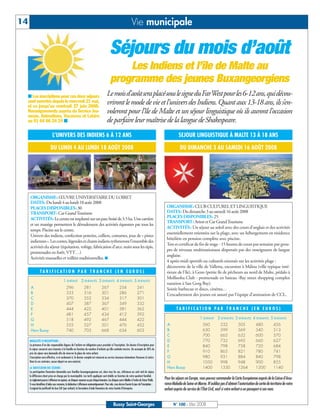 BUSSYMAG100      28/05/08                           16:01           Page 14




      14                                                                                                                          Vie municipale

                                                                                                         Séjours du mois d’août
                                                                                                              Les Indiens et l’île de Malte au
                                                                                                          programme des jeunes Buxangeorgiens
              ■ Les inscriptions pour ces deux séjours                                                Le mois d’août sera placé sous le signe du FarWest pour les 6-12 ans, qui décou-
              sont ouvertes depuis le mercredi 21 mai,
              et ce jusqu’au vendredi 27 juin 2008.
                                                                                                      vriront le mode de vie et l’univers des Indiens. Quant aux 13-18 ans, ils s’en-
              Renseignements auprès du Service Jeu-                                                   voleront pour l’île de Malte et un séjour linguistique où ils auront l’occasion
              nesse, Animations, Vacances et Loisirs
              au 01 64 66 24 24 ■                                                                     de parfaire leur maîtrise de la langue de Shakespeare.
                                               L’UNIVERS DES INDIENS 6 À 12 ANS                                                                                            SEJOUR LINGUISTIQUE À MALTE 13 À 18 ANS

                                            DU LUNDI 4 AU LUNDI 18 AOÛT 2008                                                                                                DU DIMANCHE 3 AU SAMEDI 16 AOÛT 2008




               ORGANISME: ŒUVRE UNIVERSITAIRE DU LOIRET
               DATES: Du lundi 4 au lundi 18 août 2008
               PLACES DISPONIBLES: 30                                                                                                                            ORGANISME: CLUB CULTUREL ET LINGUISTIQUE
               TRANSPORT: Car Grand Tourisme                                                                                                                     DATES: Du dimanche 3 au samedi 16 août 2008
               ACTIVITÉS: Le centre est implanté sur un parc boisé de 3.5 ha. Une carrière                                                                       PLACES DISPONIBLES: 25
                                                                                                                                                                 TRANSPORT: Avion et Car Grand Tourisme
               et un manège permettent le déroulement des activités équestres par tous les
                                                                                                                                                                 ACTIVITÉS: Un séjour au soleil avec des cours d’anglais et des activités
               temps. Piscine sur le centre.
                                                                                                                                                                 essentiellement orientées sur la plage, avec un hébergement en résidence
               Univers des indiens, confection poteries, colliers, costumes, jeux de « pistes
                                                                                                                                                                 hôtelière en pension complète avec piscine.
               indiennes ». Les contes, légendes et chants indiens rythmeront l’ensemble des
                                                                                                                                                                 Test et certificat de fin de stage - 15 heures de cours par semaine par grou-
               activités du séjour (équitation, voltige, fabrication d'arcs, nuits sous les tipis,
                                                                                                                                                                 pes de niveaux multinationaux dispensés par des enseignants de langue
               promenades en forêt, VTT…)
                                                                                                                                                                 anglaise.
               Activités manuelles et veillées traditionnelles. ■
                                                                                                                                                                 4 après-midi sportifs ou culturels orientés sur les activités plage :
                                                                                                                                                                 découverte de la ville de Valletta, excursion à Mdina (ville typique inté-
                             TARIFICATION PAR TRANCHE (EN EUROS)                                                                                                 rieure de l’île), à Gozo (petite île de pêcheurs au nord de Malte, pédalo à
                                                                                                                                                                 Mollieoha Club - promenade en bateau -Bay street shopping complex
                                                                1 ENFANT 2 ENFANTS 3 ENFANTS 4 ENFANTS 5 ENFANTS
                                                                                                                                                                 natation à San Gorg Bay).
               A                                                 296        281                 267                 254                  241                     Soirée barbecue et disco, cinéma…
               B                                                 333        316                 301                 286                  271                     L’encadrement des jeunes est assuré par l’équipe d’animation de CCL.
               C                                                 370        352                 334                 317                  301
               D                                                 407        387                 367                 349                  332
               E                                                 444        422                 401                 381                  362                             TARIFICATION PAR TRANCHE (EN EUROS)
               F                                                 481        457                 434                 412                  392
               G                                                 518        492                 467                 444                  422                                                1 ENFANT 2 ENFANTS 3 ENFANTS 4 ENFANTS 5 ENFANTS
               H                                                 555        527                 501                 476                  452                      A                            560           532           505            480           456
               Hors Bussy                                        740        703                 668                 634                  603                      B                            630           599           569            540           513
                                                                                                                                                                  C                            700           665           632            600           570
              MODALITÉS D’INSCRIPTIONS :                                                                                                                          D                            770           732           695            660           627
              La présence d’un des responsables légaux de l’enfant est obligatoire pour procéder à l’inscription. Un dossier d’inscription pour                   E                            840           798           758            720           684
              le séjour concerné sera transmis à la famille en fonction du nombre d’enfants qu’elle souhaite inscrire. Un acompte de 30% du
              prix du séjour sera demandé afin de réserver la place de votre enfant.
                                                                                                                                                                  F                            910           865           821            780           741
              L’inscription sera effective, si et seulement si, le dossier complet est retourné au service Jeunesse Animations Vacances & Loisirs.                G                            980           931           884            840           798
              Dans le cas contraire, aucun départ ne sera autorisé.                                                                                               H                            1050          998           948            900           855
              L A TA R I F I C AT I O N D E S S É J O U R S :                                                                                                     Hors Bussy                   1400          1330          1264           1200          1140
              La participation financière demandée aux familles buxangeorgiennes est, dans tous les cas, inférieure au coût réel du séjour,
              la différence étant prise en charge par la municipalité. Les tarifs appliqués sont établis en fonction de votre quotient familial.
              Le règlement pourra s’effectuer en espèces, en chèques vacances ou par chèque bancaire. Les chèques sont à libeller à l’ordre du Trésor Public.   Pour les séjours en Europe, vous pouvez commander la Carte Européenne auprès de la Caisse d’Assu-
              Si vous bénéficiez d’aides aux vacances, la déduction s’effectuera automatiquement. Pour cela, vous devrez fournir le jour de l’inscription :     rance Maladie de Seine-et-Marne. N’oubliez pas d’obtenir l’autorisation de sortie de territoire de votre
              L’original du justificatif du bon CAF (par enfant), le formulaire d’aide financière de votre Comité d’Entreprise.                                 enfant auprès du service de l’État Civil, sauf si votre enfant a un passeport à son nom.


                                                                                                             Bussy Saint-Georges                                       N° 100 - Mai 2008
 