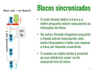 obj1
synchronized(obj1)
Thread-1
Thread-2
Object obj1 = new Object(); Blocos sincronizados
• O outro thread obtém a trava e a
retém enquanto estiver executando as
instruções do bloco
• Se outros threads chegarem enquanto
o thread estiver executando, eles
serão bloqueados e terão que esperar
a trava ser liberada novamente
• O acesso ao objeto ainda é possível
se sua referência vazar: se for
acessível fora do bloco
28
 