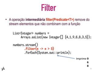 Filter
• A operação intermediária filter(Predicate<T>) remove do
stream elementos que não combinam com a função
15
List<Integer> numbers =
Arrays.asList(new Integer[] {4,1,9,6,8,3,5});
numbers.stream()
.filter(n -> n > 5)
.forEach(System.out::println);
Imprime	9	
6	
8
 