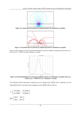 Analysis of Multi conductor Quasi-TEM Transmission Lines and Multimode Waveguides
92
Figure 10. Contour plot of symmetrical coupled-strip lines for multimode waveguides.
Figure 11. Streamline plot of symmetrical coupled-strip lines for multimode waveguides.
From our model, Figure 12 shows the potential distribution of the five-conductor transmission lines from (x,y) =
(0,0) to (x,y) = (7500,3175) m , using port 1 as input.
Figure 12. Potential distribution of symmetrical coupled-strip lines for multimode waveguides from (x,y)
= (0,0) to (x,y) = (7500,3175) m , using port 1 as input.
The following electrical parameters (capacitance per unit length matrix ( C in pF/m), inductance per unit
length ( L in nH/m), and characteristic impedances matrix ( Z in  ) are found as :
173.6261 -21.38597
-21.38597 173.6261
C
 
  
 
 
437.1 92.2
92.2 437.1
L
 
  
 
 