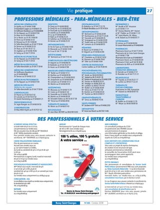 BUSSYMAG104      28/10/08        10:02      Page 27




                                                                                     Vie pratique                                                                                               27
              PROFESSIONS MÉDICALES - PARA-MÉDICALES - BIEN-ÊTRE
              MÉDECINS GÉNÉRALISTES                          DENTISTES                                OPHTALMOLOGISTE                              INFIRMIÈR(E) S
              Dr Apithy au 01 64 66 74 88                    Dr Dang au 01 64 66 08 60                Dr Bokobza au 01 64 77 22 79                 M Boulle et M Vesseron
                                                                                                                                                     me            me



              Dr Bachelard-Coppin au 0164660133              Dr Dang-Vo au 01 64 66 82 64             Dr Rabah-Benabbas au 0176747834              au 01 64 66 17 31
              Dr Hoffmann-Raveloson au 0164668888            Dr Fourcade au 01 64 66 82 64                                                         M Dozias-Maerte, Mme Hamet
                                                                                                                                                     me


                                                             Dr Jeanlin au 01 64 66 08 60             ORTHOPHONISTES
              Dr Ho-Nguyen au 01 64 66 07 84                                                          M Bertrand au 01 64 66 20 09
                                                                                                        me                                         et M Publier au 01 64 66 11 33
                                                                                                                                                          me



              Dr Klein au 01 64 66 06 09                     Dr Lu au 01 64 66 95 95                                                               M Saint-Martin, M. Hibon,
                                                                                                                                                     me


                                                             Dr Naili au 01 64 66 25 25               M Duchaussoy au 01 64 77 24 28
                                                                                                        me


              Dr Le Bozec au 01 45 14 66 00                                                           M Facundo au 01 64 66 89 35
                                                                                                        me
                                                                                                                                                   et M. Bulard au 01 64 66 05 77
              Dr Porro au 01 64 66 33 33                     Dr Solinhac au 01 64 66 25 25
                                                             Dr Vernier au 01 64 66 25 25             M Grangeard au 01 64 66 20 09
                                                                                                        me

                                                                                                                                                   VÉTÉRINAIRES
              Dr Renaud au 01 45 14 66 00                                                             M Oudin-Joly au 01 64 66 20 09
                                                                                                        me

                                                                                                                                                   Dr Leroux au 01 64 66 84 84
              Dr Taïfor-Bencheikh au 01 64 77 59 04          ORTHODONTISTES                           M Lemaire au 01 64 66 89 35
                                                                                                        me

                                                                                                                                                   Dr Lacaze-Masmonteil au 0164668484
              Dr Ternon au 01 64 66 33 33                    Dr Ho Vo Tuan au 01 64 66 10 00
              Dr Thao au 01 64 76 67 12                                                               PÉDIATRES
                                                             Dr Mazanek au 01 64 66 10 00             Dr Buzot au 01 64 66 27 16                   PHARMACIES
              Dr Zaghlan au 01 64 66 76 82                   Dr Si au 01 64 77 50 08                  Dr Séguret au 01 64 66 42 80                 Pharmacie Ancel au 01 64 77 29 50
              Dr Seing au 01 64 77 29 54                                                                                                           Pharmacie de la Croix Saint-Georges
                                                             DIÉTÉTICIENNE                            PÉDICURES-PODOLOGUES                         au 01 64 66 17 96
              MÉDECIN ACUPUNCTEUR                            M Bertrand au 01 64 77 01 42
                                                               me
                                                                                                      M Chardaire au 01 60 43 16 92
                                                                                                        lle
                                                                                                                                                   Pharmacie de la Gare au 0164669007
              Dr Ho-Nguyen au 01 64 66 07 84                                                          M. Dessaux au 01 64 66 78 62
              Dr Seing au 01 64 77 29 54                     GYNÉCOLOGUES-OBSTÉTRICIENS                                                            Pharmacie Huron au 01 64 66 85 69
                                                                                                      M Olier au 01 64 66 14 84
                                                                                                        me

                                                                                                                                                   Pharmacie O Vert au 01 64 76 30 82
                                                             Dr Séguret au 01 64 66 86 59
              MÉDECIN ALLERGOLOGUE                           Dr Barbotin au 01 64 76 37 37            CENTRE DE RADIOLOGIE                         Pharmacie du RER au 01 64 66 90 84
              Dr Taïfor-Bencheikh au 01 64 77 59 04          Dr Hozer au 01 64 66 07 89               Centre Galilée au 01 64 76 80 94             LABORATOIRES
              MÉDECINS HOMÉOPATHES                           MASSEURS-KINÉSITHÉRAPEUTES               PSYCHOTHÉRAPEUTES,                           D’ANALYSES MÉDICALES
              Dr Hoffmann-Raveloson                          M Barbé au 01 64 66 10 12
                                                               me
                                                                                                      PSYCHOLOGUES, PSYCHANALYSTES                 Dr Harrabi au 01 64 66 27 27
              au 01 64 66 88 88                              M. Barthos au 01 64 66 00 36             M Antok au 06 64 00 90 61
                                                                                                        me                                         Dr Rostoker au 01 64 77 21 21
              Dr Ternon au 01 64 66 33 33                    M. Champrobert au 01 64 66 09 02         M Aubard au 06 25 04 81 39
                                                                                                        me
                                                                                                                                                   RELAXOLOGUE
              MÉDECIN NUTRITIONNISTE                         M. Jacquesson au 01 64 66 00 36          M Ferreira et Jouannaud au 0164663399
                                                                                                        mes
                                                                                                                                                   M Fayada au 01 64 76 31 17
                                                                                                                                                     me



              Dr Ho-Nguyen au 01 64 66 07 84                 M. Lemaire au 01 64 66 10 12             M Ferrieu au 06 08 42 62 01
                                                                                                        me
                                                                                                                                                   M. Luchez au 09 54 77 22 24
                                                             M. Martin au 01 64 66 09 39              M Hidalgo au 06 86 28 41 43
                                                                                                        me


              MÉDECIN SPÉCIALISTE                                                                     M Lachkar au 06 63 779 741
                                                                                                        me
                                                                                                                                                   THÉRAPEUTE
              Médecine des voyages                           OSTÉOPATHES                              M Rodier au 01 64 66 30 69
                                                                                                        me
                                                                                                                                                   PSYCHO-CORPOREL
              Dr Taïfor-Bencheikh au 01 64 77 59 04          M. Blusseau au 01 64 66 15 79            M Sirica au 01 64 77 51 59
                                                                                                        me
                                                                                                                                                   Praticienne en PNL humaniste
                                                             M. Coste au 01 64 66 01 43               M. Stecher au 01 64 66 04 20
                                                                                                                                                     me
                                                                                                                                                   M Aubard au 06 66 00 87 55
              CARDIOLOGUES
              Dr Peyrot au 01 64 76 47 42                    M. Faverolle au 01 64 66 79 27           M Truchet au 06 03 20 80 57
                                                                                                        me

                                                                                                                                                   ENERGÉTIQUE
              Dr Lussato au 01 64 76 47 42                   M. Martin au 01 64 66 09 39                                                           TRADITIONNELLE
                                                                                                      GRAPHOTHÉRAPEUTE
              Dr Jeunet-Hurreesing au 0164669121             M. Teissedre-Dalou au 06 16 30 37 38       me
                                                                                                      M Sirica au 06 68 60 70 36                   CHINOISE
                                                               me
                                                             M Trecul au 01 64 66 28 92                                                            M. Baldin au 01 64 66 12 79
              ENDOCRINOLOGUE                                                                          SAGES-FEMMES
              Dr Jugie-Rongier au 01 64 66 04 50             THÉRAPEUTE MANUEL
                                                                                                                                                     me
                                                                                                                                                   M Meyer au 06 60 58 80 50
                                                             M. Morin au 01 64 66 01 43
                                                                                                        me
                                                                                                      M Jacobee et Mme Bret au 0164662283
              CHIROPRATICIEN
              Dr Mau Minh Huynh au 01437021 62               REFLEXOLOGIE                             ORTHOPTISTE
                                                             M. Jean-Marc BETHRY au 0663901693
                                                                                                        me
                                                                                                      M Anne-Lise Munch au 0673611446



                                              DES PROFESSIONNELS À VOTRE SERVICE
              LE SERVICE SOCIAL EFFECTUE:                                  AVOCAT                                                    AIDE JURIDIQUE
              Le lundi matin de 9 h 00 à 12 h 00,                          Permanence le 1er jeudi de chaque mois                    Un consultant juridique du CCAS
              une permanence sur rendez-vous.                              de 16h à 18h. Sans rendez-vous.                           en partenariat avec l’AVIMEJ assure
              Elle sera assurée à tour de rôle par Mme DELASSUS            Renseignements au 0164662424                              une permanence et propose
              et Mme MOAL,(assistantes sociales).                                                                                    une information générale sur les droits et obliga-
              Pour prendre rendez-vous, vous pouvez contacter le                                                                     tions. Il vous reçoit sur rendez-vous uniquement
              secrétariat, Mme TAVERNIER, au 01 69 67 44 04.                                                                         auprès du CCAS au 0164666192
              CAISSE D’ALLOCATIONS FAMILIALES                                                                                        EGEE (ENTENTE DES GÉNÉRATIONS POUR
              Plus de permanences en mairie.                                                                                         L’EMPLOI ET L’ENTREPRISE)
              Accueil sans rendez-vous au                                                                                            Vous avez un projet de reprise d’entreprise,
              4,rue Saint-Hubert à Chelles,                                                                                          de création d’une structure de type
              du lundi au vendredi de 9h à 11h30 et de 14h                                                                           artisanal,commercial ou industriel,
              à 16h30.                                                                                                               le conseiller de l’association EGEE peut vous
              Tél. 0164724686                                                                                                        accompagner dans votre approche.
              Permanences à Lognes,lundi,mardi et mercredi                                                                           Sur rendez-vous uniquement
              de 9h à 11h30 sur rendez-vous                                                                                          au 0164666879
              au 0164724686
                                                                                                                                     PETITE ENFANCE
              PSYCHOLOGUE POUR ENFANTS ET ADOLESCENTS                                                                                Des permanences et consultations du Service Santé
              Melle Binot vous reçoit:mercredi de 9h                                                                                 Petite Enfance (anciennement PMI) vous sont proposées
              à 13h et de 14h à 18h,jeudi et                                                                                         au:Relais Assistante Maternelle – 11 rue de la Pyramide
              vendredi de 14h30 à 18h30 et un samedi par mois                                                                        jeudi de 9h30 à 12h, sans rendez-vous, permanence de
              de 9h à 13h.                                                                                                           Mme Brault, infirmière puéricultrice.
              Sur rendez-vous uniquement au 0684514242                                                                               mercredi matin, sur rendez-vous au 01 64 77 28 85,
                                                                                                                                     consultation nourrisson, par le docteur Lorian
              CONCILIATION – ASL
              Le conciliateur vous reçoitsur rendez-vous uniquement,                                                                 En cas d’urgence vous pouvez contacter le secrétariat du
              le vendredi de 15h à 18h                                                                                               Service Santé Petite Enfance à Noisiel au 0169674451
              Tél. 0164666879
                                                                                                                                     Le mercredi de 13 h 30 à 17 h 00, sur rendez-vous,
              NOTAIRE                                                                                                                une consultation de planification par le
              Sur rendez-vous uniquement                                                                                             Docteur MARINIER pour cela vous pouvez joindre
              au 0164666879                                                                                                          Mme LAURENT, secrétaire au 01 69 67 31 63



                                                                       Bussy Saint-Georges                    N°104 - Octobre 2008
 