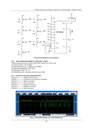 Design Analysis of a Remote Controlled “Pick and Place” Robotic Vehicle
62
Fig.5 circuit diagram of Transmitter
3.5.2 TRANSMITTER MODULE SPECIFICATION:
Technical specification for wireless transmitter module use in this work
(1) Transmit power: 1W (1500m)
(2) Operating frequency: 315MHZ~433.92MHZ
(3) Operating temperature:-40℃~80℃
(4) Operating voltage: 3V~5V
(5) Modulation type: Amplitude Serial Keying (ASK)
3.5.3 SYSTEM CHANNEL DISCRIPTION
Channel 0 ----------- Right/Left movement.
Channel 1 ---------- Forward, Reverse and stop command.
Channel 2 ---------- Elbow movement.
Channel 3 ---------- Wrist movement.
Channel 4 ---------- Gripper movement.
Channel 5 ---------- Shoulder movement.
Channel 6 ---------- Base movement.
Fig.6: Transmitted Signal view from Oscilloscope
 