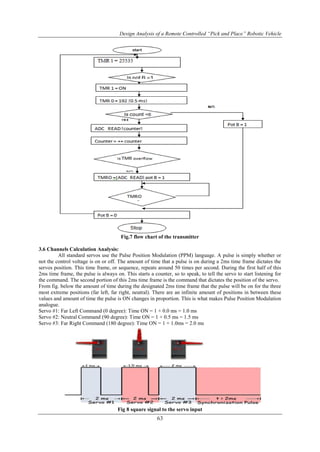 Design Analysis of a Remote Controlled “Pick and Place” Robotic Vehicle
63
Fig.7 flow chart of the transmitter
3.6 Channels Calculation Analysis:
All standard servos use the Pulse Position Modulation (PPM) language. A pulse is simply whether or
not the control voltage is on or off. The amount of time that a pulse is on during a 2ms time frame dictates the
servos position. This time frame, or sequence, repeats around 50 times per second. During the first half of this
2ms time frame, the pulse is always on. This starts a counter, so to speak, to tell the servo to start listening for
the command. The second portion of this 2ms time frame is the command that dictates the position of the servo.
From fig. below the amount of time during the designated 2ms time frame that the pulse will be on for the three
most extreme positions (far left, far right, neutral). There are an infinite amount of positions in between these
values and amount of time the pulse is ON changes in proportion. This is what makes Pulse Position Modulation
analogue.
Servo #1: Far Left Command (0 degree): Time ON = 1 + 0.0 ms = 1.0 ms
Servo #2: Neutral Command (90 degree): Time ON = 1 + 0.5 ms = 1.5 ms
Servo #3: Far Right Command (180 degree): Time ON = 1 + 1.0ms = 2.0 ms
Fig 8 square signal to the servo input
 