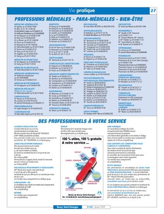 Vie pratique                                                                                               27
PROFESSIONS MÉDICALES - PARA-MÉDICALES - BIEN-ÊTRE
MÉDECINS GÉNÉRALISTES                          DENTISTES                                REFLEXOLOGIE                                 ORTHOPTISTE
Dr Apithy au 01 64 66 74 88                    Dr Dang au 01 64 66 08 60                M. Jean-Marc BETHRY au 0663901693            M Anne-Lise Munch au 0673611446
                                                                                                                                       me



Dr Blin au 01 45 14 66 00                      Dr Dang-Vo au 01 64 66 82 64
Dr Bachelard-Coppin au 0164660133              Dr Fourcade au 01 64 66 82 64            OPHTALMOLOGISTE                              INFIRMIÈR(E) S
Dr Hoffmann-Raveloson au 0164668888            Dr Jeanlin au 01 64 66 08 60             Dr Bokobza au 01 64 77 22 79                 M Boulle et M Vesseron
                                                                                                                                       me            me



Dr Ho-Nguyen au 01 64 66 07 84                 Dr Lu au 01 64 66 95 95                  Dr Rabah-Benabbas au 0176747834              au 01 64 66 17 31
Dr Klein au 01 64 66 06 09                     Dr Naili au 01 64 66 25 25                                                            M Dozias-Maerte, Mme Hamet
                                                                                                                                       me


                                               Dr Solinhac au 01 64 66 25 25            ORTHOPHONISTES
Dr Le Bozec au 01 45 14 66 00                                                           M Bertrand au 01 64 66 20 09
                                                                                          me                                         et M Publier au 01 64 66 11 33
                                                                                                                                            me



Dr Porro au 01 64 66 33 33                     Dr Vernier au 01 64 66 25 25                                                          M Saint-Martin, M. Hibon,
                                                                                                                                       me

                                                                                        M Duchaussoy au 01 64 77 24 28
                                                                                          me


Dr Renaud au 01 45 14 66 00                    ORTHODONTISTES                           M Facundo au 01 64 66 89 35
                                                                                          me
                                                                                                                                     et M. Bulard au 01 64 66 05 77
Dr Taïfor-Bencheikh au 01 64 77 59 04          Dr Ho Vo Tuan au 01 64 66 10 00          M Grangeard au 01 64 66 20 09
                                                                                          me

                                                                                                                                     VÉTÉRINAIRES
Dr Ternon au 01 64 66 33 33                    Dr Mazanek au 01 64 66 10 00             M Oudin-Joly au 01 64 66 20 09
                                                                                          me

                                                                                                                                     Dr Leroux au 01 64 66 84 84
Dr Thao au 01 64 76 67 12                      Dr Si au 01 64 77 50 08                  M Lemaire au 01 64 66 89 35
                                                                                          me

                                                                                                                                     Dr Lacaze-Masmonteil au 0164668484
Dr Zaghlan au 01 64 66 76 82                   Dr Ho Bich 01 64 77 25 51                PÉDIATRES
Dr Seing au 01 64 77 29 54                                                              Dr Buzot au 01 64 66 27 16                   PHARMACIES
                                               DIÉTÉTICIENNE                                                                         Pharmacie Ancel au 01 64 77 29 50
MÉDECIN ACUPUNCTEUR                            M Bertrand au 01 64 77 01 42
                                                 me                                     Dr Séguret au 01 64 66 42 80
                                                                                                                                     Pharmacie de la Croix Saint-Georges
Dr Ho-Nguyen au 01 64 66 07 84                                                          PÉDICURES-PODOLOGUES                         au 01 64 66 17 96
Dr Seing au 01 64 77 29 54                     GYNÉCOLOGUES-OBSTÉTRICIENS               M Chardaire au 01 60 43 16 92
                                                                                          lle


                                               Dr Séguret au 01 64 66 86 59                                                          Pharmacie de la Gare au 0164669007
MÉDECIN ALLERGOLOGUE                                                                    M. Dessaux au 01 64 66 78 62                 Pharmacie Huron au 01 64 66 85 69
                                               Dr Barbotin au 01 64 76 37 37            M Olier au 01 64 66 14 84
                                                                                          me

Dr Taïfor-Bencheikh au 01 64 77 59 04          Dr Hozer au 01 64 66 07 89                                                            Pharmacie O Vert au 01 64 76 30 82
                                                                                        CENTRE DE RADIOLOGIE                         Pharmacie du RER au 01 64 66 90 84
MÉDECINS HOMÉOPATHES                           MASSEURS-KINÉSITHÉRAPEUTES               Centre Galilée au 01 64 76 80 94
Dr Hoffmann-Raveloson                                                                                                                LABORATOIRES
                                               M Barbé au 01 64 66 10 12
                                                 me

                                                                                                                                     D’ANALYSES MÉDICALES
au 01 64 66 88 88                              M. Barthos au 01 64 66 00 36             PSYCHOTHÉRAPEUTES,
Dr Ternon au 01 64 66 33 33                                                                                                          Dr Harrabi au 01 64 66 27 27
                                               M. Champrobert au 01 64 66 09 02         PSYCHOLOGUES, PSYCHANALYSTES                 Dr Rostoker au 01 64 77 21 21
MÉDECIN NUTRITIONNISTE                         M. Jacquesson au 01 64 66 00 36          M Antok au 06 64 00 90 61
                                                                                          me



Dr Ho-Nguyen au 01 64 66 07 84                 M. Lemaire au 01 64 66 10 12             M Aubard au 06 25 04 81 39
                                                                                          me
                                                                                                                                     RELAXOLOGUE
                                               M. Martin au 01 64 66 09 39
                                                                                          mes
                                                                                        M Ferreira et Jouannaud au 0164663399        M Fayada au 01 64 76 31 17
                                                                                                                                       me


MÉDECIN SPÉCIALISTE                                                                       me
                                                                                        M Ferrieu au 06 08 42 62 01                  M. Luchez au 09 54 77 22 24
Médecine des voyages                           OSTÉOPATHES                                me
                                                                                        M Hidalgo au 06 86 28 41 43
Dr Taïfor-Bencheikh au 01 64 77 59 04          M. Blusseau au 01 64 66 15 79
                                                                                          me
                                                                                        M Lachkar au 06 63 779 741                   THÉRAPEUTE
                                               M. Coste au 01 64 66 01 43
                                                                                          me
                                                                                        M Rodier au 01 64 66 30 69                   PSYCHO-CORPOREL
CARDIOLOGUES                                                                                                                         Praticienne en PNL humaniste
Dr Peyrot au 01 64 76 47 42                    M. Faverolle au 01 64 66 79 27
                                                                                          me
                                                                                        M Sirica au 01 64 77 51 59
                                               M. Martin au 01 64 66 09 39              M. Stecher au 01 64 66 04 20
                                                                                                                                       me
                                                                                                                                     M Aubard au 06 66 00 87 55
Dr Lussato au 01 64 76 47 42
Dr Jeunet-Hurreesing au 0164669121             M. Teissedre-Dalou au 06 16 30 37 38
                                                                                          me
                                                                                        M Truchet au 06 03 20 80 57
                                                                                                                                     ENERGÉTIQUE
                                               M Trecul au 01 64 66 28 92
                                                 me

                                                                                        GRAPHOTHÉRAPEUTE                             TRADITIONNELLE
ENDOCRINOLOGUE
Dr Jugie-Rongier au 01 64 66 04 50             THÉRAPEUTE MANUEL
                                                                                          me
                                                                                        M Sirica au 06 68 60 70 36                   CHINOISE
                                               M. Morin au 01 64 66 01 43                                                            M. Baldin au 01 64 66 12 79
CHIROPRATICIEN                                                                          SAGES-FEMMES                                   me
                                                                                                                                     M Meyer au 06 60 58 80 50
Dr Mau Minh Huynh au 01437021 62
                                                                                          me
                                                                                        M Jacobee et Mme Bret au 0164662283


                                DES PROFESSIONNELS À VOTRE SERVICE
LE SERVICE SOCIAL EFFECTUE:                                  AVOCAT                                                    AIDE JURIDIQUE
Le lundi matin de 9 h 00 à 12 h 00,                          Permanence le 1er jeudi de chaque mois                    Un consultant juridique du CCAS
une permanence sur rendez-vous.                              de 16h à 18h. Sans rendez-vous.                           en partenariat avec l’AVIMEJ assure
Elle sera assurée à tour de rôle par Mme DELASSUS            Renseignements au 0164662424                              une permanence et propose
et Mme MOAL,(assistantes sociales).                                                                                    une information générale sur les droits et obliga-
Pour prendre rendez-vous, vous pouvez contacter le                                                                     tions. Il vous reçoit sur rendez-vous uniquement
secrétariat, Mme TAVERNIER, au 01 69 67 44 04.                                                                         auprès du CCAS au 0164666192
CAISSE D’ALLOCATIONS FAMILIALES                                                                                        EGEE (ENTENTE DES GÉNÉRATIONS POUR
Plus de permanences en mairie.                                                                                         L’EMPLOI ET L’ENTREPRISE)
Accueil sans rendez-vous au                                                                                            Vous avez un projet de reprise d’entreprise,
4,rue Saint-Hubert à Chelles,                                                                                          de création d’une structure de type
du lundi au vendredi de 9h à 11h30 et de 14h                                                                           artisanal,commercial ou industriel,
à 16h30.                                                                                                               le conseiller de l’association EGEE peut vous
Tél. 0164724686                                                                                                        accompagner dans votre approche.
Permanences à Lognes,lundi,mardi et mercredi                                                                           Sur rendez-vous uniquement
de 9h à 11h30 sur rendez-vous                                                                                          au 0164666879
au 0164724686
                                                                                                                       PETITE ENFANCE
PSYCHOLOGUE POUR ENFANTS ET ADOLESCENTS                                                                                Des permanences et consultations du Service Santé
Melle Binot vous reçoit:mercredi de 9h                                                                                 Petite Enfance (anciennement PMI) vous sont proposées
à 13h et de 14h à 18h,jeudi et                                                                                         au:Relais Assistante Maternelle – 11 rue de la Pyramide
vendredi de 14h30 à 18h30 et un samedi par mois                                                                        jeudi de 9h30 à 12h, sans rendez-vous, permanence de
de 9h à 13h.                                                                                                           Mme Brault, infirmière puéricultrice.
Sur rendez-vous uniquement au 0684514242                                                                               mercredi matin, sur rendez-vous au 01 64 77 28 85,
                                                                                                                       consultation nourrisson, par le docteur Lorian
CONCILIATION – ASL
Le conciliateur vous reçoitsur rendez-vous uniquement,                                                                 En cas d’urgence vous pouvez contacter le secrétariat du
le vendredi de 15h à 18h                                                                                               Service Santé Petite Enfance à Noisiel au 0169674451
Tél. 0164666879
                                                                                                                       Le mercredi de 13 h 30 à 17 h 00, sur rendez-vous,
NOTAIRE                                                                                                                une consultation de planification par le
Sur rendez-vous uniquement                                                                                             Docteur MARINIER pour cela vous pouvez joindre
au 0164666879                                                                                                          Mme LAURENT, secrétaire au 01 69 67 31 63



                                                         Bussy Saint-Georges                    N°107 - Janvier 2009
 
