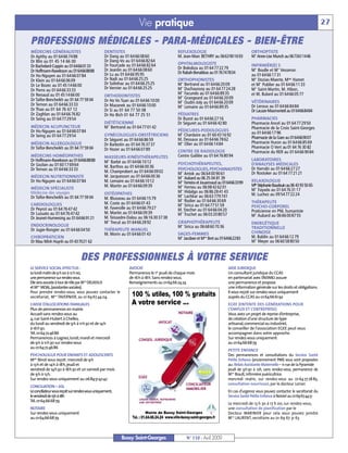 Vie pratique                                                                                                     27

PROFESSIONS MÉDICALES - PARA-MÉDICALES - BIEN-ÊTRE
MÉDECINS GÉNÉRALISTES                            DENTISTES                                 REFLEXOLOGIE                                 ORTHOPTISTE
                                                 Dr Dang au 01 64 66 08 60                 M. Jean-Marc BETHRY au 0663901693            M Anne-Lise Munch au 0673611446
                                                                                                                                          me
Dr Apithy au 01 64 66 74 88
Dr Blin au 01 45 14 66 00                        Dr Dang-Vo au 01 64 66 82 64
                                                 Dr Fourcade au 01 64 66 82 64             OPHTALMOLOGISTE                              INFIRMIÈR(E) S
Dr Bachelard-Coppin au 0164660133                                                          Dr Bokobza au 01 64 77 22 79
Dr Hoffmann-Raveloson au 0164668888              Dr Jeanlin au 01 64 66 08 60                                                           M Boulle et M Vesseron
                                                                                                                                          me             me



                                                 Dr Lu au 01 64 66 95 95                   Dr Rabah-Benabbas au 0176747834
Dr Ho-Nguyen au 01 64 66 07 84                                                                                                          au 01 64 66 17 31
Dr Klein au 01 64 66 06 09                       Dr Naili au 01 64 66 25 25                ORTHOPHONISTES                               M Dozias-Maerte, Mme Hamet
                                                                                                                                          me




Dr Le Bozec au 01 45 14 66 00                    Dr Solinhac au 01 64 66 25 25               me
                                                                                           M Bertrand au 01 64 66 20 09                 et M Publier au 01 64 66 11 33
                                                                                                                                               me




Dr Porro au 01 64 66 33 33                       Dr Vernier au 01 64 66 25 25                me
                                                                                           M Duchaussoy au 01 64 77 24 28               M Saint-Martin, M. Hibon,
                                                                                                                                          me



                                                                                           M Facundo au 01 64 66 89 35
                                                                                             me

Dr Renaud au 01 45 14 66 00                      ORTHODONTISTES                                                                         et M. Bulard au 01 64 66 05 77
                                                                                           M Grangeard au 01 64 66 20 09
                                                                                             me


Dr Taïfor-Bencheikh au 01 64 77 59 04            Dr Ho Vo Tuan au 01 64 66 10 00                                                        VÉTÉRINAIRES
                                                                                           M Oudin-Joly au 01 64 66 20 09
                                                                                             me


Dr Ternon au 01 64 66 33 33                      Dr Mazanek au 01 64 66 10 00                                                           Dr Leroux au 01 64 66 84 84
                                                                                           M Lemaire au 01 64 66 89 35
                                                                                             me


Dr Thao au 01 64 76 67 12                        Dr Si au 01 64 77 50 08                                                                Dr Lacaze-Masmonteil au 0164668484
Dr Zaghlan au 01 64 66 76 82                     Dr Ho Bich 01 64 77 25 51                 PÉDIATRES
Dr Seing au 01 64 77 29 54                                                                 Dr Buzot au 01 64 66 27 16                   PHARMACIES
                                                 DIÉTÉTICIENNE                             Dr Séguret au 01 64 66 42 80                 Pharmacie Ancel au 01 64 77 29 50
MÉDECIN ACUPUNCTEUR                              M Bertrand au 01 64 77 01 42
                                                    me

                                                                                                                                        Pharmacie de la Croix Saint-Georges
Dr Ho-Nguyen au 01 64 66 07 84                                                             PÉDICURES-PODOLOGUES
                                                 GYNÉCOLOGUES-OBSTÉTRICIENS
                                                                                             lle
                                                                                           M Chardaire au 01 60 43 16 92                au 01 64 66 17 96
Dr Seing au 01 64 77 29 54                                                                                                              Pharmacie de la Gare au 0164669007
                                                 Dr Séguret au 01 64 66 86 59              M. Dessaux au 01 64 66 78 62
MÉDECIN ALLERGOLOGUE                             Dr Barbotin au 01 64 76 37 37
                                                                                             me
                                                                                           M Olier au 01 64 66 14 84                    Pharmacie Huron au 01 64 66 85 69
Dr Taïfor-Bencheikh au 01 64 77 59 04            Dr Hozer au 01 64 66 07 89                                                             Pharmacie O Vert au 01 64 76 30 82
                                                                                           CENTRE DE RADIOLOGIE                         Pharmacie du RER au 01 64 66 90 84
MÉDECINS HOMÉOPATHES                             MASSEURS-KINÉSITHÉRAPEUTES                Centre Galilée au 01 64 76 80 94
Dr Hoffmann-Raveloson au 0164668888                                                                                                     LABORATOIRES
                                                 M Barbé au 01 64 66 10 12
                                                    me


Dr Gozlan au 01 60 17 69 64                                                                PSYCHOTHÉRAPEUTES,                           D’ANALYSES MÉDICALES
                                                 M. Barthos au 01 64 66 00 36                                                           Dr Harrabi au 01 64 66 27 27
Dr Ternon au 01 64 66 33 33                                                                PSYCHOLOGUES, PSYCHANALYSTES
                                                 M. Champrobert au 01 64 66 09 02            me
                                                                                           M Antok au 06 64 00 90 61                    Dr Rostoker au 01 64 77 21 21
MÉDECIN NUTRITIONNISTE                           M. Jacquesson au 01 64 66 00 36             me
                                                                                           M Aubard au 06 25 04 81 39
Dr Ho-Nguyen au 01 64 66 07 84                   M. Lemaire au 01 64 66 10 12              M Ferreira et Jouannaud au 0164663399
                                                                                             mes                                        RELAXOLOGUE
                                                 M. Martin au 01 64 66 09 39               M Ferrieu au 06 08 42 62 01
                                                                                             me                                         Mlle Stéphanie Baudouin au 06 43 93 50 65
MÉDECIN SPÉCIALISTE                                                                                                                     M Fayada au 01 64 76 31 17
                                                                                                                                          me


                                                                                           M Hidalgo au 06 86 28 41 43
                                                                                             me

Médecine des voyages                             OSTÉOPATHES                                                                            M. Luchez au 09 54 77 22 24
                                                                                           M Lachkar au 06 63 779 741
                                                                                             me

Dr Taïfor-Bencheikh au 01 64 77 59 04            M. Blusseau au 01 64 66 15 79
                                                                                           M Rodier au 01 64 66 30 69
                                                                                             me


                                                 M. Coste au 01 64 66 01 43                                                             THÉRAPEUTE
CARDIOLOGUES                                                                               M Sirica au 01 64 77 51 59
                                                                                             me

                                                                                                                                        PSYCHO-CORPOREL
Dr Peyrot au 01 64 76 47 42                      M. Faverolle au 01 64 66 79 27            M. Stecher au 01 64 66 04 20
                                                 M. Martin au 01 64 66 09 39                                                            Praticienne en PNL humaniste
Dr Lussato au 01 64 76 47 42                                                               M Truchet au 06 03 20 80 57
                                                                                             me

                                                                                                                                        M Aubard au 06 66 00 87 55
                                                                                                                                          me


Dr Jeunet-Hurreesing au 0164669121               M. Teissedre-Dalou au 06 16 30 37 38
                                                 M Trecul au 01 64 66 28 92
                                                    me
                                                                                           GRAPHOTHÉRAPEUTE                             ENERGÉTIQUE
ENDOCRINOLOGUE                                                                             M Sirica au 06 68 60 70 36
                                                                                             me



Dr Jugie-Rongier au 01 64 66 04 50               THÉRAPEUTE MANUEL                                                                      TRADITIONNELLE
                                                 M. Morin au 01 64 66 01 43                SAGES-FEMMES                                 CHINOISE
CHIROPRATICIEN                                                                             M Jacobee et Mme Bret au 0164662283
                                                                                             me
                                                                                                                                        M. Baldin au 01 64 66 12 79
                                                                                                                                        M Meyer au 06 60 58 80 50
                                                                                                                                          me
Dr Mau Minh Huynh au 01437021 62


                                  DES PROFESSIONNELS À VOTRE SERVICE
LE SERVICE SOCIAL EFFECTUE:                                    AVOCAT                                                     AIDE JURIDIQUE
Le lundi matin de 9 h 00 à 12 h 00,                            Permanence le 1er jeudi de chaque mois                     Un consultant juridique du CCAS
une permanence sur rendez-vous.                                de 16h à 18h. Sans rendez-vous.                            en partenariat avec l’AVIMEJ assure
Elle sera assurée à tour de rôle par Mme DELASSUS              Renseignements au 0164662424                               une permanence et propose
et Mme MOAL, (assistantes sociales).                                                                                      une information générale sur les droits et obligations.
Pour prendre rendez-vous, vous pouvez contacter le                                                                        Il vous reçoit sur rendez-vous uniquement
secrétariat, Mme TAVERNIER, au 01 69 67 44 04.                                                                            auprès du CCAS au 0164666192
CAISSE D’ALLOCATIONS FAMILIALES                                                                                           EGEE (ENTENTE DES GÉNÉRATIONS POUR
Plus de permanences en mairie.                                                                                            L’EMPLOI ET L’ENTREPRISE)
Accueil sans rendez-vous au                                                                                               Vous avez un projet de reprise d’entreprise,
4, rue Saint-Hubert à Chelles,                                                                                            de création d’une structure de type
du lundi au vendredi de 9h à 11h30 et de 14h                                                                              artisanal, commercial ou industriel,
à 16h30.                                                                                                                  le conseiller de l’association EGEE peut vous
Tél. 0164724686                                                                                                           accompagner dans votre approche.
Permanences à Lognes, lundi, mardi et mercredi                                                                            Sur rendez-vous uniquement
de 9h à 11h30 sur rendez-vous                                                                                             au 0164666879
au 0164724686
                                                                                                                          PETITE ENFANCE
PSYCHOLOGUE POUR ENFANTS ET ADOLESCENTS                                                                                   Des permanences et consultations du Service Santé
Melle Binot vous reçoit: mercredi de 9h                                                                                   Petite Enfance (anciennement PMI) vous sont proposées
à 13h et de 14h à 18h, jeudi et                                                                                           au: Relais Assistante Maternelle – 11 rue de la Pyramide
vendredi de 14h30 à 18h30 et un samedi par mois                                                                           jeudi de 9h30 à 12h, sans rendez-vous, permanence de
de 9h à 13h.                                                                                                              Mme Brault, infirmière puéricultrice.
Sur rendez-vous uniquement au 0684514242                                                                                  mercredi matin, sur rendez-vous au 01 64 77 28 85,
                                                                                                                          consultation nourrisson, par le docteur Lorian
CONCILIATION – ASL
Le conciliateur vous reçoit sur rendez-vous uniquement,                                                                   En cas d’urgence vous pouvez contacter le secrétariat du
le vendredi de 15h à 18h                                                                                                  Service Santé Petite Enfance à Noisiel au 0169674451
Tél. 0164666879
                                                                                                                          Le mercredi de 13 h 30 à 17 h 00, sur rendez-vous,
NOTAIRE                                                                                                                   une consultation de planification par le
Sur rendez-vous uniquement                                                                                                Docteur MARINIER pour cela vous pouvez joindre
au 0164666879                                                                                                             Mme LAURENT, secrétaire au 01 69 67 31 63



                                                          Bussy Saint-Georges                      N° 110 - Avril 2009
 