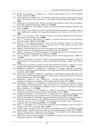 Ensemble based Distributed K-Modes Clustering
88
[12]. Halkidi M., Batistakis Y., Vazirgiannis M., Cluster Validity Methods: Part II. ACM SIGMOD
Record, 31(3), 19-27 (2002)
[13]. Hammouda K.M. and Kamel M.S., Hierarchically distributed peer-to-peer document clustering and
cluster summarization, IEEE Transactions on Knowledge and Data Engineering, 21(5), 681-698
(2009)
[14]. Hammouda K.M and Kamel M.S., Models of distributed data clustering in peer-to-peer environments,
Knowledge and Information Systems, 38 (2), 303-329 (2014)
[15]. Han J. and Kamber M., Data Mining: Concepts and Techniques, Morgan Kaufmann Publishers, San
Francisco, (2006)
[16]. He Z., Deng S., Xu X., Improving K-Modes algorithm considering frequencies of attribute values in
mode, International Conference on Computational Intelligence and Security, LNAI 3801, 157-162
(2005)
[17]. Hore P. and Lawrence O. Hall, Scalable Clustering: A Distributed Approach, IEEE International
Conference on Fuzzy Systems, 25-29 (2004)
[18]. Hore P., Lawrence O. Hall, Dimitry B. Goldgofz, A Scalable Framework for Cluster Ensembles,
Pattern Recognition, 42(3), 676-688 (2009)
[19]. Huang Z., A fast clustering algorithm to cluster very large categorical data sets in data mining,
Proceedings of the SIGMOD Workshop on Research Issues on Data Mining and Know ledge
Discovery, Tucson, Arizona, USA,1-8 (1997a)
[20]. Huang Z., Clustering large data sets with mixed numeric and categorical Values, Proceedings of the
FirstAsia Confernce on Knowledge Discovery and Data Mining, 21-34 (1997b)
[21]. Huang Z., Extensions to the K-Means algorithm for clustering large data sets with categorical values,
Data Mining and Knowledge Discovery , 2(3), 283-304 (1998)
[22]. Jain A., Murthy K., Flynn M.N., Data Clustering: A Review, ACM Computing Surveys, 31(3), 265-
323 (1999)
[23]. Januzaj E., Kriegel Hans P., Pfeifle M., DBDC: Density Based Distributed Clustering, E. Bertino, S.
Christodoulakis, D. Plexousakis (eds.), Advances in Databases Technology – EDBT, 2992, 529-530
(2004)
[24]. Ji Genlin and Ling Xiaohan, Ensemble Learning based Distributed Clustering, T. Washio et al., (eds.),
Emerging Technology and Knowledge Discovery and Data Mining, 4819, 312-321 (2007).
[25]. Karthikeyani Visalakshi N., Thangavel K., Alagambigai P., Ensemble Approach to Distributed
Clustering, Natarajan et al.(eds.), Mathematical and Computational Model, Narosa Publishing House,
New Delhi, 252-261 (2007)
[26]. Karthikeyani Visalakshi N., Thangavel K., Alagambigai P., Distributed clustering for data sources with
diverse schema, Third International Conference on Convergence and Hybrid Information Technology,
IEEE Computer Society, 1058-1063 (2008).
[27]. Karthikeyani Visalakshi N. and Thangavel K., Ensemble based Distributed Soft Clusteing,
International Conference on Computing , Communication and Networking, IEEE, (2008)
[28]. Karthikeyani Visalakshi N. and Thangavel K., Distributed data clustering: a comparative analysis,
Ajith Abraham, Aboul-Ella Hassanien, Andr´e Ponce de Leon F. de Carvalho, and Václav Snášel
(Eds.), Foundations of Computational Intelligence, Studies in Computational Intelligence, Springer
Berlin / Heidelberg, 371-398 (2009)
[29]. Karthikeyani Visalakshi N., and Thangavel K., Impact of Normalization in Distributed K-Means
Clustering, International Conference on Soft Computing, 4(4), 165-172 (2009)
[30]. Karthikeyani Visalakshi N. and Thangavel K., An intuitionistic fuzzy approach to distributed fuzzy
clustering, International Journal of Computer Theory and Engineering, 2(2), 1793-8201 (2010)
[31]. Kashef R. and Kamel M., Distributed Cooperative Hard-Fuzzy Document Clustering, Proceedings of
the Annual Scientific Conference of the LORNET Reseach Network, Montreal, 8-10 (2006)
[32]. Liang Bai and Jiye Liang, The K-Modes type clustering plus between cluster information for
categorical data, Neurocomputing,133(10), 111–121 (2014)
[33]. Merz C. J. and Murphy P. M., UCI Repository of Machine Learning Databases. Irvine, University of
California, http://www.ics.uci.eedu/~mlearn/ (1998)
[34]. Ng M.K., Li M.J., Huang J.Z., He Z., On the impact of dissimilarity measure in K-Modes clustering
algorithm, IEEE Transactions on Pattern Analysis and Machine Intelligence , 29(3), 503–507 ( 2007)
[35]. Omar S. Soliman, Doaa A. Saleh, and Samaa Rashwan, A Bio Inspired Fuzzy K-Modes Clustring
Algorithm, ICONIP, Part III, LNCS 7665, 663–669 (2012)
[36]. Pakhira M.K., Clustering large databases in distributed environment, IEEE International Advanced
Computing Conference, 351-358 (2009)
 