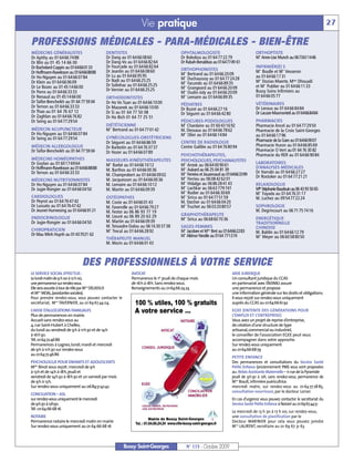 Vie pratique                                                                                                      27

PROFESSIONS MÉDICALES - PARA-MÉDICALES - BIEN-ÊTRE
MÉDECINS GÉNÉRALISTES                     DENTISTES                                 OPHTALMOLOGISTE                               ORTHOPTISTE
                                          Dr Dang au 01 64 66 08 60                 Dr Bokobza au 01 64 77 22 79                  M Anne-Lise Munch au 0673611446
                                                                                                                                    me
Dr Apithy au 01 64 66 74 88
Dr Blin au 01 45 14 66 00                 Dr Dang-Vo au 01 64 66 82 64              Dr Rabah-Benabbas au 01647749 61
Dr Bachelard-Coppin au 0164660133         Dr Fourcade au 01 64 66 82 64                                                           INFIRMIÈR(E) S
                                          Dr Jeanlin au 01 64 66 08 60              ORTHOPHONISTES                                M Boulle et M Vesseron
                                                                                                                                    me             me

Dr Hoffmann-Raveloson au 0164668888                                                   me
                                                                                    M Bertrand au 01 64 66 20 09
Dr Ho-Nguyen au 01 64 66 07 84            Dr Lu au 01 64 66 95 95                                                                 au 01 64 66 17 31
                                                                                    M Duchaussoy au 01 64 77 24 28
                                                                                      me



Dr Klein au 01 64 66 06 09                Dr Naili au 01 64 66 25 25                                                              M Dozias-Maerte, Mme Dhouadi
                                                                                                                                    me


                                                                                    M Facundo au 01 64 66 89 35
                                                                                      me



Dr Le Bozec au 01 45 14 66 00             Dr Solinhac au 01 64 66 25 25                                                           et M Publier au 01 64 66 11 33
                                                                                                                                         me

                                                                                    M Grangeard au 01 64 66 20 09
                                                                                      me



Dr Porro au 01 64 66 33 33                Dr Vernier au 01 64 66 25 25                                                            Bussy Soins Infirmiers au
                                                                                    M Oudin-Joly au 01 64 66 20 09
                                                                                      me



Dr Renaud au 01 45 14 66 00               ORTHODONTISTES
                                                                                      me
                                                                                    M Lemaire au 01 64 66 89 35                   01 64 66 05 77
Dr Taïfor-Bencheikh au 01 64 77 59 04     Dr Ho Vo Tuan au 01 64 66 10 00                                                         VÉTÉRINAIRES
Dr Ternon au 01 64 66 33 33                                                         PÉDIATRES
                                          Dr Mazanek au 01 64 66 10 00              Dr Buzot au 01 64 66 27 16                    Dr Leroux au 01 64 66 84 84
Dr Thao au 01 64 76 67 12                 Dr Si au 01 64 77 50 08                   Dr Séguret au 01 64 66 42 80                  Dr Lacaze-Masmonteil au 0164668484
Dr Zaghlan au 01 64 66 76 82              Dr Ho Bich 01 64 77 25 51
Dr Seing au 01 64 77 29 54                                                          PÉDICURES-PODOLOGUES                          PHARMACIES
                                          DIÉTÉTICIENNE                               lle
                                                                                    M Chardaire au 01 60 43 16 92                 Pharmacie Ancel au 01 64 77 29 50
MÉDECIN ACUPUNCTEUR                       M Bertrand au 01 64 77 01 42
                                            me

                                                                                    M. Dessaux au 01 64 66 78 62                  Pharmacie de la Croix Saint-Georges
Dr Ho-Nguyen au 01 64 66 07 84                                                        me
                                                                                    M Olier au 01 64 66 14 84                     au 01 64 66 17 96
Dr Seing au 01 64 77 29 54                GYNÉCOLOGUES-OBSTÉTRICIENS
                                          Dr Séguret au 01 64 66 86 59              CENTRE DE RADIOLOGIE                          Pharmacie de la Gare au 0164669007
MÉDECIN ALLERGOLOGUE                      Dr Barbotin au 01 64 76 37 37             Centre Galilée au 01 64 76 80 94              Pharmacie Huron au 01 64 66 85 69
Dr Taïfor-Bencheikh au 01 64 77 59 04     Dr Hozer au 01 64 66 07 89                                                              Pharmacie O Vert au 01 64 76 30 82
                                                                                    PSYCHOTHÉRAPEUTES,                            Pharmacie du RER au 01 64 66 90 84
MÉDECINS HOMÉOPATHES                      MASSEURS-KINÉSITHÉRAPEUTES                PSYCHOLOGUES, PSYCHANALYSTES
Dr Gozlan au 01 60 17 69 64                                                                                                       LABORATOIRES
                                          M Barbé au 01 64 66 10 12
                                            me
                                                                                    M Antok au 06 64 00 90 61
                                                                                      me


Dr Hoffmann-Raveloson au 0164668888                                                                                               D’ANALYSES MÉDICALES
                                                                                    M Aubard au 06 25 04 81 39
                                                                                      me
                                          M. Barthos au 01 64 66 00 36                                                            Dr Harrabi au 01 64 66 27 27
Dr Ternon au 01 64 66 33 33               M. Champrobert au 01 64 66 09 02
                                                                                      mes
                                                                                    M Ferreira et Jouannaud au 0164663399         Dr Rostoker au 01 64 77 21 21
                                                                                    M Ferrieu au 06 08 42 62 01
                                                                                      me

MÉDECINS NUTRITIONNISTES                  M. Jacquesson au 01 64 66 00 36
                                                                                    M Hidalgo au 06 86 28 41 43
                                                                                      me

Dr Ho-Nguyen au 01 64 66 07 84            M. Lemaire au 01 64 66 10 12                                                            RELAXOLOGUE
                                                                                    M Lachkar au 06 63 779 741
                                                                                      me

Dr Jugie-Rongier au 01 64 66 04 50        M. Martin au 01 64 66 09 39                                                             Mlle Stéphanie Baudouin au 06 43 93 50 65
                                                                                    M Rodier au 01 64 66 30 69
                                                                                      me

                                                                                                                                  M Fayada au 01 64 76 31 17
                                                                                                                                    me


CARDIOLOGUES                              OSTÉOPATHES                               M Sirica au 01 64 77 51 59
                                                                                      me

                                                                                                                                  M. Luchez au 09 54 77 22 24
Dr Peyrot au 01 64 76 47 42               M. Coste au 01 64 66 01 43                M. Stecher au 01 64 66 04 20
Dr Lussato au 01 64 76 47 42              M. Faverolle au 01 64 66 79 27            M Truchet au 06 03 20 80 57
                                                                                      me
                                                                                                                                  SOPHROLOGIE
Dr Jeunet-Hurreesing au 0164669121        M. Festor au 06 86 93 77 19                                                             M. Degrincourt au 06 71 75 74 16
                                          M. Lieuré au 06 89 20 63 29               GRAPHOTHÉRAPEUTE
ENDOCRINOLOGUE                                                                      M Sirica au 06 68 60 70 36
                                                                                      me
                                                                                                                                  ENERGÉTIQUE
Dr Jugie-Rongier au 01 64 66 04 50        M. Martin au 01 64 66 09 39                                                             TRADITIONNELLE
                                          M. Teissedre-Dalou au 06 16 30 37 38      SAGES-FEMMES                                  CHINOISE
CHIROPRATICIEN                            M Trecul au 01 64 66 28 92
                                            me
                                                                                    M Jacobee et Mme Bret au 0164662283
                                                                                      me



Dr Mau Minh Huynh au 01437021 62                                                                                                  M. Baldin au 01 64 66 12 79
                                                                                    M Aliénor Nestile au 0164 771374
                                                                                      me

                                                                                                                                  M Meyer au 06 60 58 80 50
                                                                                                                                    me

                                          THÉRAPEUTE MANUEL
                                          M. Morin au 01 64 66 01 43



                             DES PROFESSIONNELS À VOTRE SERVICE
LE SERVICE SOCIAL EFFECTUE:                             AVOCAT                                                      AIDE JURIDIQUE
Le lundi matin de 9 h 00 à 12 h 00,                     Permanence le 1er jeudi de chaque mois                      Un consultant juridique du CCAS
une permanence sur rendez-vous.                         de 16h à 18h. Sans rendez-vous.                             en partenariat avec l’AVIMEJ assure
Elle sera assurée à tour de rôle par Mme DELASSUS       Renseignements au 0164662424                                une permanence et propose
et Mme MOAL, (assistantes sociales).                                                                                une information générale sur les droits et obligations.
Pour prendre rendez-vous, vous pouvez contacter le                                                                  Il vous reçoit sur rendez-vous uniquement
secrétariat, Mme TAVERNIER, au 01 69 67 44 04.                                                                      auprès du CCAS au 0164666192
CAISSE D’ALLOCATIONS FAMILIALES                                                                                     EGEE (ENTENTE DES GÉNÉRATIONS POUR
Plus de permanences en mairie.                                                                                      L’EMPLOI ET L’ENTREPRISE)
Accueil sans rendez-vous au                                                                                         Vous avez un projet de reprise d’entreprise,
4, rue Saint-Hubert à Chelles,                                                                                      de création d’une structure de type
du lundi au vendredi de 9h à 11h30 et de 14h                                                                        artisanal, commercial ou industriel,
à 16h30.                                                                                                            le conseiller de l’association EGEE peut vous
Tél. 0164724686                                                                                                     accompagner dans votre approche.
Permanences à Lognes, lundi, mardi et mercredi                                                                      Sur rendez-vous uniquement
de 9h à 11h30 sur rendez-vous                                                                                       au 0164666879
au 0164724686
                                                                                                                    PETITE ENFANCE
PSYCHOLOGUE POUR ENFANTS ET ADOLESCENTS                                                                             Des permanences et consultations du Service Santé
Melle Binot vous reçoit: mercredi de 9h                                                                             Petite Enfance (anciennement PMI) vous sont proposées
à 13h et de 14h à 18h, jeudi et                                                                                     au: Relais Assistante Maternelle – 11 rue de la Pyramide
vendredi de 14h30 à 18h30 et un samedi par mois                                                                     jeudi de 9h30 à 12h, sans rendez-vous, permanence de
de 9h à 13h.                                                                                                        Mme Brault, infirmière puéricultrice.
Sur rendez-vous uniquement au 0684514242                                                                            mercredi matin, sur rendez-vous au 01 64 77 28 85,
                                                                                                                    consultation nourrisson, par le docteur Lorian
CONCILIATION – ASL
sur rendez-vous uniquement le mercredi                                                                              En cas d’urgence vous pouvez contacter le secrétariat du
de 9h30 à 12h30.                                                                                                    Service Santé Petite Enfance à Noisiel au 0169674451
Tél : 01 64 66 68 16
                                                                                                                    Le mercredi de 13 h 30 à 17 h 00, sur rendez-vous,
NOTAIRE                                                                                                             une consultation de planification par le
Permanence notaire le mercredi matin en mairie                                                                      Docteur MARINIER pour cela vous pouvez joindre
Sur rendez-vous uniquement au 01 64 66 68 16                                                                        Mme LAURENT, secrétaire au 01 69 67 31 63



                                                     Bussy Saint-Georges                    N° 115 - Octobre 2009
 
