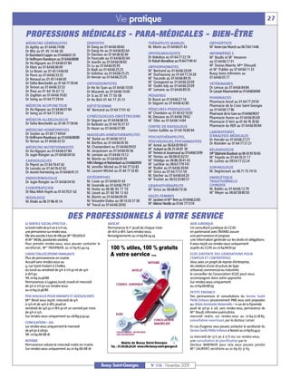 Vie pratique                                                                                                    27

PROFESSIONS MÉDICALES - PARA-MÉDICALES - BIEN-ÊTRE
MÉDECINS GÉNÉRALISTES                     DENTISTES                                  THÉRAPEUTE MANUEL                            ORTHOPTISTE
                                          Dr Dang au 01 64 66 08 60                  M. Morin au 01 64 66 01 43                   M Anne-Lise Munch au 0673611446
                                                                                                                                    me
Dr Apithy au 01 64 66 74 88
Dr Blin au 01 45 14 66 00                 Dr Dang-Vo au 01 64 66 82 64
Dr Bachelard-Coppin au 0164660133         Dr Daviaux au 01 64 66 82 64               OPHTALMOLOGISTE                              INFIRMIÈR(E) S
                                          Dr Fourcade au 01 64 66 82 64              Dr Bokobza au 01 64 77 22 79                 M Boulle et M Vesseron
                                                                                                                                    me             me


Dr Hoffmann-Raveloson au 0164668888                                                  Dr Rabah-Benabbas au 01647749 61
Dr Ho-Nguyen au 01 64 66 07 84            Dr Jeanlin au 01 64 66 08 60                                                            au 01 64 66 17 31
                                                                                                                                  M Dozias-Maerte, Mme Dhouadi
                                                                                                                                    me


Dr Klein au 01 64 66 06 09                Dr Lu au 01 64 66 95 95                    ORTHOPHONISTES
                                                                                                                                  et M Publier au 01 64 66 11 33
                                                                                                                                         me


Dr Le Bozec au 01 45 14 66 00             Dr Naili au 01 64 66 25 25                 M Bertrand au 01 64 66 20 09
                                                                                       me




Dr Porro au 01 64 66 33 33                Dr Solinhac au 01 64 66 25 25              M Duchaussoy au 01 64 77 24 28
                                                                                       me
                                                                                                                                  Bussy Soins Infirmiers au
                                          Dr Vernier au 01 64 66 25 25               M Facundo au 01 64 66 89 35
                                                                                       me
                                                                                                                                  01 64 66 05 77
Dr Renaud au 01 45 14 66 00
                                                                                     M Grangeard au 01 64 66 20 09
                                                                                       me

Dr Taïfor-Bencheikh au 01 64 77 59 04     ORTHODONTISTES                                                                          VÉTÉRINAIRES
                                                                                     M Oudin-Joly au 01 64 66 20 09
                                                                                       me

Dr Ternon au 01 64 66 33 33               Dr Ho Vo Tuan au 01 64 66 10 00                                                         Dr Leroux au 01 64 66 84 84
                                                                                     M Lemaire au 01 64 66 89 35
                                                                                       me


Dr Thao au 01 64 76 67 12                 Dr Mazanek au 01 64 66 10 00                                                            Dr Lacaze-Masmonteil au 0164668484
Dr Zaghlan au 01 64 66 76 82              Dr Si au 01 64 77 50 08                    PÉDIATRES
Dr Seing au 01 64 77 29 54                                                           Dr Buzot au 01 64 66 27 16                   PHARMACIES
                                          Dr Ho Bich 01 64 77 25 51
                                                                                     Dr Séguret au 01 64 66 42 80                 Pharmacie Ancel au 01 64 77 29 50
MÉDECIN ACUPUNCTEUR                       DIÉTÉTICIENNE                                                                           Pharmacie de la Croix Saint-Georges
Dr Ho-Nguyen au 01 64 66 07 84            M Bertrand au 01 64 77 01 42
                                            me
                                                                                     PÉDICURES-PODOLOGUES                         au 01 64 66 17 96
                                                                                     M Chardaire au 01 60 43 16 92
                                                                                       lle
Dr Seing au 01 64 77 29 54                                                                                                        Pharmacie de la Gare au 0164669007
                                          GYNÉCOLOGUES-OBSTÉTRICIENS                 M. Dessaux au 01 64 66 78 62                 Pharmacie Huron au 01 64 66 85 69
MÉDECIN ALLERGOLOGUE                      Dr Séguret au 01 64 66 86 59                 me
                                                                                     M Olier au 01 64 66 14 84
Dr Taïfor-Bencheikh au 01 64 77 59 04                                                                                             Pharmacie O Vert au 01 64 76 30 82
                                          Dr Barbotin au 01 64 76 37 37                                                           Pharmacie du RER au 01 64 66 90 84
                                          Dr Hozer au 01 64 66 07 89                 CENTRE DE RADIOLOGIE
MÉDECINS HOMÉOPATHES                                                                 Centre Galilée au 01 64 76 80 94
Dr Gozlan au 01 60 17 69 64                                                                                                       LABORATOIRES
                                          MASSEURS-KINÉSITHÉRAPEUTES                                                              D’ANALYSES MÉDICALES
Dr Hoffmann-Raveloson au 0164668888       M Barbé au 01 64 66 10 12
                                            me                                       PSYCHOTHÉRAPEUTES,
Dr Ternon au 01 64 66 33 33                                                                                                       Dr Harrabi au 01 64 66 27 27
                                          M. Barthos au 01 64 66 00 36               PSYCHOLOGUES, PSYCHANALYSTES                 Dr Rostoker au 01 64 77 21 21
                                                                                     M Antok au 06 64 00 90 61
                                                                                       me


MÉDECINS NUTRITIONNISTES                  M. Champrobert au 01 64 66 09 02
                                                                                     M Aubard au 06 25 04 81 39
                                                                                       me


Dr Ho-Nguyen au 01 64 66 07 84            M. Jacquesson au 01 64 66 00 36                                                         RELAXOLOGUE
                                                                                     M Ferreira et Jouannaud au 0164663399
                                                                                       mes


Dr Jugie-Rongier au 01 64 66 04 50        M. Lemaire au 01 64 66 10 12                                                            Mlle Stéphanie Baudouin au 06 43 93 50 65
                                                                                     M Ferrieu au 06 08 42 62 01
                                                                                       me

                                                                                                                                  M Fayada au 01 64 76 31 17
                                                                                                                                    me


                                          M. Martin au 01 64 66 09 39                M Hidalgo au 06 86 28 41 43
                                                                                       me

CARDIOLOGUES                                                                                                                      M. Luchez au 09 54 77 22 24
Dr Peyrot au 01 64 76 47 42               MM. Menigoz et Reichenbach au 0164660939   M Lachkar au 06 63 779 741
                                                                                       me




Dr Lussato au 01 64 76 47 42              M. Jennifer Michel au 01 64 77 53 83       M Rodier au 01 64 66 30 69
                                                                                       me
                                                                                                                                  SOPHROLOGIE
Dr Jeunet-Hurreesing au 0164669121        M. Laurent Michel au 01 64 77 53 83        M Sirica au 01 64 77 51 59
                                                                                       me
                                                                                                                                  M. Degrincourt au 06 71 75 74 16
                                          OSTÉOPATHES                                M. Stecher au 01 64 66 04 20
ENDOCRINOLOGUE                                                                       M Truchet au 06 03 20 80 57
                                                                                       me                                         ENERGÉTIQUE
Dr Jugie-Rongier au 01 64 66 04 50        M. Coste au 01 64 66 01 43                                                              TRADITIONNELLE
                                          M. Faverolle au 01 64 66 79 27             GRAPHOTHÉRAPEUTE                             CHINOISE
CHIROPRATICIEN                            M. Festor au 06 86 93 77 19                M Sirica au 06 68 60 70 36
                                                                                       me
                                                                                                                                  M. Baldin au 01 64 66 12 79
Dr Mau Minh Huynh au 01437021 62          M. Lieuré au 01 60 94 13 63                                                             M Meyer au 06 60 58 80 50
                                                                                                                                    me




IRIDOLOGIE                                M. Martin au 01 64 66 09 39                SAGES-FEMMES
                                                                                     M Jacobee et Mme Bret au 0164662283
                                                                                       me


M. Khalsi au 06 37 86 45 14               M. Teissedre-Dalou au 06 16 30 37 38
                                                                                     M Aliénor Nestile au 0164 771374
                                                                                       me

                                          M Trecul au 01 64 66 28 92
                                            me




                              DES PROFESSIONNELS À VOTRE SERVICE
LE SERVICE SOCIAL EFFECTUE:                              AVOCAT                                                     AIDE JURIDIQUE
Le lundi matin de 9 h 00 à 12 h 00,                      Permanence le 1er jeudi de chaque mois                     Un consultant juridique du CCAS
une permanence sur rendez-vous.                          de 16h à 18h. Sans rendez-vous.                            en partenariat avec l’AVIMEJ assure
Elle sera assurée à tour de rôle par Mme DELASSUS        Renseignements au 0164662424                               une permanence et propose
et Mme MOAL, (assistantes sociales).                                                                                une information générale sur les droits et obligations.
Pour prendre rendez-vous, vous pouvez contacter le                                                                  Il vous reçoit sur rendez-vous uniquement
secrétariat, Mme TAVERNIER, au 01 69 67 44 04.                                                                      auprès du CCAS au 0164666192
CAISSE D’ALLOCATIONS FAMILIALES                                                                                     EGEE (ENTENTE DES GÉNÉRATIONS POUR
Plus de permanences en mairie.                                                                                      L’EMPLOI ET L’ENTREPRISE)
Accueil sans rendez-vous au                                                                                         Vous avez un projet de reprise d’entreprise,
4, rue Saint-Hubert à Chelles,                                                                                      de création d’une structure de type
du lundi au vendredi de 9h à 11h30 et de 14h                                                                        artisanal, commercial ou industriel,
à 16h30.                                                                                                            le conseiller de l’association EGEE peut vous
Tél. 0164724686                                                                                                     accompagner dans votre approche.
Permanences à Lognes, lundi, mardi et mercredi                                                                      Sur rendez-vous uniquement
de 9h à 11h30 sur rendez-vous                                                                                       au 0164666879
au 0164724686
                                                                                                                    PETITE ENFANCE
PSYCHOLOGUE POUR ENFANTS ET ADOLESCENTS                                                                             Des permanences et consultations du Service Santé
Melle Binot vous reçoit: mercredi de 9h                                                                             Petite Enfance (anciennement PMI) vous sont proposées
à 13h et de 14h à 18h, jeudi et                                                                                     au: Relais Assistante Maternelle – 11 rue de la Pyramide
vendredi de 14h30 à 18h30 et un samedi par mois                                                                     jeudi de 9h30 à 12h, sans rendez-vous, permanence de
de 9h à 13h.                                                                                                        Mme Brault, infirmière puéricultrice.
Sur rendez-vous uniquement au 0684514242                                                                            mercredi matin, sur rendez-vous au 01 64 77 28 85,
                                                                                                                    consultation nourrisson, par le docteur Lorian
CONCILIATION – ASL
sur rendez-vous uniquement le mercredi                                                                              En cas d’urgence vous pouvez contacter le secrétariat du
de 9h30 à 12h30.                                                                                                    Service Santé Petite Enfance à Noisiel au 0169674451
Tél : 01 64 66 68 16
                                                                                                                    Le mercredi de 13 h 30 à 17 h 00, sur rendez-vous,
NOTAIRE                                                                                                             une consultation de planification par le
Permanence notaire le mercredi matin en mairie                                                                      Docteur MARINIER pour cela vous pouvez joindre
Sur rendez-vous uniquement au 01 64 66 68 16                                                                        Mme LAURENT, secrétaire au 01 69 67 31 63



                                                     Bussy Saint-Georges               N° 116 - Novembre 2009
 