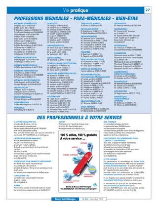 Vie pratique                                                                                                    27

PROFESSIONS MÉDICALES - PARA-MÉDICALES - BIEN-ÊTRE
MÉDECINS GÉNÉRALISTES                     DENTISTES                                  THÉRAPEUTE MANUEL                            ORTHOPTISTE
                                                                                     M. Morin au 01 64 66 01 43                   M Anne-Lise Munch au 0673611446
                                                                                                                                    me
Dr Apithy au 01 64 66 74 88               Dr Dang au 01 64 66 08 60
Dr Blin au 01 45 14 66 00                 Dr Dang-Vo au 01 64 66 82 64
Dr Bachelard-Coppin au 0164660133         Dr Daviaux au 01 64 66 95 95               OPHTALMOLOGISTE                              INFIRMIÈR(E) S
                                          Dr Fourcade au 01 64 66 82 64              Dr Bokobza au 01 64 77 22 79                   me              me
                                                                                                                                  M Corneil et M Vesseron
Dr Hoffmann-Raveloson au 0164668888                                                  Dr Rabah-Benabbas au 01647749 61
Dr Ho-Nguyen au 01 64 66 07 84            Dr Jeanlin au 01 64 66 08 60                                                            au 01 64 66 17 31
                                                                                                                                  M Dozias-Maerte, Mme Dhouadi
                                                                                                                                    me


Dr Klein au 01 64 66 06 09                Dr Lu au 01 64 66 95 95                    ORTHOPHONISTES
                                                                                                                                  et M Publier au 01 64 66 11 33
                                                                                                                                         me


Dr Le Bozec au 01 45 14 66 00             Dr Naili au 01 64 66 25 25                 M Bertrand au 01 64 66 20 09
                                                                                       me




Dr Porro au 01 64 66 33 33                Dr Solinhac au 01 64 66 25 25                me
                                                                                     M Duchaussoy au 01 64 77 24 28               Bussy Soins Infirmiers au
                                          Dr Vernier au 01 64 66 25 25                 me
                                                                                     M Facundo au 01 64 66 89 35                  01 64 66 05 77
Dr Renaud au 01 45 14 66 00
                                                                                     M Grangeard au 01 64 66 20 09
                                                                                       me

Dr Taïfor-Bencheikh au 01 64 77 59 04     ORTHODONTISTES                                                                          VÉTÉRINAIRES
                                                                                     M Oudin-Joly au 01 64 66 20 09
                                                                                       me

Dr Ternon au 01 64 66 33 33               Dr Ho Vo Tuan au 01 64 66 10 00                                                         Dr Leroux au 01 64 66 84 84
                                                                                     M Lemaire au 01 64 66 89 35
                                                                                       me


Dr Thao au 01 64 76 67 12                 Dr El Moumi au 01 64 66 10 00                                                           Dr Lacaze-Masmonteil au 0164668484
Dr Zaghlan au 01 64 66 76 82              Dr Si au 01 64 77 50 08                    PÉDIATRES
Dr Seing au 01 64 77 29 54                                                           Dr Buzot au 01 64 66 27 16                   PHARMACIES
                                          Dr Ho Bich 01 64 77 25 51
                                                                                     Dr Séguret au 01 64 66 42 80                 Pharmacie Ancel au 01 64 77 29 50
MÉDECIN ACUPUNCTEUR                       DIÉTÉTICIENNE                                                                           Pharmacie de la Croix Saint-Georges
Dr Ho-Nguyen au 01 64 66 07 84              me
                                          M Bertrand au 01 64 77 01 42               PÉDICURES-PODOLOGUES                         au 01 64 66 17 96
                                                                                     M Chardaire au 01 60 43 16 92
                                                                                       lle
Dr Seing au 01 64 77 29 54                                                                                                        Pharmacie de la Gare au 0164669007
                                          GYNÉCOLOGUES-OBSTÉTRICIENS                 M. Dessaux au 01 64 66 78 62                 Pharmacie Thibaut au 01 64 66 85 69
MÉDECIN ALLERGOLOGUE                      Dr Séguret au 01 64 66 86 59                 me
                                                                                     M Olier au 01 64 66 14 84
Dr Taïfor-Bencheikh au 01 64 77 59 04                                                                                             Pharmacie O Vert au 01 64 76 30 82
                                          Dr Barbotin au 01 64 76 37 37                                                           Pharmacie du RER au 01 64 66 90 84
                                          Dr Hozer au 01 64 66 07 89                 CENTRE DE RADIOLOGIE
MÉDECINS HOMÉOPATHES                                                                 Centre Galilée au 01 64 76 80 94
Dr Gozlan au 01 60 17 69 64                                                                                                       LABORATOIRES
                                          MASSEURS-KINÉSITHÉRAPEUTES                                                              D’ANALYSES MÉDICALES
Dr Hoffmann-Raveloson au 0164668888         me
                                          M Barbé au 01 64 66 10 12                  PSYCHOTHÉRAPEUTES,
Dr Ternon au 01 64 66 33 33                                                          PSYCHOLOGUES, PSYCHANALYSTES                 Dr Harrabi au 01 64 66 27 27
                                          M. Barthos au 01 64 66 00 36                                                            Dr Rostoker au 01 64 77 21 21
                                                                                     M Antok au 06 64 00 90 61
                                                                                       me


MÉDECINS NUTRITIONNISTES                  M. Champrobert au 01 64 66 09 02
                                                                                     M Aubard au 06 25 04 81 39
                                                                                       me


Dr Ho-Nguyen au 01 64 66 07 84            M. Jacquesson au 01 64 66 00 36                                                         RELAXOLOGUE
                                                                                     M Ferreira et Jouannaud au 0164663399
                                                                                       mes


Dr Jugie-Rongier au 01 64 66 04 50        M. Lemaire au 01 64 66 10 12                                                            Mlle Stéphanie Baudouin au 06 43 93 50 65
                                                                                     M Ferrieu au 06 08 42 62 01
                                                                                       me

                                                                                                                                  M Fayada au 01 64 76 31 17
                                                                                                                                    me


                                          M. Martin au 01 64 66 09 39                M Hidalgo au 06 86 28 41 43
                                                                                       me

CARDIOLOGUES                                                                                                                      M. Luchez au 09 54 77 22 24
Dr Peyrot au 01 64 76 47 42               MM. Menigoz et Reichenbach au 0160941284   M Lachkar au 06 63 779 741
                                                                                       me




Dr Lussato au 01 64 76 47 42              M. Jennifer Michel au 01 64 77 53 83       M Rodier au 01 64 66 30 69
                                                                                       me
                                                                                                                                  SOPHROLOGIE
Dr Jeunet-Hurreesing au 0164669121        M. Laurent Michel au 01 64 77 53 83        M Sirica au 01 64 77 51 59
                                                                                       me
                                                                                                                                  M. Degrincourt au 06 71 75 74 16
                                          OSTÉOPATHES                                M. Stecher au 01 64 66 04 20
ENDOCRINOLOGUE                                                                       M Truchet au 06 03 20 80 57
                                                                                       me                                         ENERGÉTIQUE
Dr Jugie-Rongier au 01 64 66 04 50        M. Coste au 01 64 66 01 43                                                              TRADITIONNELLE
                                          M. Faverolle au 01 64 66 79 27             GRAPHOTHÉRAPEUTE                             CHINOISE
CHIROPRATICIEN                            M. Festor au 06 86 93 77 19                M Sirica au 06 68 60 70 36
                                                                                       me
                                                                                                                                  M. Baldin au 01 64 66 12 79
Dr Mau Minh Huynh au 01437021 62          M. Lieuré au 01 60 94 13 63                                                             M Meyer au 06 60 58 80 50
                                                                                                                                    me




IRIDOLOGIE                                M. Martin au 01 64 66 09 39                SAGES-FEMMES
                                                                                     M Jacobee et Mme Bret au 0164662283
                                                                                       me


M. Khalsi au 06 37 86 45 14               M. Teissedre-Dalou au 06 16 30 37 38
                                                                                     M Aliénor Nestile au 0164 771374
                                                                                       me

                                          M Trecul au 01 64 66 28 92
                                            me




                              DES PROFESSIONNELS À VOTRE SERVICE
LE SERVICE SOCIAL EFFECTUE:                              AVOCAT                                                     AIDE JURIDIQUE
Le lundi matin de 9 h 00 à 12 h 00,                      Permanence le 1er jeudi de chaque mois                     Un consultant juridique du CCAS
une permanence sur rendez-vous.                          de 16h à 18h. Sans rendez-vous.                            en partenariat avec l’AVIMEJ assure
Elle sera assurée à tour de rôle par Mme DELASSUS        Renseignements au 0164662424                               une permanence et propose
et Mme MOAL, (assistantes sociales).                                                                                une information générale sur les droits et obligations.
Pour prendre rendez-vous, vous pouvez contacter le                                                                  Il vous reçoit sur rendez-vous uniquement
secrétariat, Mme TAVERNIER, au 01 69 67 44 04.                                                                      auprès du CCAS au 0164666192
CAISSE D’ALLOCATIONS FAMILIALES                                                                                     EGEE (ENTENTE DES GÉNÉRATIONS POUR
Plus de permanences en mairie.                                                                                      L’EMPLOI ET L’ENTREPRISE)
Accueil sans rendez-vous au                                                                                         Vous avez un projet de reprise d’entreprise,
4, rue Saint-Hubert à Chelles,                                                                                      de création d’une structure de type
du lundi au vendredi de 9h à 11h30 et de 14h                                                                        artisanal, commercial ou industriel,
à 16h30.                                                                                                            le conseiller de l’association EGEE peut vous
Tél. 0164724686                                                                                                     accompagner dans votre approche.
Permanences à Lognes, lundi, mardi et mercredi                                                                      Sur rendez-vous uniquement
de 9h à 11h30 sur rendez-vous                                                                                       au 0164666879
au 0164724686
                                                                                                                    PETITE ENFANCE
PSYCHOLOGUE POUR ENFANTS ET ADOLESCENTS                                                                             Des permanences et consultations du Service Santé
Melle Binot vous reçoit: mercredi de 9h                                                                             Petite Enfance (anciennement PMI) vous sont proposées
à 13h et de 14h à 18h, jeudi et                                                                                     au: Relais Assistante Maternelle – 11 rue de la Pyramide
vendredi de 14h30 à 18h30 et un samedi par mois                                                                     jeudi de 9h30 à 12h, sans rendez-vous, permanence de
de 9h à 13h.                                                                                                        Mme Brault, infirmière puéricultrice.
Sur rendez-vous uniquement au 0684514242                                                                            mercredi matin, sur rendez-vous au 01 64 77 28 85,
                                                                                                                    consultation nourrisson, par le docteur Lorian
CONCILIATION – ASL
sur rendez-vous uniquement le mercredi                                                                              En cas d’urgence vous pouvez contacter le secrétariat du
de 9h30 à 12h30.                                                                                                    Service Santé Petite Enfance à Noisiel au 0169674451
Tél : 01 64 66 68 16
                                                                                                                    Le mercredi de 13 h 30 à 17 h 00, sur rendez-vous,
NOTAIRE                                                                                                             une consultation de planification par le
Permanence notaire le mercredi matin en mairie                                                                      Docteur MARINIER pour cela vous pouvez joindre
Sur rendez-vous uniquement au 01 64 66 68 16                                                                        Mme LAURENT, secrétaire au 01 69 67 31 63



                                                     Bussy Saint-Georges               N° 117 - Décembre 2009
 