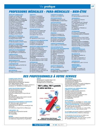 BUSSYMAG120_GABARIT BUSSYMAG NEW2009 23/03/10 09:46 Page27




                                                                        Vie pratique                                                                                                     27

           PROFESSIONS MÉDICALES - PARA-MÉDICALES - BIEN-ÊTRE
           MÉDECINS GÉNÉRALISTES                     DENTISTES                                 THÉRAPEUTE MANUEL                            ORTHOPTISTE
                                                                                               M. Morin au 01 64 66 01 43                   M Anne-Lise Munch au 0673611446
                                                                                                                                              me
           Dr Apithy au 01 64 66 74 88               Dr Dang au 01 64 66 08 60
           Dr Blin au 01 45 14 66 00                 Dr Dang-Vo au 01 64 66 82 64              OPHTALMOLOGISTE
           Dr Bachelard-Coppin au 0164660133         Dr Daviaux au 01 64 66 95 95                                                           INFIRMIÈR(E) S
                                                                                               Dr Bokobza au 01 64 77 22 79                   me             me
                                                                                                                                            M Corneil et M Vesseron
           Dr Hoffmann-Raveloson au 0164668888       Dr Fourcade au 01 64 66 82 64             Dr Rabah-Benabbas au 01647749 61
           Dr Ho-Nguyen au 01 64 66 07 84            Dr Jeanlin au 01 64 66 08 60                                                           au 01 64 66 17 31
                                                                                                                                            M Dozias-Maerte, Mme Dhouadi
                                                                                                                                              me


           Dr Klein au 01 64 66 06 09                Dr Lu au 01 64 66 95 95                   ORTHOPHONISTES
                                                                                                                                            et M Publier au 01 64 66 11 33
                                                                                                                                                   me

                                                                                               M Bertrand au 01 64 66 20 09
                                                                                                 me

           Dr Le Bozec au 01 45 14 66 00             Dr Naili au 01 64 66 25 25
           Dr Porro au 01 64 66 33 33                Dr Solinhac au 01 64 66 25 25
                                                                                                 me
                                                                                               M Duchaussoy au 01 64 77 24 28               Bussy Soins Infirmiers au
           Dr Renaud au 01 45 14 66 00               Dr Vernier au 01 64 66 25 25
                                                                                                 me
                                                                                               M Facundo au 01 64 66 89 35                  01 64 66 05 77
           Dr Taïfor-Bencheikh au 01 64 77 59 04
                                                                                                 me
                                                                                               M Grangeard au 01 64 66 20 09                Mmes Ajzenberg et Pietrobon au
           Dr Ternon au 01 64 66 33 33               ORTHODONTISTES                              me
                                                                                               M Oudin-Joly au 01 64 66 20 09               01 64 66 42 46
           Dr Thao au 01 64 76 67 12                 Dr Ho Vo Tuan au 01 64 66 10 00             me
                                                                                               M Lemaire au 01 64 66 89 35                  VÉTÉRINAIRES
           Dr Zaghlan au 01 64 66 76 82              Dr El Moumi au 01 64 66 10 00                                                          Dr Leroux au 01 64 66 84 84
                                                     Dr Si au 01 64 77 50 08                   PÉDIATRES
           Dr Seing au 01 64 77 29 54                                                          Dr Buzot au 01 64 66 27 16                   Dr Lacaze-Masmonteil au 0164668484
                                                     Dr Ho Bich 01 64 77 25 51
           MÉDECIN ACUPUNCTEUR                                                                 Dr Séguret au 01 64 66 42 80                 PHARMACIES
           Dr Ho-Nguyen au 01 64 66 07 84            DIÉTÉTICIENNE                                                                          Pharmacie Ancel au 01 64 77 29 50
                                                       me
                                                     M Bertrand au 01 64 77 01 42              PÉDICURES-PODOLOGUES
           Dr Seing au 01 64 77 29 54                                                          M Chardaire au 01 60 43 16 92
                                                                                                 lle
                                                                                                                                            Pharmacie de la Croix Saint-Georges
           MÉDECIN ALLERGOLOGUE                      GYNÉCOLOGUES-OBSTÉTRICIENS                M. Dessaux au 01 64 66 78 62                 au 01 64 66 17 96
                                                                                               M Olier au 01 64 66 14 84
                                                                                                 me

           Dr Taïfor-Bencheikh au 01 64 77 59 04     Dr Séguret au 01 64 66 86 59                                                           Pharmacie de la Gare au 0164669007
                                                     Dr Barbotin au 01 64 76 37 37             CENTRE DE RADIOLOGIE                         Pharmacie Thibaut au 01 64 66 85 69
           MÉDECINS HOMÉOPATHES                      Dr Hozer au 01 64 66 07 89                                                             Pharmacie O Vert au 01 64 76 30 82
           Dr Gozlan au 01 60 17 69 64                                                         Centre Galilée au 01 64 76 80 94
                                                                                                                                            Pharmacie du RER au 01 64 66 90 84
           Dr Hoffmann-Raveloson au 0164668888       MASSEURS-KINÉSITHÉRAPEUTES                PSYCHOTHÉRAPEUTES,
           Dr Ternon au 01 64 66 33 33                 me
                                                     M Barbé au 01 64 66 10 12                                                              LABORATOIRES
                                                                                               PSYCHOLOGUES, PSYCHANALYSTES                 D’ANALYSES MÉDICALES
           MÉDECINS NUTRITIONNISTES                  M. Barthos au 01 64 66 00 36
                                                                                               M Antok au 06 64 00 90 61
                                                                                                 me


                                                     M. Champrobert au 01 64 66 09 02                                                       Dr Harrabi au 01 64 66 27 27
           Dr Ho-Nguyen au 01 64 66 07 84                                                        me
                                                                                               M Aubard au 06 25 04 81 39                   Dr Rostoker au 01 64 77 21 21
           Dr Jugie-Rongier au 01 64 66 04 50        M. Jacquesson au 01 64 66 00 36
                                                                                               M Ferreira et Jouannaud au
                                                                                                 mes


                                                     M. Lemaire au 01 64 66 10 12                                                           RELAXOLOGUE
           CARDIOLOGUES                                                                        0164663399
                                                     M. Martin au 01 64 66 09 39                                                            Mlle Stéphanie Baudouin au
                                                                                               M Ferrieu au 06 08 42 62 01
                                                                                                 me

           Dr Peyrot au 01 64 76 47 42               MM. Menigoz et Reichenbach au
           Dr Lussato au 01 64 76 47 42                                                        M Hidalgo au 06 86 28 41 43
                                                                                                 me
                                                                                                                                            06 43 93 50 65
                                                     0160941284                                                                             M Fayada au 01 64 76 31 17
                                                                                                                                              me

                                                                                               M Lachkar au 06 63 779 741
                                                                                                 me

           Dr Jeunet-Hurreesing au 0164669121        M. Jennifer Michel au 01 64 77 53 83
                                                                                               M Rodier au 01 64 66 30 69
                                                                                                 me                                         M. Luchez au 09 54 77 22 24
           ENDOCRINOLOGUE                            M. Laurent Michel au 01 64 77 53 83
                                                                                               M Sirica au 01 64 77 51 59
                                                                                                 me


           Dr Jugie-Rongier au 01 64 66 04 50                                                                                               SOPHROLOGIE
                                                     OSTÉOPATHES                               M. Stecher au 01 64 66 04 20                 M. Degrincourt au 06 71 75 74 16
                                                     M. Coste au 01 64 66 01 43                M Truchet au 06 03 20 80 57
                                                                                                 me
           CHIROPRATICIEN
           Dr Mau Minh Huynh au 01437021 62          M. Faverolle au 01 64 66 79 27                                                         ENERGÉTIQUE
                                                     M. Lieuré au 01 60 94 13 63               GRAPHOTHÉRAPEUTE                             TRADITIONNELLE
           IRIDOLOGIE                                M. Martin au 01 64 66 09 39               M Sirica au 06 68 60 70 36
                                                                                                 me
                                                                                                                                            CHINOISE
           M. Khalsi au 06 37 86 45 14                                                                                                      M. Baldin au 01 64 66 12 79
                                                     M Rosamond au 06 15 86 40 10
                                                       me

                                                                                               SAGES-FEMMES                                 M Meyer au 06 60 58 80 50
                                                                                                                                              me


           NATUROPATHE                               M. Teissedre-Dalou au 06 16 30 37 38      M Jacobee et Mme Bret au 0164662283
                                                                                                 me



           M. Huygue au 06 07 09 66 17               M Trecul au 01 64 66 28 92
                                                       me
                                                                                               M Aliénor Nestile au 0164 771374
                                                                                                 me




                                         DES PROFESSIONNELS À VOTRE SERVICE
           LE SERVICE SOCIAL EFFECTUE:                             AVOCAT                                                     AIDE JURIDIQUE
           Le lundi matin de 9 h 00 à 12 h 00,                     Permanence le 1er jeudi de chaque mois                     Un consultant juridique du CCAS
           une permanence sur rendez-vous.                         de 16h à 18h. Sans rendez-vous.                            en partenariat avec l’AVIMEJ assure
           Elle sera assurée à tour de rôle par Mme DELASSUS       Renseignements au 0164662424                               une permanence et propose
           et Mme MOAL, (assistantes sociales).                                                                               une information générale sur les droits et obligations.
           Pour prendre rendez-vous, vous pouvez contacter le                                                                 Il vous reçoit sur rendez-vous uniquement
           secrétariat, Mme TAVERNIER, au 01 69 67 44 04.                                                                     auprès du CCAS au 0164666192

           CAISSE D’ALLOCATIONS FAMILIALES                                                                                    EGEE (ENTENTE DES GÉNÉRATIONS POUR
           Plus de permanences en mairie.                                                                                     L’EMPLOI ET L’ENTREPRISE)
           Accueil sans rendez-vous au                                                                                        Vous avez un projet de reprise d’entreprise,
           4, rue Saint-Hubert à Chelles,                                                                                     de création d’une structure de type
           du lundi au vendredi de 9h à 11h30 et de 14h                                                                       artisanal, commercial ou industriel,
           à 16h30.                                                                                                           le conseiller de l’association EGEE peut vous
           Tél. 0164724686                                                                                                    accompagner dans votre approche.
           Permanences à Lognes, lundi, mardi et mercredi                                                                     Sur rendez-vous uniquement
           de 9h à 11h30 sur rendez-vous                                                                                      au 0164666879
           au 0164724686
                                                                                                                              PETITE ENFANCE
           PSYCHOLOGUE POUR ENFANTS ET ADOLESCENTS                                                                            Des permanences et consultations du Service Santé
           Melle Binot vous reçoit: mercredi de 9h                                                                            Petite Enfance (anciennement PMI) vous sont proposées
           à 13h et de 14h à 18h, jeudi et                                                                                    au: Relais Assistante Maternelle – 11 rue de la Pyramide
           vendredi de 14h30 à 18h30 et un samedi par mois                                                                    jeudi de 9h30 à 12h, sans rendez-vous, permanence de
           de 9h à 13h.                                                                                                       Mme Brault, infirmière puéricultrice.
           Sur rendez-vous uniquement au 0684514242                                                                           mercredi matin, sur rendez-vous au 01 64 77 28 85,
                                                                                                                              consultation nourrisson, par le docteur Lorian
           CONCILIATION – ASL
           sur rendez-vous uniquement le mercredi                                                                             En cas d’urgence vous pouvez contacter le secrétariat du
           de 9h30 à 12h30.                                                                                                   Service Santé Petite Enfance à Noisiel au 0169674451
           Tél : 01 64 66 68 16
                                                                                                                              Le mercredi de 13 h 30 à 17 h 00, sur rendez-vous,
           NOTAIRE                                                                                                            une consultation de planification par le
           Permanence notaire le mercredi matin en mairie                                                                     Docteur MARINIER pour cela vous pouvez joindre
           Sur rendez-vous uniquement au 01 64 66 68 16                                                                       Mme LAURENT, secrétaire au 01 69 67 31 63




                                                                Bussy Saint-Georges                    N° 120 - Mars 2010
 