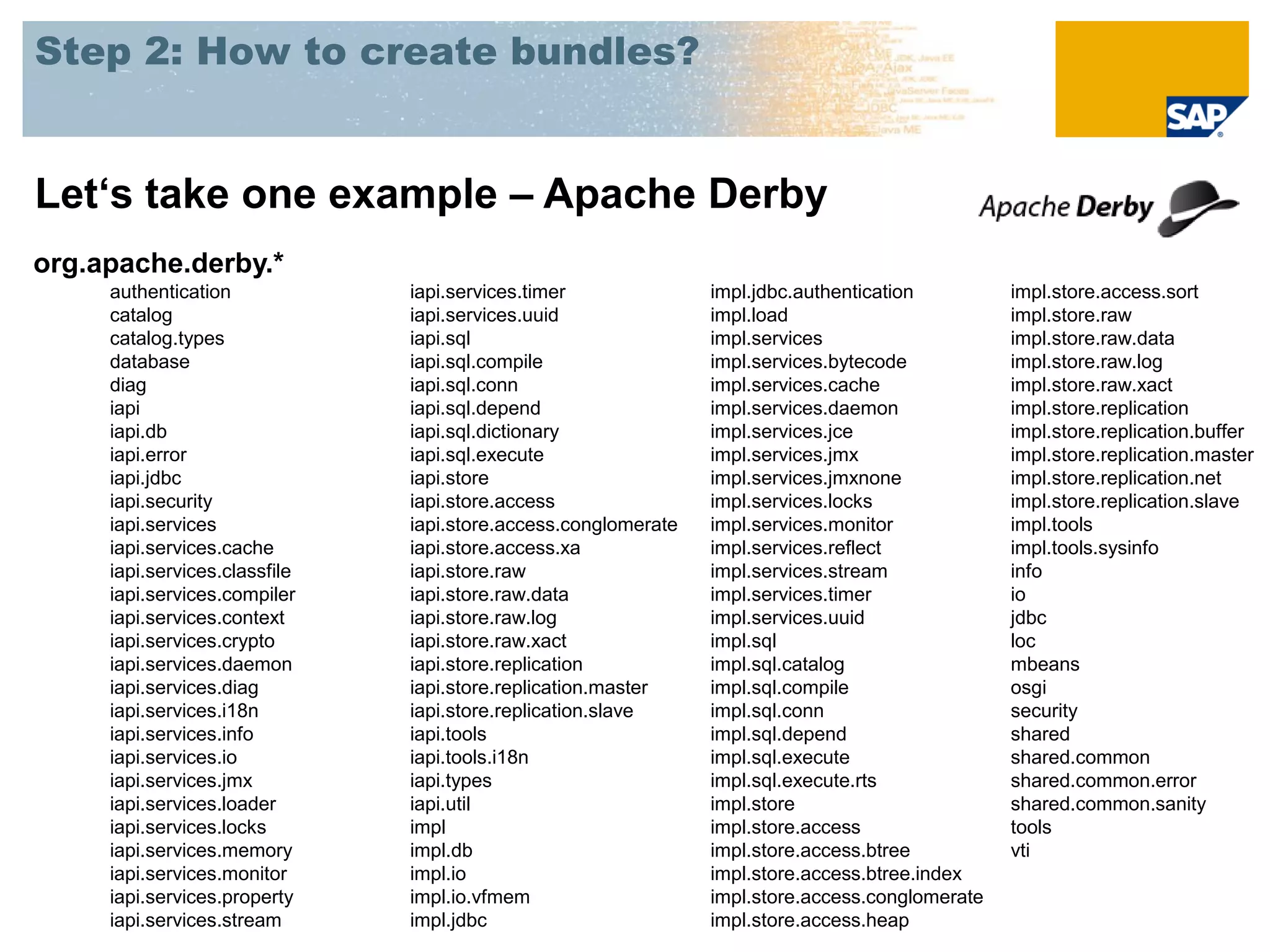 Step 2: How to create bundles?


Let‘s take one example – Apache Derby
org.apache.derby.*
     authentication            iapi.services.timer              impl.jdbc.authentication         impl.store.access.sort
     catalog                   iapi.services.uuid               impl.load                        impl.store.raw
     catalog.types             iapi.sql                         impl.services                    impl.store.raw.data
     database                  iapi.sql.compile                 impl.services.bytecode           impl.store.raw.log
     diag                      iapi.sql.conn                    impl.services.cache              impl.store.raw.xact
     iapi                      iapi.sql.depend                  impl.services.daemon             impl.store.replication
     iapi.db                   iapi.sql.dictionary              impl.services.jce                impl.store.replication.buffer
     iapi.error                iapi.sql.execute                 impl.services.jmx                impl.store.replication.master
     iapi.jdbc                 iapi.store                       impl.services.jmxnone            impl.store.replication.net
     iapi.security             iapi.store.access                impl.services.locks              impl.store.replication.slave
     iapi.services             iapi.store.access.conglomerate   impl.services.monitor            impl.tools
     iapi.services.cache       iapi.store.access.xa             impl.services.reflect            impl.tools.sysinfo
     iapi.services.classfile   iapi.store.raw                   impl.services.stream             info
     iapi.services.compiler    iapi.store.raw.data              impl.services.timer              io
     iapi.services.context     iapi.store.raw.log               impl.services.uuid               jdbc
     iapi.services.crypto      iapi.store.raw.xact              impl.sql                         loc
     iapi.services.daemon      iapi.store.replication           impl.sql.catalog                 mbeans
     iapi.services.diag        iapi.store.replication.master    impl.sql.compile                 osgi
     iapi.services.i18n        iapi.store.replication.slave     impl.sql.conn                    security
     iapi.services.info        iapi.tools                       impl.sql.depend                  shared
     iapi.services.io          iapi.tools.i18n                  impl.sql.execute                 shared.common
     iapi.services.jmx         iapi.types                       impl.sql.execute.rts             shared.common.error
     iapi.services.loader      iapi.util                        impl.store                       shared.common.sanity
     iapi.services.locks       impl                             impl.store.access                tools
     iapi.services.memory      impl.db                          impl.store.access.btree          vti
     iapi.services.monitor     impl.io                          impl.store.access.btree.index
     iapi.services.property    impl.io.vfmem                    impl.store.access.conglomerate
     iapi.services.stream      impl.jdbc                        impl.store.access.heap
 