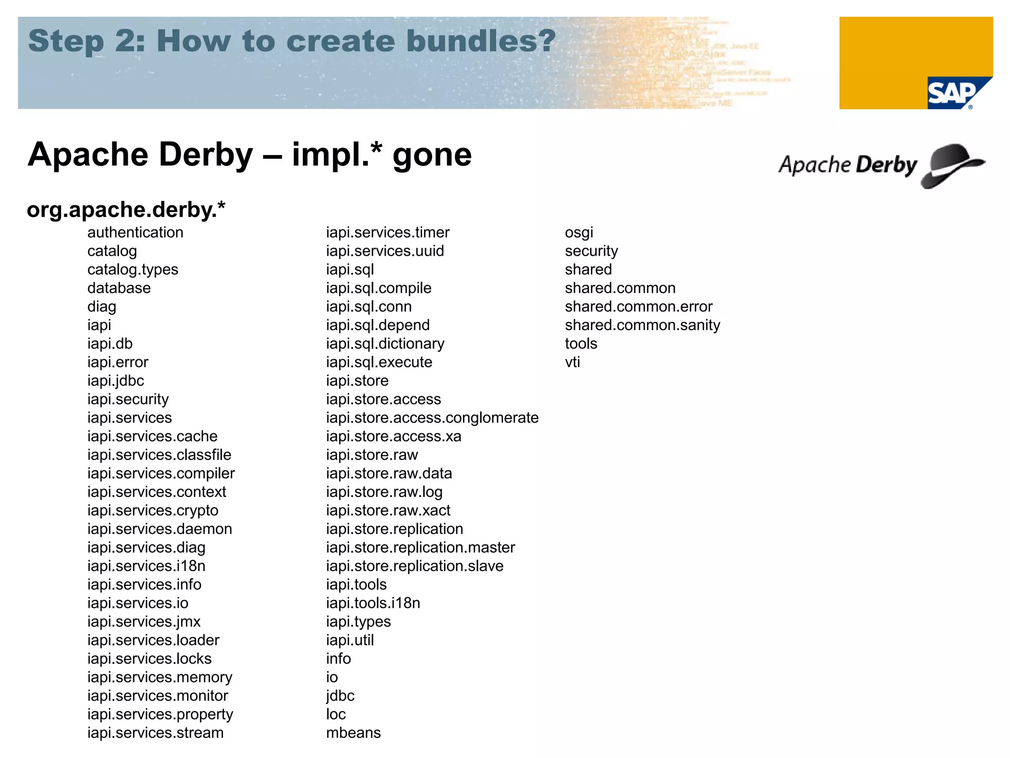 Step 2: How to create bundles?


Apache Derby – impl.* gone
org.apache.derby.*
     authentication            iapi.services.timer              osgi
     catalog                   iapi.services.uuid               security
     catalog.types             iapi.sql                         shared
     database                  iapi.sql.compile                 shared.common
     diag                      iapi.sql.conn                    shared.common.error
     iapi                      iapi.sql.depend                  shared.common.sanity
     iapi.db                   iapi.sql.dictionary              tools
     iapi.error                iapi.sql.execute                 vti
     iapi.jdbc                 iapi.store
     iapi.security             iapi.store.access
     iapi.services             iapi.store.access.conglomerate
     iapi.services.cache       iapi.store.access.xa
     iapi.services.classfile   iapi.store.raw
     iapi.services.compiler    iapi.store.raw.data
     iapi.services.context     iapi.store.raw.log
     iapi.services.crypto      iapi.store.raw.xact
     iapi.services.daemon      iapi.store.replication
     iapi.services.diag        iapi.store.replication.master
     iapi.services.i18n        iapi.store.replication.slave
     iapi.services.info        iapi.tools
     iapi.services.io          iapi.tools.i18n
     iapi.services.jmx         iapi.types
     iapi.services.loader      iapi.util
     iapi.services.locks       info
     iapi.services.memory      io
     iapi.services.monitor     jdbc
     iapi.services.property    loc
     iapi.services.stream      mbeans
 