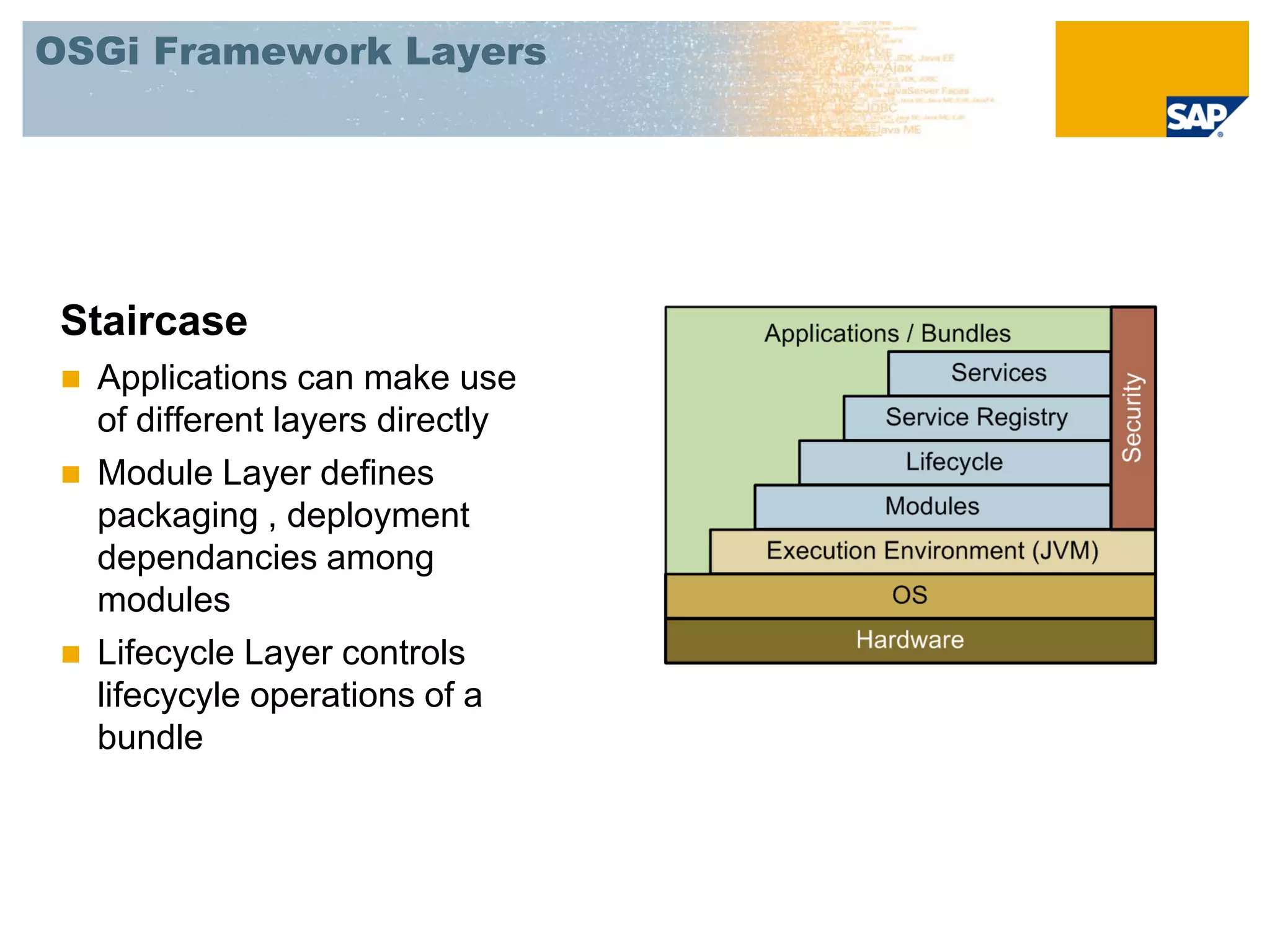 OSGi Framework Layers




 Staircase
    Applications can make use
     of different layers directly
    Module Layer defines
     packaging , deployment
     dependancies among
     modules
    Lifecycle Layer controls
     lifecycyle operations of a
     bundle
 