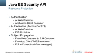 Java EE Security API
        Resource Protection


          Authentication
                    – At Web Container
                    – Application Client Container
          Authorization (Access Control)
                    – At Web Container
                    – EJB Container
          Subject Propagation
                    – From Web Container to EJB Container
                    – From App Client To EJB container
                    – EIS to Connector (inflow messages)


7   Copyright © 2012, Oracle and/or its affiliates. All rights reserved.
 