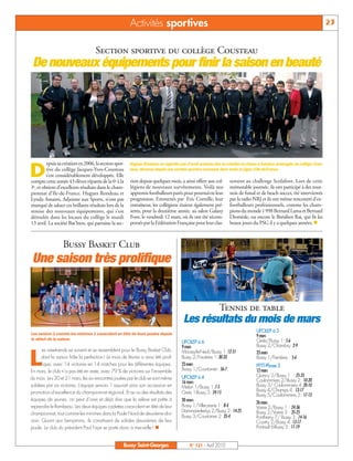 BUSSYMAG 121_GABARIT BUSSYMAG NEW2009 21/04/10 09:29 Page23




                                                                   Activités sportives                                                                                          23


                                               Section sportive du collège Cousteau
            De nouveaux équipements pour finir la saison en beauté




                    epuis sa création en 2006, la section spor- Hugues Rondeau ne regrette pas d’avoir soutenu dès sa création la classe à horaires aménagés du collège Cous-

          D         tive du collège Jacques-Yves-Cousteau teau, devenue depuis une section sportive reconnue dans toute la Ligue d’Ile-de-France.
                    s’est considérablement développée. Elle
           compte cette année 43 élèves répartis de la 6e à la tion depuis quelques mois, a ainsi offert aux col- sement au challenge Scolafoot. Lors de cette
           3e, et obtient d’excellents résultats dans le cham- légiens de nouveaux survêtements. Voilà nos mémorable journée, ils ont participé à des tour-
           pionnat d’Ile-de-France. Hugues Rondeau et apprentis footballeurs parés pour poursuivre leur nois de futsal et de beach soccer, été interviewés
           Lynda Amami, Adjointe aux Sports, n’ont pas progression. Emmenés par Eric Cornille, leur par la radio NRJ et ils ont même rencontré d’ex-
           manqué de saluer ces brillants résultats lors de la entraîneur, les collégiens étaient également pré- footballeurs professionnels, comme les cham-
           remise des nouveaux équipements, qui s’est sents, pour la deuxième année, au salon Galaxy pions du monde 1998 Bernard Lama et Bernard
           déroulée dans les locaux du collège le mardi Foot, le vendredi 12 mars, où ils ont été récom- Diomède, ou encore le Brésilien Rai, qui fit les
           13 avril. La société Bat’Inov, qui parraine la sec- pensés par la Fédération Française pour leur clas- beaux jours du PSG il y a quelques années. n



                             Bussy Basket Club
            Une saison très prolifique


                                                                                                                   Tennis de table
                                                                                               Les résultats du mois de mars
                                                                                                                                        UFOLEP à 3
           Les seniors 1 comme les minimes 1 caracolent en tête de leurs poules depuis
                                                                                                                                        9 mars
           le début de la saison.                                                                                                       Gretz/Bussy 1: 5-6
                                                                                              UFOLEP à 6
                                                                                              9 mars                                    Bussy 2/Chambry: 2-9
                 es week-ends se suivent et se ressemblent pour le Bussy Basket Club,

          L
                                                                                              Moussy-le-Neuf/Bussy 1:12-51              23 mars
                 dont la saison frôle la perfection ! Le mois de février a ainsi été proli-   Bussy 2/Favières 1:30-33                  Bussy 1/Ferrières : 5-6
                 fique, avec 14 victoires en 14 matches pour les différentes équipes.         23 mars                                   FFTT-Phase 2
           En mars, le club n’a pas été en reste, avec 79 % de victoires sur l’ensemble       Bussy 1/Courtomer: 56-7                   12 mars
                                                                                              UFOLEP à 4                                Quincy 2/Bussy 1 : 25-35
           du mois. Les 20 et 21 mars, les six rencontres jouées par le club se sont même                                               Coulommiers 2/Bussy 2: 10-20
                                                                                              16 mars
           soldées par six victoires. L’équipe seniors 1 assurait ainsi son accession en      Melun 1/Bussy 1:7-5                       Bussy 3/ Coulommiers 4:20-10
           promotion d’excellence du championnat régional. Et au vu des résultats des         Gretz 1-Bussy 3: 24-15                    Bussy 4/Champs 4: 13-17
                                                                                                                                        Bussy 5/Coulommiers 5: 17-13
           équipes de jeunes, on peut d’ores et déjà dire que la relève est prête à           30 mars
                                                                                                                                        26 mars
           reprendre le flambeau. Les deux équipes cadettes caracolent en tête de leur        Bussy 1/Villecresne 1: 8-4                Vaires 2/Bussy 1 : 24-36
                                                                                              Dammarie-les-Lys 2/Bussy 2: 14-25         Bussy 2/Vaires 3 : 35-25
           championnat, tout comme les minimes dans la Poule Nord de deuxième divi-
                                                                                              Bussy 3/Courtomer 2: 35-4                 Ponthierry 7/ Bussy 3: 14-16
           sion. Quant aux benjamins, ils constituent de solides deuxièmes de leur                                                      Courtry 2/Bussy 4: 13-17
           poule. Le club du président Paul Faye se porte donc à merveille ! n                                                          Pontault 6-Bussy 5: 11-19


                                                               Bussy Saint-Georges                 N° 121 - Avril 2010
 