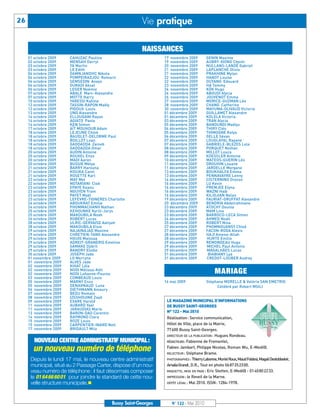 01 octobre 2009    CAHUZAC Pauline                          17 novembre 2009          GENIN Maxime
           02 octobre 2009    MENSAH Darryl                            19 novembre 2009          AUBRY-XIONG Chenti
           03 octobre 2009    YA Martin                                20 novembre 2009          NULLANS-LANOË Gabriel
           03 octobre 2009    LE Edith                                 21 novembre 2009          LAPLANCHE Olivia
           04 octobre 2009    DAMNJANOVIC Nikola                       21 novembre 2009          PRAKHINE Mylan
           04 octobre 2009    POMPEIRADJOU Romaric                     22 novembre 2009          HANOT Louise
           04 octobre 2009    SEMSEDIN Anays                           22 novembre 2009          OUYANG Edouard
           06 octobre 2009    OURADI Aksel                             23 novembre 2009          HA Tommy
           06 octobre 2009    LEGER Noémie                             24 novembre 2009          KÖK Hugo
           07 octobre 2009    ABALE Marc-Alexandre                     26 novembre 2009          ABOUDI Alycia
           07 octobre 2009    MOTTE Harry                              26 novembre 2009          JOUVENOT Emma
           10 octobre 2009    YARESSI Kahina                           27 novembre 2009          MORICE-GUZMAN Léo
           12 octobre 2009    TASSIN-RAPON Maëly                       28 novembre 2009          CHANG Catherine
           12 octobre 2009    PIDOUX Louis                             30 novembre 2009          MAYUMA-OLIVAUD Victoria
           13 octobre 2009    UNG Alexandre                            01 décembre 2009          GUILLAMET Alexandre
           14 octobre 2009    ELLOUGANI Rayan                          01 décembre 2009          KOLELA Victoria
BUSSYMAG122_GABARIT BUSSYMAG NEW2009 26/05/10 18:44 Page26




           14 octobre 2009    AGIATO Paolo                             03 décembre 2009          TRAN Alycia
           14 octobre 2009    KEN Simon                                05 décembre 2009          BANDUNDI Maëlys
           17 octobre 2009    AÏT MOUHOUB Adam                         04 décembre 2009          THIRY Cléo
           18 octobre 2009    LEJEUNE Chloé                            05 décembre 2009          THIMOGNE Kelya
           18 octobre 2009    BAUDLET-DELORME Paul                     06 décembre 2009          GELLE Sévan
           18 octobre 2009    BOILLOT Loan                             07 décembre 2009          LOUGLAYAL Rayane
                                                              Vie pratique




           18 octobre 2009    GADDADDA Zeineb                          07 décembre 2009          GABRIELE-BLEZES Lola
      26




           18 octobre 2009    GADDADDA Omar                            08 décembre 2009          PORQUET Nolhan
           20 octobre 2009    AUDIN Antoine                            08 décembre 2009          MILLOT Louca
           20 octobre 2009    ROUXEL Enzo                              09 décembre 2009          KOESSLER Antoine
           20 octobre 2009    MADI Aaron                               10 décembre 2009          MATEOS-GUERIN Léo
           20 octobre 2009    BUSSIE Mélya                             11 décembre 2009          DROUHIN Louane
           21 octobre 2009    BARRY Harouna                            11 décembre 2009          JARDELLE Morgane
           21 octobre 2009    KISUKA Carel                             13 décembre 2009          BOUKHALFA Emma
                                                              NAISSANCES




           21 octobre 2009    ROSETTE Karl                             13 décembre 2009          PENNAVAYRE Lenny
           22 octobre 2009    MAY Mel                                  14 décembre 2009          CISTERNINO Oronzo
           22 octobre 2009    NOTARIANI Cloé                           16 décembre 2009          LU Kevin
           23 octobre 2009    EPAYE Keanu                              16 décembre 2009          PREMJEE Elyna
           23 octobre 2009    NGUYEN Tram                              16 décembre 2009          WAZNI Hadi
           23 octobre 2009    PAYET Maël                               16 décembre 2009          KILIDJIAN Nolan
           23 octobre 2009    LEFEVRE-TIGNERES Charlotte               19 décembre 2009          FAURIAT-GRUFFAT Alexandre
           24 octobre 2009    ABOUKRAT Emilie                          20 décembre 2009          BENDRIA Abdelrahmane
           24 octobre 2009    PHOMMACHANH Nathan                       23 décembre 2009          ATOCHY Dounia
           25 octobre 2009    KEHOUNKE Kyrill-Jorys                    23 décembre 2009          MAM Lina
           25 octobre 2009    MAKOUBILA Noah                           23 décembre 2009          BARROCO-LECA Simon
           26 octobre 2009    ROBERT Lucas                             24 décembre 2009          AHMED Noah
           28 octobre 2009    ULRIC-GERVAISE Aaliyah                   25 décembre 2009          ROBERT Nina
           28 octobre 2009    MAKOUBILA Elsie                          27 décembre 2009          PHOMNOUANSY Chloé
           29 octobre 2009    NAJAINAJAD Maxime                        27 décembre 2009          FACON-RODA Alexis
           29 octobre 2009    CHRETIEN-TANG Alexandre                  28 décembre 2009          HAJI Amene-Allah
           29 octobre 2009    HGUIG Maïssaa                            28 décembre 2009          HURTE Emilie
           29 octobre 2009    ADREIT-GRANERIS Emeline                  29 décembre 2009          REMONDEAU Hugo
           29 octobre 2009    SAMAKE Djibril                           29 décembre 2009          MICHEL Paul Antonio
           29 octobre 2009    BANDRY Elodie                            29 décembre 2009          MAGALHÂES Lucas
           30 octobre 2009    JOSEPH Jade                              31 décembre 2009           BIABIANY Lya
           01 novembre 2009   LO Merryne                               31 décembre 2009          CREDOT-LOUBER Audrey
           01 novembre 2009   ALVES Jade
           02 novembre 2009   KHIAT Léïa
           02 novembre 2009   NODI Mélissa-Kéti
           02 novembre 2009   NODI Lohanne-Pourou
           03 novembre 2009   COMBEAUD Louis
           05 novembre 2009   MARNY Enzo                               16 mai 2009               Stéphane MORELLE & Valérie SAN EMETRIO
           05 novembre 2009   DENARNAUD Luna                                                          Célébré par Robert MSILI
           06 novembre 2009   DIETHMANN Amaury

                                                                        LE MAGAZINE MUNICIPAL D’INFORMATIONS
           07 novembre 2009   BEDU Romain
           08 novembre 2009   IZEGHOUINE Zayd

                                                                        DE BUSSY SAINT-GEORGES
           09 novembre 2009   EXARE Harold

                                                                        N° 122 - Mai 2010
           11 novembre 2009   AUBARD Yael
           11 novembre 2009   JARAUDIAS Marie

                                                                        Réalisation: Service communication,
           13 novembre 2009   BARON-DAO Corentin

                                                                        Hôtel de Ville, place de la Mairie,
           14 novembre 2009   RAYMOND Clara
           15 novembre 2009   ROZE Louis

                                                                        77600 Bussy Saint-Georges.
           15 novembre 2009   CARPENTIER-INARD Nell

                                                                        DIRECTEUR DE LA PUBLICATION : Hugues Rondeau.
           17 novembre 2009   BRIDAULT Mila


                                                                        RÉDACTEURS: Fabienne de Fromentel,
                                                                        Fabien Jambart, Philippe Nicolas, Roman Wu, E-Medi@.
                                                                        RELECTEUR : Stéphane Brame.
                                                                        PHOTOGRAPHES : Thierry Labonne, Muriel Roux, Maud Foldesi, Magali Destobbeleir,
                                                                        Amalia Grandi , D.R., Tout en photo 0687252300.
                                                                        MAQUETTE, MISE EN PAGE : Eric Stetten, E-Medi@ - 0140802233.
                                                                        IMPRESSION : le Reveil de la Marne.
                                                                        DÉPÔT LÉGAL : Mai 2010. ISSN: 1284-1978.
                                                                                                      MARIAGE




             NOUVEAU CENTRE ADMINISTRATIF MUNICIPAL:
             un nouveau numéro de téléphone
            Depuis le lundi 17 mai, le nouveau centre administratif
            municipal, situé au 2 Passage Carter, dispose d’un nou-
            veau numéro de téléphone : il faut désormais composer
            le 0164666001 pour joindre le standard de cette nou-
            velle structure municipale.n


                                                 Bussy Saint-Georges       N° 122 - Mai 2010
 