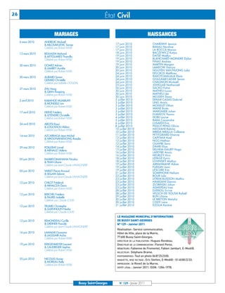 26                                                                  État Civil

                             MARIAGES                                                               NAISSANCES
     6 mars 2010     ANDREJIC Mickaël
                     & MILOSAVLJEVIC Sanije                              17 juin 2010                CHARDINY Jessica
                     Célébré par Robert MSILI                            17 juin 2010                BAKALI Nordine
                                                                         17 juin 2010                LA ROCCA Manon
     13 mars 2010    BELKALEM Mohand                                     18 juin 2010                BACZEWICZ Katya
                     & AITTOUARES Thamilla                               19 juin 2010                DATSE Maëlys
                     Célébré par Robert MSILI                            19 juin 2010                BLANCHARD-MOINDRE Dylan
                                                                         19 juin 2010                FINAS Andréa
     20 mars 2010    GOMEZ Adrien                                        19 juin 2010                MARTIN Morgan
                     & LAMBEY Aurélie                                    20 juin 2010                LAMECHE Daniya
                     Célébré par Robert MSILI                            20 juin 2010                NGUYEN VAN HUONG Luka
                                                                         24 juin 2010                DELCROS Matthieu
     20 mars 2010    AUBARD Simon                                        24 juin 2010                RAKOTOMALALA Elaïa
                     GERARD Christelle                                   24 juin 2010                GOULAMECADAR Sevan
                     Célébré par Isabelle GOUDAL                         24 juin 2010                CHAGNON Mickaël
                                                                         25 juin 2010                JOVELLAR Nathanaël
     27 mars 2010    ZHU Hong                                            26 juin 2010                SACKO Fatim
                     & QIAN Xiaoping                                     30 juin 2010                MATHEU Lucas
                     Célébré par Robert MSILI                            30 juin 2010                MATHEU Léo
                                                                         30 juin 2010                MOJDEH Dona
     2 avril 2010    KABANGE MUABILAYI                                   2 juillet 2010              DEKAR CASAS Gabriel
                     & MONDELE Lim                                       3 juillet 2010              UNG Anaïs
                     Célébré par Robert MSILI                            3 juillet 2010              MOISELET Ethan
                                                                         3 juillet 2010              WANE Binta
     17 avril 2010   HERVE Frédéric                                      3 juillet 2010              WARGNIER Julien
                     & LETENDRE Christelle                               3 juillet 2010              DJAVKOV Yoana
                     Célébré par Robert MSILI                            4 juillet 2010              HOBL Louise
                                                                         5 juillet 2010              BARA Cassandre




                                                                          LE MAGAZINE MUNICIPAL D’INFORMATIONS
     24 avril 2010   ABOTSI Kossi                                        6 juillet 2010              LUSARDI Eva
                                                                         8 juillet 2010              PISSOT-PENG Olivia




                                                                          DE BUSSY SAINT-GEORGES
                     & LOGOSSOU Ablavi
                     Célébré par Robert MSILI                            10 juillet 2010             HACHANI Rahma




                                                                          N° 129 - Janvier 2011
                                                                         10 juillet 2010             MBIDA MBALLA Colleene
     14 mai 2010     AZCARRAGA Jean-Michel                               11 juillet 2010             PETITGIRARD Etienne




                                                                          Réalisation: Service communication,
                     & NHOUYVANISVONG Rosalie                            12 juillet 2010             CAPITANI Axel




                                                                          Hôtel de Ville, place de la Mairie,
                     Célébré par Robert MSILI                            12 juillet 2010             NGO Nathan




                                                                          77600 Bussy Saint-Georges.
                                                                         12 juillet 2010             OUAHBI Sara
                                                                         14 juillet 2010             DAHRI Elias




                                                                          DIRECTEUR DE LA PUBLICATION : Hugues Rondeau.
     29 mai 2010     POILLERAT Lionel
                     & ARNAULT Valérie                                   15 juillet 2010             DELHEM-DAURY Hugo




                                                                          DIRECTEUR DE LA COMMUNICATION : Florent Perez.
                     Célébré par Robert MSILI                            16 juillet 2010             LAPEYRE Anaïs




                                                                          RÉDACTEURS: Fabienne de Fromentel, Fabien Jambart, E-Medi@.
                                                                         16 juillet 2010             HEURLEY Hiro
                                                                         18 juillet 2010             LEPAGE Eynis




                                                                          RELECTEUR : Stéphane Brame.
     05 juin 2010    RAMBELOMANANA Nicolas
                     & TRAN Liliane                                      18 juillet 2010             LOVINSKY Mathys




                                                                          PHOTOGRAPHES : Tout en photo 0687252300.
                     Célébré par Jean-Claude LAMAGNERE                   19 juillet 2010             ARRAHMANE Adam




                                                                          MAQUETTE, MISE EN PAGE : Eric Stetten, E-Medi@ - 0140802233.
                                                                         19 juillet 2010             FUDGIN Joan




                                                                          IMPRESSION : le Reveil de la Marne.
     05 juin 2010    VARLET Pierre-Arnaud                                19 juillet 2010             LESCURE Eva
                                                                         21 juillet 2010             SOMPHONE Noham




                                                                          DÉPÔT LÉGAL : Janvier 2011. ISSN: 1284-1978.
                     & SELLAM Sabine
                     Célébré par Jean-Claude LAMAGNERE                   22 juillet 2010             BOUR Lola
                                                                         23 juillet 2010             LITREM BUISSON Mathis
     12 juin 2010    CHILOT Frédéryk                                     23 juillet 2010             HAMDANI Djenna
                     & MIHALCEA Dana                                     23 juillet 2010             ZLOBINSKI Johan
                     Célébré par Robert MSILI                            23 juillet 2010             ADHEPEAU Ines
                                                                         28 juillet 2010             DJERIOU Sirine
     12 juin 2010    BERCHEL Frédéric                                    28 juillet 2010             VELSCH-DE-SOUSA Rafaël
                     & TAUREL Isabelle                                   29 juillet 2010             BUN Liliane
                     Célébré par Claude LOUIS                            30 juillet 2010             LE BRETON Maïaliz
                                                                         30 juillet 2010             CODY Lana
     12 juin 2010    TRUMEL Christophe                                   31 juillet 2010             EZOUA Kerène
                     & GUENNOUN Nadia
                     Célébré par Claude LOUIS


     12 juin 2010    REMONDEAU Cyrille
                     & GREINER Pascale
                     Célébré par Jean-Claude LAMAGNERE

     16 juin 2010    LAMALMI Oussama
                     & LAGSSAIR Aicha
                     Célébré par Robert MSILI

     19 juin 2010    KERGENMEYER Laurent
                     & CAUDRELIER Sophie
                     Célébré par Robert MSILI


     25 juin 2010    NICOLAS Xavier
                     & MOREAU Kelly
                     Célébré par Robert MSILI




                                                   Bussy Saint-Georges      N° 129 - Janvier 2011
 