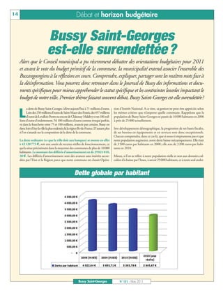 BUSSYMAG131_GABARIT BUSSYMAG NEW2009 31/03/11 10:39 Page14




      14                                                       Débat et horizon budgétaire


                                    Bussy Saint-Georges
                                    est-elle surendettée ?
           Alors que le Conseil municipal a pu récemment débattre des orientations budgétaires pour 2011
           et avant le vote du budget primitif de la commune, la municipalité entend associer l’ensemble des
           Buxangeorgiens à la réflexion en cours. Comprendre, expliquer, partager sont les maîtres mots face à
           la désinformation. Vous pourrez donc retrouver dans le Journal de Bussy des informations et docu-
           ments spécifiques pour mieux appréhender le statut spécifique et les contraintes lourdes impactant le
           budget de notre ville. Premier thème faisant souvent débat, Bussy Saint-Georges est-elle surendettée?


           L
                  a dette de Bussy Saint-Georges s’élève aujourd’hui à 71 millions d’euros.       tion d’Intérêt National. A ce titre, sa gestion ne peut être appréciée selon
                  Loin des 250millions d’euros de Saint-Maur-des-Fossés, des 497millions          les mêmes critères que n’importe quelle commune. Rappelons que la
                  d’euros de Levallois-Perret ou encore de Châtenay-Malabry et ses 186mil-        population de Bussy Saint-Georges est passée de 16000 habitants en 2006
           lions d’euros d’endettement. Ni 100 millions d’euros comme évoqué parfois,             à près de 25000 actuellement.
           ni dans la fourchette entre 75 et 100 millions, avancée par certains. Bussy est
           donc loin d’être la ville la plus endettée de la région Ile-de-France. D’autant plus   Son développement démographique, la progression de ses bases fiscales,
           si l’on s’attarde sur la composition de la dette de la commune.                        de ses besoins en équipements et en services sont donc exceptionnels.
                                                                                                  Chacun comprendra, dans ce cas-là, que si nous n’empruntons pas et que
           La dette ordinaire (ce que la ville doit aux banques) se monte en effet                notre population augmente, notre dette baisse mécaniquement. Elle était
           à 42120775€, soit une année de recettes réelles de fonctionnement, ce                  de 3500 euros par habitants en 2008; elle sera de 3200 euros par habi-
           qui la situe précisément dans la moyenne des communes de plus de 10000                 tants en 2010.
           habitants. Le montant des différés d’amortissement est de 29021010,
           30€. Les différés d'amortissement sont des avances sans intérêts accor-                Mieux, si l’on se réfère à notre population réelle et non aux données cal-
           dées par l'Etat et la Région parce que notre commune est classée Opéra-                culées à la baisse par l’Insee, à savoir 25000 habitants, et à notre seul endet-



                                                              Dette globale par habitant




                                                                 Bussy Saint-Georges                   N° 131 - Mars 2011
 