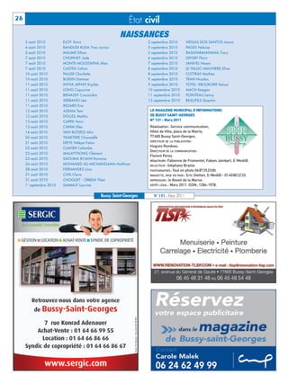 BUSSYMAG131_GABARIT BUSSYMAG NEW2009 31/03/11 10:39 Page26




      26                                                     État civil
                                                        NAISSANCES
           3 août 2010        ELOY Yanis                             2 septembre 2010        VIEGAS DOS SANTOS Joana
           4 août 2010        BANDUDI KUSA Yves-Junior               2 septembre 2010        PAGES Heloïse
           5 août 2010        MAUME Ethan                            3 septembre 2010        RASATARIMANANA Tiary
           7 août 2010        CHOPINET Jade                          6 septembre 2010        LEFORT Flora
           7 août 2010        MONTE-MOUSTAPHA Alex                   7 septembre 2010        JANIVEL Noam
           7 août 2010        CASTEX Celian                          8 septembre 2010        LE TALLEC-MAUVIERE Eline
           10 août 2010       PALLER Charlotte                       8 septembre 2010        COTTRAY Mathéo
           10 août 2010       BOIDIN Damien                          9 septembre 2010        TRAN Nicolas
           11 août 2010       INTHA APHAY Kaylee                     9 septembre 2010        TOTEL- EBOUKORE Keissy
           11 août 2010       LONG Capucine                          10 septembre 2010       MACH Keegan
           11 août 2010       BENASSY Cassandre                      11 septembre 2010       POINTEAU Lenny
           11 août 2010       SERRANO Léa                            13 septembre 2010       BEAUFILS Quentin
           11 août 2010       REZARD Eva
           12 août 2010       AZEMA Tom                               LE MAGAZINE MUNICIPAL D’INFORMATIONS
           12 août 2010       DOUZIL Mathis                           DE BUSSY SAINT-GEORGES
           13 août 2010       CAPPA Yann                              N° 131 - Mars 2011
           13 août 2010       CHHIM Eléa                              Réalisation: Service communication,
           14 août 2010       VAN BUTSÈLE Alix                        Hôtel de Ville, place de la Mairie,
           20 août 2010       YEMETERE Chanaelle                      77600 Bussy Saint-Georges.
                                                                      DIRECTEUR DE LA PUBLICATION :
           21 août 2010       DIEYE Ndèye-Fatou
                                                                      Hugues Rondeau.
           22 août 2010       CLAVIER Colombe
                                                                      DIRECTEUR DE LA COMMUNICATION :
           23 août 2010       MALAYTHONG Clément
                                                                      Florent Perez.
           23 août 2010       SAOUMA BYJANI Romane
                                                                      RÉDACTEURS: Fabienne de Fromentel, Fabien Jambart, E-Medi@.
           26 août 2010       MOHAMED ALI-MICHANGAMA Haïtham          RELECTEUR : Stéphane Brame.
           28 août 2010       FERNANDES Lina                          PHOTOGRAPHES : Tout en photo 0687252300.
           31 août 2010       CIVIL Clara                             MAQUETTE, MISE EN PAGE : Eric Stetten, E-Medi@ - 0140802233.
           31 août 2010       CHOQUET - ORBEM Théo                    IMPRESSION : le Reveil de la Marne.
           1 septembre 2010   SAMMUT Laurine                          DÉPÔT LÉGAL : Mars 2011. ISSN: 1284-1978.
            er




                                               Bussy Saint-Georges      N° 131 - Mars 2011
 