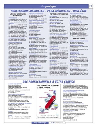 Vie pratique                                                                                                            27

     PROFESSIONS MÉDICALES - PARA-MÉDICALES - BIEN-ÊTRE
   MÉDECINS GÉNÉRALISTES                          MÉDECINS HOMÉOPATHES                          PROFESSIONS PARA-MÉDICALES                        PÉDICURES-PODOLOGUES
                                                  M. Gozlan Michel -Tél. 01 60 17 69 64                                                           Mlle Chardaire Sandrine
       ET SPÉCIALISÉS                             Mme Hoffmann-Raveloson Clara                  DIÉTÉTICIENNE                                     Tél. 01 60 43 16 92 ou 06 72 27 07 53
CARDIOLOGUES                                      Tél. 01 64 66 88 88                           Mme Bertrand Emeline -Tél. 01 64 77 01 42         M. Dessaux Geoffroy -Tél. 01 64 66 78 62
M. Peyrot Jean-Marc -Tél. 01 64 76 47 42          M. Ternon Rodolphe -Tél. 01 64 66 33 33       ERGOTHÉRAPEUTE                                    Mme Olier Marie-Christine -Tél. 0164661484
M. Lussato Philippe -Tél. 01 64 76 47 42          MÉDECIN MÉSOTHÉRAPEUTE                        Mme Raffin -Tél. 06 15 58 38 66                   PSYCHOLOGUES,
Mme Jeunet-Hurreesing -Tél. 0164669121            Dr Taïfor-Bencheikh Fatima -Tél. 0164775904   GRAPHOTHÉRAPEUTE                                  PSYCHOTHÉRAPEUTES,
DENTISTES                                         MÉDECINS NUTRITIONNISTES                      Mme Sirica -Tél. 06 68 60 70 36                   PSYCHANALYSTES
Mme Carret Laurence -Tél. 01 60 94 41 02          Mme Ho-Nguyen Mong-Quyen                                                                        Mme Adélaïde Alexandra -Tél. 0625466661
                                                                                                INFIRMIÈR(E) S                                    Cabinet de Mesdames Ferreira et
Mme Dang Mong-Hoan -Tél. 0164660860               Tél. 01 64 66 07 84                           Cabinet d’infirmières Ajzenberg et
Mme Dang-Vo -Tél. 01 64 66 82 64                  Mme Jugie-Rongier Anne-Sophie                                                                   Jouannaud -Tél. 01 64 66 33 99
                                                                                                Pietrobon -Tél. 01 64 66 42 46                    Mme Gil Catherine - Tél. 06 87 22 62 52
Mme Daviaux Laure -Tél. 01 64 66 95 95            Tél. 01 64 66 04 50                           Mme Corneil - Tél. 01 64 66 17 31
Mme Fourcade -Tél. 01 60 21 01 27                                                                                                                 Mme Hidalgo Thi-Thu -Tél. 06 86 28 41 43
                                                  OPHTALMOLOGISTES                              Mme Dozias-Maerte, Mme Dhaouadi et                Mme Lachkar -Tél. 06 63 77 97 41
M. Jaubert Vincent -Tél. 01 64 66 27 79           M. Bokobza Sébastien                          Mme Publier -Tél. 01 64 66 11 33
M. Naili Abderrahim -Tél. 01 64 66 25 25                                                                                                          Mme Rodier -Tél. 01 64 66 30 69
                                                  Tél. 0164772279                               Bussy Soins infirmers -Tél. 01 64 66 05 77        Mme Sirica Marie -Tél. 01 64 77 51 59
Mme Solinhac Fabienne - Tél. 0164662525           M. Rabah-Benabbas Salim
Mme Suy Youliana -Tél. 01 64 66 82 64                                                           MASSEURS-KINÉSITHÉRAPEUTES                        M. Stecher Alain -Tél. 01 64 66 04 20
                                                  Tél. 0164774961                               Mme Barbé -Tél. 01 64 66 10 12                    Mme Truchet-Addad -Tél. 06 03 20 80 57
Mme Vernier Sandrine -Tél. 01 64 66 25 25
                                                  ORTHODONTISTES                                M. Champrobert Francis -Tél. 0164660902
GYNÉCOLOGUES OBSTÉTRICIENS                        Mme Ho Vo Tuan -Tél. 01 64 66 10 00           M. Chauvel Stéphane -Tél. 09 51 71 55 46
Mme Hozer Brigitte -Tél. 01 64 66 07 89                                                                                                                   BIEN-ÊTRE ET SANTÉ
                                                  Mme Ho Bich -Tél. 01 64 66 10 00              M. Lemaire Cédric -Tél. 01 64 66 10 12
M. Séguret Philippe -Tél. 01 64 66 85 59          Mme Si Kimget -Tél. 01 64 77 50 08            M. Martin Thierry -Tél. 01 64 66 09 39            ENERGIE TRADITIONNELLE CHINOISE
MÉDECINS GÉNÉRALISTES                             M. Tuil Philippe - Tél. 01 64 66 10 00        M. Menigoz Raphäel -Tél. 01 60 94 12 84           M. Baldin -Tél. 01 64 66 12 79
M. Apithy -Tél. 01 64 66 74 88                    PÉDIATRES                                     M. Reichenbach Guillaume                          Mme Meyer -Tél. 06 60 58 80 50
Mme Bachelard Elisabeth                           Mme Buzot Corinne -Tél. 01 64 66 27 16        Tél. 01 60 94 12 84                               RÉFLEXOLOGIE PLANTAIRE
Tél. 01 45 14 66 00                               Mme Seguret Brigitte -Tél. 01 64 66 42 80     NATUROPATHES                                      Mme Barin Véronique -Tél. 01 64 66 35 23
Mme Blin Marie -Tél. 01 45 14 66 00                                                             M. Huyghe Fabrice -Tél. 06 07 09 66 17            ou 06 28 53 59 92
M. Dang Christian -Tél. 01 64 77 10 57            SAGES-FEMMES
                                                  Mme Jacobee Martine -Tél. 01 64 66 22 83      ORTHOPHONISTES                                    Réflexologie plantaire tradition Thaï Lao
Mme Hoffmann-Raveloson Clara                                                                                                                      Tél. 06 84 49 73 45
Tél. 01 64 66 88 88                               Mme Bret Annie -Tél. 01 64 66 22 83           Mme Bertrand Jocelyne -Tél. 0164662009
Mme Ho-Nguyen Mong-Quyen                          Mme Nestile Aliénor -Tél. 01 64 77 13 74      Melle Buet Sylvia - Tél. 0160039285               RELAXOLOGIE ET
Tél. 01 64 66 07 84                               PHARMACIES                                    Mme Duchaussoy Estelle -Tél. 0164772428           NUTRIPUNCTURE
M. Klein Jean-Michel -Tél. 01 64 66 06 09         Pharmacie Ancel -Tél. 01 64 77 29 50          Mme Facundo Frédérique -Tél.: 0164668935          Mme Fayada -Tél. 01 64 76 31 17
M. Le Bozec Jérôme -Tél. 01 45 14 66 00           Pharmacie du Marché - Tél. 0164668569         Mme Grangeard Isabelle -Tél. 0164662009           RELAXATION
Mme Porro Dominique - Tél. 01 64 66 33 33         Pharmacie de La Croix Saint-Georges           Mme Oudin Fabienne -Tél. 01 64 66 20 09           M. Luchez Lucien -Tél. 06 10 87 97 06
M. Renaud Gilles -Tél. 01 45 14 66 00             Tél. 01 64 66 17 96                           Mme Lemaire Diane -Tél. 01 64 66 89 35            Michèle Magnétiseuse -Tél. 06 88 60 04 61
M. Seing Sao -Tél. 01 64 77 29 54                 Pharmacie de la Gare -Tél. 01 64 66 90 07     ORTHOPTISTE                                       Mme Robert Mahnoosh -Tél. 06 70 22 05 65
M. Ternon Rodolphe -Tél. 01 64 66 33 33           Pharmacie du RER -Tél. 01 64 66 90 84         Mme Munch Anne-Lise                               Mme Rouvier Tania -Tél. 06 09 63 02 06
M. Thao François -Tél. 01 64 76 67 12             Pharmacie O Vert -Tél. 01 64 76 30 82         Tél. 01 64 76 63 54 ou 06 73 61 14 46             SHIATSU
Mme Tran Doan Phuong - Tél. 01 64 67 02 56        LABORATOIRES                                  OSTÉOPATHES                                       Mlle Baudouin Stéphanie -Tél. 0643935065
M. Zaghlan Atef -Tél. 01 64 66 76 82              D’ANALYSES MÉDICALES                          Mme Courtois Véronique -Tél. 0164667927           Mme Descroix Stéphane -Tél. 0680333678
MÉDECINS ACUPUNCTEURS                             Dr Rostoker -Tél. 01 64 77 21 21              M. Coste Jean-Louis -Tél. 01 64 66 01 43
M. Seing Sao Tél. 01 64 77 29 54                  Dr Harrabi -Tél. 01 64 66 27 27               M. Faverolle Nicolas -Tél. 01 64 66 79 27         SOPHROLOGUES
Mme Ho-Nguyen Mong-Quyen                                                                        M. Lieuré Benjamin -Tél. 01 60 94 13 63           M. Degrincourt -Tél. 06 71 75 74 16
                                                  RADIOLOGIE
Tél. 01 64 66 07 84                                                                             M. Martin Thierry -Tél. 01 64 66 09 39            Mme Foubert Berlet -Tél. 06 62 32 61 69
                                                  Centre d’imagerie médicale Galilée Tél.                                                         Mme Hedwig Lötscher Chamodon
MÉDECIN ALLERGOLOGUE                              01 64 76 80 94                                Mme Techer Anne -Tél. 06 32 66 24 11
Mme Taifor-Bencheikh Fatima - Tél. 0164775904                                                   M.Teissedre-Dalou François - Tél. 0616303738      Tél. 01 64 66 10 16 ou 06 75 48 87 84
                                                  VÉTÉRINAIRES                                  Mme Trécul Delphine -Tél. 01 64 66 28 92          Mme Nugier Sandrine - Tél. 06 70 07 07 22
MÉDECIN ENDOCRINOLOGUE                            Dr Leroux -Tél. 0164668484
Mme Jugie- Rongier Anne-Sophie                    Dr Lacaze-Masmonteil -Tél. 0164668484
Tél. 01 64 66 04 50


                                  DES PROFESSIONNELS À VOTRE SERVICE
LE SERVICE SOCIAL EFFECTUE:                                                                                                     AIDE JURIDIQUE
Le lundi matin de 9h00 à 12h00,                                                                                                 Un consultant juridique du CCAS en partenariat avec
une permanence sur rendez-vous.                                                                                                 l’AVIMEJ assure une permanence et propose une informa-
Elle sera assurée à tour de rôle par Mme DELASSUS                                                                               tion générale sur les droits et obligations. Il vous reçoit sur
et Mme MOAL, (assistantes sociales).                                                                                            rendez-vous uniquement auprès du CCAS au 0164666192
Pour prendre rendez-vous, vous pouvez contacter le
secrétariat, Mme TAVERNIER,                                                                                                     EGEE (ENTENTE DES GÉNÉRATIONS POUR
au 01 69 67 44 04.                                                                                                              L’EMPLOI ET L’ENTREPRISE)
                                                                                                                                Vous avez un projet de reprise d’entreprise, de création
CAISSE D’ALLOCATIONS FAMILIALES                                                                                                 d’une structure de type artisanal, commercial ou industriel,
Plus de permanences en mairie.                                                                                                  le conseiller de l’association EGEE peut vous accompagner
Accueil sans rendez-vous au 4, rue Saint-Hubert à Chelles,                                                                      dans votre approche.
du lundi au vendredi de 9h à 11h30 et de 14h à 16h30.                                                                           Sur rendez-vous uniquement au 0164666879
Tél. 0164724686
Permanences à Lognes, lundi, mardi et mercredi                                                                                  PETITE ENFANCE
de 9h à 11h30 sur rendez-vous au 0164724686                                                                                     Des permanences et consultations du
                                                                                                                                Service Santé Petite Enfance (anciennement PMI)
PSYCHOLOGUE POUR ENFANTS ET ADOLESCENTS                                                                                         vous sont proposées au Relais Assistante Maternelles
Melle Binot vous reçoit: mercredi de 9h                                                                                         (11 rue de la Pyramide) avec Mme Brault, infirmière puéricultrice,
à 13h et de 14h à 18h, jeudi et
vendredi de 14h30 à 18h30 et un samedi par mois                                                                                 sur rendez-vous au 0164772885 ou 0169674451 ou 52,
de 9h à 13h.                                                                                                                    et/ou le Docteur Le Calvez, sur rendez-vous au 0164772885.
Sur rendez-vous uniquement au 0684514242                                                                                        En cas d'urgence, vous pouvez contacter le secrétariat du
                                                                                                                                Service Santé Petite Enfance à Noisiel
NOTAIRE                                                                                                                         au 0169674451 ou 52.
Permanence notaire le mercredi matin en mairie
Sur rendez-vous uniquement au 0164666816                                                                                        Consultation de planification par le Docteur Marinier,
                                                                                                                                du lundi au jeudi de 9h à 12 h 30 et de 14h à 17h
AVOCAT                                                                                                                          (fermé au public le mardi après-midi)
Permanence le 1er jeudi de chaque mois de 16h à 18h.                                                                            avec ou sans rendez-vous.
Sans rendez-vous. Renseignements au 0164662424                                                                                  Renseignements auprès
                                                                                                                                du secrétariat au 01 69 67 31 68

                                                             Bussy Saint-Georges                  N° 137 - Octobre 2011
 