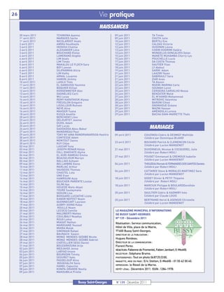 30 mars 2011     TCHINONA Ayanna                       09 juin 2011                  TA Timéo
     1er avril 2011   MARQUES Sacha                         09 juin 2011                  CHUTH Julie
     1er avril 2011   NICOLARDOT Anaïs                      10 juin 2011                  BERTILI Eva
     3 avril 2011     AMIRA Houdheyfa                       12 juin 2011                  CALDAS Victoria
     3 avril 2011     HEDIOUI Chaïma                        12 juin 2011                  HUGONIN Léona
     3 avril 2011     ALEXANDER Léna                        13 juin 2011                  CHEMI KOGRIMI Hatâra
     3 avril 2011     BOUCHAND Eloïse                       13 juin 2011                  MONDELUS GONCALVES Dylan
     4 avril 2011     LAMERAND Angèle                       15 juin 2011                  MANETE MUHAMBA Cherry-Lys
     4 avril 2011     LIM Anaïs                             15 juin 2011                  POUCHELLE Lucie
     4 avril 2011     LIM Timéo                             17 juin 2011                  DA COSTA Thomas
     5 avril 2011     MAKALOU LE FLOCH Sara                 18 juin 2011                  GAUTIER Ylian
     6 avril 2011     BOY Loevan                            18 juin 2011                  LY Abdoul
     6 avril 2011     SILIPANNHA Alicia                     19 juin 2011                  GARNI Adam
     7 avril 2011     LIM Kathy                             21 juin 2011                  LAAZIRI Yazan
     8 avril 2011     ARNAL Louanne                         21 juin 2011                  GABIRAULT Sara
     8 avril 2011     HAMON Jérémy                          21 juin 2011                  ZIAR Anas
     10 avril 2011    LAIGLE Théo                           22 juin 2011                  TA Alyson
     11 avril 2011    EL GAMOUSSI Yasmine                   22 juin 2011                  NSEMI-MARINA Carla
     11 avril 2011    BOQUIER Killian                       22 juin 2011                  SOUMAH Lenni
     12 avril 2011    KERGENMEYER Alex                      25 juin 2011                  CERDEIRA CARVALHO Nessa
     13 avril 2011    DAGNELIES Carli                       26 juin 2011                  BENZATER Walid
     14 avril 2011    WU Lucas                              27 juin 2011                  EL M’HAMDI Mohammed
     14 avril 2011    REMY KARATAVUK Alyssa                 28 juin 2011                  MITROVIC Valentina
26                                                Vie pratique




     15 avril 2011    FREUSLON Grégoire                     28 juin 2011                  BARONI Clhoé
     16 avril 2011    LISSILLOUR Romain                     28 juin 2011                  GNONHOUE Océane
     16 avril 2011    NEVE Alice                            29 juin 2011                  WAZNI Hassan
     16 avril 2011    MAHSER Tuana                          29 juin 2011                  AMENDOLA Lorena
                                                  NAISSANCES




     18 avril 2011    KUSZA Anaëlle                         29 juin 2011                  BACHA GIAN-MARIETTE Thaïs
     20 avril 2011    BERCHENY Lilou
     23 avril 2011    DELOURTET Jeanne
     24 avril 2011    DUHIL Adam
     25 avril 2011    SAY Lucas
     26 avril 2011    GADDADDA Abou-Bakar
     27 avril 2011    MANDINEAU Paul
     29 avril 2011    TOKY NY AINA RANDRIANARISOA Hanitra   09 avril 2011          COUZINOU Cédric & DESMIDT Mathilde
     30 avril 2011    COMTESSE Adam                                                Célébré par Dominique BIJARD
     30 avril 2011    MONTOUT Saona
                                                            23 avril 2011          BOUVARD Patrick & CLEMENCON Cécile
                                                                                   Célébré par Lucien MANGENOT
     30 avril 2011    KUY Célya
     02 mai 2011      LASCAR Yuna
     03 mai 2011      JOSEPH RENAR Kézya                    21 mai 2011            DUVERNEUIL Nicolas & COCQUEREL Julie
     03 mai 2011      FALL DIAKHATE Alyma                                          Célébré par Robert MSILI
     04 mai 2011      EL ASRI-RAMEAU Emma
                                                            27 mai 2011            POUGET Emmanuel & CREMOUX Isabelle
                                                                                   Célébré par Lucien MANGENOT
     04 mai 2011      BEAUSEJOUR Marvyn
     05 mai 2011      NALLIAH Ashwan
     09 mai 2011      BELLARBRE Elena                       04 juin 2011           THOUZEAU Romain & FERNANDES DOS SANTOS Daniela
     10 mai 2011      MARLIAC Arthur                                               Célébré par Robert MSILI
     11 mai 2011      VAUGEOIS Thomas                       04 juin 2011           CATTAREE Steve & MORALES MARTINEZ Sara
                                                                                   Célébré par Lucien MANGENOT
     12 mai 2011      CHASTEL Lola
     13 mai 2011      UNG Evan
     14 mai 2011      HAMROUNI Azza                         18 juin 2011           GODET Olivier & PETIT Thipaine
     14 mai 2011      BOUCHER-PARENTE Louise                                       Célébré par Robert MSILI
     14 mai 2011      SILINI Aya                            18 juin 2011           MARCIUK Philippe & BOULARDDorothée
     15 mai 2011      HOUEDE Niels-Akyel                                           Célébré par Robert MSILI
     16 mai 2011      TOURE Souleymane
     16 mai 2011      SEGUIN Lisa                           25 juin 2011           GAULTIER Cédric & KADMIRY Inès
     17 mai 2011      BOISSARD-LUCIATHE Lizzie                                     Célébré par Claude LOUIS
     18 mai 2011      KANOR NEPOST Noam                     25 juin 2011           BERTRAND Hervé & ASENSIO Christelle
     18 mai 2011      QUENNECART Laureen                                           Célébré par Lucien MANGENOT
     19 mai 2011      AUBRY-XIONG Kalya

                                                            LE MAGAZINE MUNICIPAL D’INFORMATIONS
     20 mai 2011      ROULLE Noam

                                                            DE BUSSY SAINT-GEORGES
     20 mai 2011      LECOCQ Camille

                                                            N° 139 - Décembre 2011
     21 mai 2011      MALOBERTI Matteo
                                                                                        MARIAGES




     25 mai 2011      COULIBALY Noadiya

                                                            Réalisation: Service communication,
     26 mai 2011      ROUX Loëva

                                                            Hôtel de Ville, place de la Mairie,
     26 mai 2011      MIAGAT Nathan
     26 mai 2011      MAROUANE Youssef

                                                            77600 Bussy Saint-Georges.
     26 mai 2011      MHIRA Malak

                                                            DIRECTEUR DE LA PUBLICATION :
     27 mai 2011      SIMONIAN Rafael

                                                            Hugues Rondeau.
     27 mai 2011      BAUNACH Swann

                                                            DIRECTEUR DE LA COMMUNICATION :
     28 mai 2011      MONIZ MENDES-SEDIBE Nicole
     28 mai 2011      MONIZ MENDES-SEDIBE Gabriel

                                                            Florent Perez.
     29 mai 2011      CHÂTELLIER SEGU Daniel

                                                            RÉDACTEURS: Fabienne de Fromentel, Fabien Jambart, E-Medi@.
     31 mai 2011      BOUZARKOUNA Arije

                                                            RELECTEUR : Stéphane Brame.
     02 juin 2011     MEDJAHDI Jenna
     03 juin 2011     LABYAD Imane

                                                            PHOTOGRAPHES : Tout en photo 0687252300.
     04 juin 2011     BOURGOIN Timmy

                                                            MAQUETTE, MISE EN PAGE : Eric Stetten, E-Medi@ - 01 55 62 00 40.
     05 juin 2011     SEGURET Ilyès

                                                            IMPRESSION : le Reveil de la Marne.
     06 juin 2011     PASDELOUP Alice
     07 juin 2011     BOUKHALFA Yanis

                                                            DÉPÔT LÉGAL : Décembre 2011. ISSN: 1284-1978.
     07 juin 2011     HAMEL Capucine
     08 juin 2011     KONPA-GRANDE Noelia
     09 juin 2011     MAKOUBILA Prielle


                                    Bussy Saint-Georges      N° 139 - Décembre 2011
 
